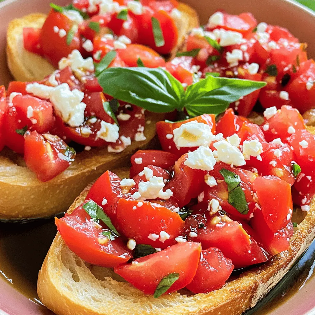For a great Tomato Basil Bruschetta, you need fresh, simple ingredients. Here’s what you’ll need: - 6 ripe Roma tomatoes, finely diced - 1 cup fresh basil leaves, roughly chopped - 3 cloves garlic, finely minced - 1 tablespoon balsamic vinegar - 3 tablespoons extra-virgin olive oil, divided - Salt and freshly cracked black pepper, to taste - 1 French baguette, cut into 1/2-inch thick slices These items create the classic taste you want. The tomatoes give sweetness, while basil adds a bright flavor. Garlic adds a nice kick. Olive oil enriches the dish, and balsamic vinegar brings it all together. You can boost your bruschetta with a few extra ingredients. Try these for added flavor: - 1/4 cup crumbled feta cheese Feta adds creaminess and tang. It elevates the dish, making it even more special. Choosing the right tomatoes and basil is key. Follow these tips: - Tomatoes: Look for ripe Roma tomatoes. They should feel firm but not hard. A rich red color means they are ready. - Basil: Choose fresh basil leaves that are bright green and fragrant. Avoid wilted or brown leaves. Fresh ingredients make a big difference in taste. Use the best you can find for the best results. For the full recipe, check out [Full Recipe]. First, gather your ingredients. You will need ripe Roma tomatoes, fresh basil, garlic, balsamic vinegar, olive oil, salt, and pepper. Start by finely dicing the tomatoes. You want them small to fit nicely on the bread. Next, roughly chop the basil leaves. Mince the garlic cloves until they are very tiny. In a large mixing bowl, combine the diced tomatoes, chopped basil, and minced garlic. Pour in the balsamic vinegar and 2 tablespoons of olive oil. Add a pinch of salt and some freshly cracked black pepper. Gently mix all the ingredients. Let this mixture sit for 10-15 minutes. This resting time helps the flavors blend together beautifully. While the tomato mix rests, it's time to toast the baguette. Preheat your oven to 400°F (200°C). Arrange the baguette slices on a baking sheet. Use a brush to coat one side of each slice with the last tablespoon of olive oil. Make sure to cover the slices well. Toast the baguette in the oven for about 5-7 minutes. Watch them closely until they turn golden brown and crispy. Once they are ready, take them out and let them cool for a few minutes. Now, it’s time to put everything together. Take a toasted baguette slice and spoon a generous amount of the tomato mixture onto it. Spread it evenly for a nice look. If you want, sprinkle crumbled feta cheese on top for extra flavor. This adds a beautiful tangy taste. Serve your bruschetta right away. Garnish with a fresh basil leaf for a lovely touch. Enjoy this vibrant and tasty appetizer with friends or family. Check out the Full Recipe for more tips! To make your bruschetta burst with flavor, focus on your ingredients. Use only the ripest Roma tomatoes. Their sweetness shines in this dish. Fresh basil is a must; it adds a fragrant note. If you want extra zing, add more garlic. A splash of balsamic vinegar boosts the whole dish. Don't forget the olive oil; it brings richness and depth. Try adding a sprinkle of red pepper flakes for heat. Experiment with the optional feta cheese for a creamy touch. When serving bruschetta, presentation matters. Use a large, beautiful platter to display your work. Arrange the pieces in a neat, colorful way. Drizzle a little balsamic reduction over the top for extra flair. Always serve bruschetta right after making it. This keeps the bread crispy and the toppings fresh. Garnish with whole basil leaves for a pop of color. If you have leftovers, keep the topping and bread separate. This helps each element stay fresh. Bruschetta pairs well with many drinks and dishes. A crisp white wine, like Pinot Grigio, complements the tomatoes. If you prefer red, try a light Chianti. For a non-alcoholic option, serve sparkling water with lemon. Bruschetta also makes a great starter for a meal. It goes well with grilled meats or pasta dishes. You can also serve it alongside a fresh salad. For a fun twist, enjoy bruschetta with a cheese board. Each pairing enhances the fresh flavors of the dish. For the full recipe, check out the recipe above! {{image_4}} Tomato basil bruschetta is easy to make for everyone. For a vegetarian option, use the basic recipe. The tomatoes and basil shine without meat. To make it vegan, skip any cheese. Instead, add a sprinkle of nutritional yeast for a cheesy taste. This keeps the dish light and fresh. You can change up the toppings for a fun twist. Try adding diced avocado for creaminess. Or, mix in some olives for a salty kick. If you like heat, add sliced jalapeños. You can even top with roasted red peppers for a sweet touch. These changes make each bite exciting and new. The bread choice can change the whole dish. A French baguette works well, but don't stop there. Try ciabatta for a chewy texture. You can also use whole-grain bread for added fiber. For a gluten-free option, use almond flour bread. Each type of bread adds its own charm to the bruschetta. If you want to explore the full recipe, check out the heavenly tomato basil bruschetta section above. To store leftover bruschetta, place it in an airtight container. Keep the tomato mixture and toasted bread separate. This helps maintain the bread's crispiness. You can store the tomato mix in the fridge for up to three days. The toasted baguette should only be stored for one day. If the bread gets soft, you can re-toast it. To reheat the toasted baguette, preheat your oven to 350°F (175°C). Place the bread slices on a baking sheet. Heat them for about 5 minutes. This will refresh the crunch without burning them. Avoid using the microwave, as it makes the bread chewy. The fresh ingredients in your bruschetta have varying shelf lives. Ripe Roma tomatoes can last about a week on your counter. Fresh basil stays good for about five days in the fridge. Garlic can keep for several weeks if stored in a cool, dry place. Olive oil has a longer shelf life, about two years, if kept sealed and away from light. Check the Full Recipe for more details on preparing this delicious dish! You can keep homemade bruschetta for about 1 day in the fridge. After that, the bread gets soggy. Store the tomato mix separately from the bread. This keeps both fresh longer. Yes, you can prepare the tomato mix in advance. Just wait to toast the bread until you are ready to serve. This way, your bruschetta stays crisp and tasty. Roma tomatoes are best for bruschetta. They have fewer seeds and are very juicy. You can also use heirloom tomatoes for great flavor. Look for ripe tomatoes with rich color for the best taste. In this post, we covered how to make delicious tomato basil bruschetta. You learned about key and optional ingredients, plus how to pick the best tomatoes and basil. The step-by-step guide showed you how to prepare, toast, and assemble your bruschetta. We also discussed tips for serving, flavor pairings, and variations for different diets. Remember, fresh ingredients lead to the best taste. Enjoy making bruschetta for friends and family!