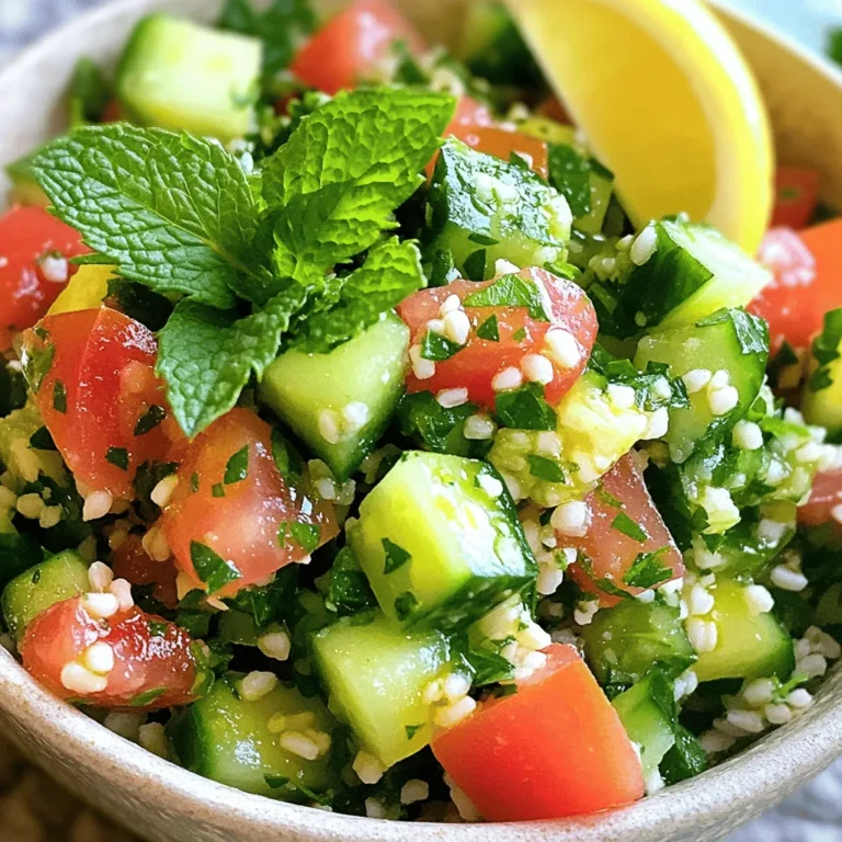 To make Classic Tabouli Salad, you need fresh and simple items. Here’s what you will use: - 1 cup bulgur wheat, thoroughly rinsed and drained - 2 cups boiling water - 1 cup fresh parsley, finely chopped - 1/2 cup fresh mint leaves, finely chopped - 2 medium ripe tomatoes, diced into small pieces - 1 small cucumber, diced - 1/4 cup red onion, finely chopped - 1/4 cup high-quality olive oil - 3 tablespoons freshly squeezed lemon juice - Salt and freshly cracked black pepper to taste Using the best ingredients makes a big difference. Fresh parsley and mint give the salad a bright taste. Choose ripe tomatoes for sweetness and juicy texture. The cucumber adds crunch. Always use extra virgin olive oil for rich flavor. Freshly squeezed lemon juice brightens the dish. When you use high-quality and fresh ingredients, your tabouli will shine. Not everyone can eat bulgur wheat. For a gluten-free option, use quinoa instead. If you don’t like mint, try using basil or cilantro for a twist. You can add bell peppers or radishes if you want more crunch. This salad is flexible, so feel free to adjust based on your needs. For the full recipe, check the details above. Start by rinsing the bulgur wheat in cold water. This helps remove any dust. Next, place the rinsed bulgur in a large bowl. Pour two cups of boiling water over the bulgur. Ensure all the grains are covered. Cover the bowl tightly with a lid or plastic wrap. Let it soak for 20 to 30 minutes. This time allows the bulgur to absorb the water and soften. After soaking, fluff the bulgur gently with a fork. This helps keep the grains separate and light. Once the bulgur has cooled to room temperature, it’s time to mix in the veggies. Add the finely chopped parsley and mint to the bulgur. Next, toss in the diced tomatoes, cucumber, and red onion. Stir everything gently to mix the vegetables evenly throughout the bulgur. Now, it’s time to add the dressing. Drizzle high-quality olive oil and freshly squeezed lemon juice over the mixture. Season with salt and freshly cracked black pepper to taste. This step brings all the flavors together. Using a large spoon or spatula, carefully toss all the ingredients. Make sure everything is well combined. Taste the salad and check the seasoning. If it needs more flavor, add a bit more lemon juice or salt. It’s important to adjust the taste to your liking. For the best results, cover the salad and chill it in the fridge. Let it marinate for at least 30 minutes. This resting time helps the flavors blend beautifully. For a lovely presentation, serve the tabouli in chilled bowls. Garnish with fresh mint and a lemon wedge. Enjoy this refreshing dish! To get the best texture in your tabouli salad, start with bulgur wheat. Use fine bulgur for a softer bite. Soak it in boiling water, as the recipe suggests. This makes it fluffy and light. After soaking, fluff the grains gently with a fork. Be careful not to mash them. Tabouli salad pairs well with many dishes. Serve it alongside grilled chicken or fish. The fresh herbs brighten up rich flavors. You can also enjoy it with pita bread and hummus for a light meal. For a twist, add feta cheese for a salty bite. Letting tabouli chill is key for flavor. After mixing, cover the salad and place it in the fridge for at least 30 minutes. This allows the herbs to release their oils and flavors. The longer it chills, the better it tastes. Enjoy this refreshing dish with friends or family. You can find the full recipe in the main article. {{image_4}} You can play with the herbs in tabouli. Besides parsley and mint, try basil or cilantro. These herbs add fresh flavors. You can also mix in veggies like bell peppers or radishes. They bring extra crunch and color. For a twist, add roasted red peppers for a smoky taste. Tabouli is easy to make vegan. Just stick to the basic ingredients. If you want a gluten-free option, swap bulgur wheat with quinoa or cauliflower rice. Both options work well and keep the dish light and healthy. While lemon juice and olive oil are classic, you can switch things up. Try adding tahini for creaminess or balsamic vinegar for sweetness. You can even mix in yogurt for a tangy twist. Each dressing gives a new flavor to the salad. For the full recipe, check out the [Full Recipe]. To store leftover tabouli salad, place it in an airtight container. This keeps the salad fresh and prevents odors from other foods. Make sure to press out any extra air before sealing the container. Tabouli salad lasts about 3 to 5 days in the fridge. The fresh herbs and veggies stay crisp for a few days. However, the flavors meld and get better over time. Check for any signs of spoilage before eating. Freezing tabouli salad is not ideal because it affects texture. If you must freeze it, use a freezer-safe container. Thaw it in the fridge overnight when ready to eat. Expect some sogginess due to the veggies losing water. For best results, enjoy your tabouli fresh. You can find the Full Recipe [here](#). Tabouli salad comes from the Middle East. It is a traditional dish from Lebanon and Syria. The name "tabouli" means "seasoned" in Arabic. It is made with bulgur, fresh herbs, and vegetables. People have enjoyed tabouli for centuries. It reflects the region's love for fresh, healthy foods. Yes, you can make tabouli salad ahead of time. In fact, it tastes better after resting. Allowing it to sit helps the flavors blend well. I recommend chilling it in the fridge for at least 30 minutes. You can make it a day before serving. Just store it in an airtight container. Avoid adding too much salt until serving time. To make tabouli gluten-free, simply replace bulgur wheat. Use quinoa as a great substitute. Quinoa cooks easily and has a nice texture. Prepare it the same way as bulgur. Rinse it, cook it, and then mix it with the veggies. You’ll still enjoy a fresh and tasty salad. For the full recipe, check out the detailed steps above. In this blog post, we explored the key ingredients for classic tabouli salad and their quality. We provided step-by-step instructions for making it perfectly. Tips for texture and flavor help make it stand out. Variations show you how to adapt to dietary needs and preferences. Lastly, we covered storage methods and answered common questions. Tabouli salad is fun to make and share. With these tips, you can enjoy this dish for any meal!