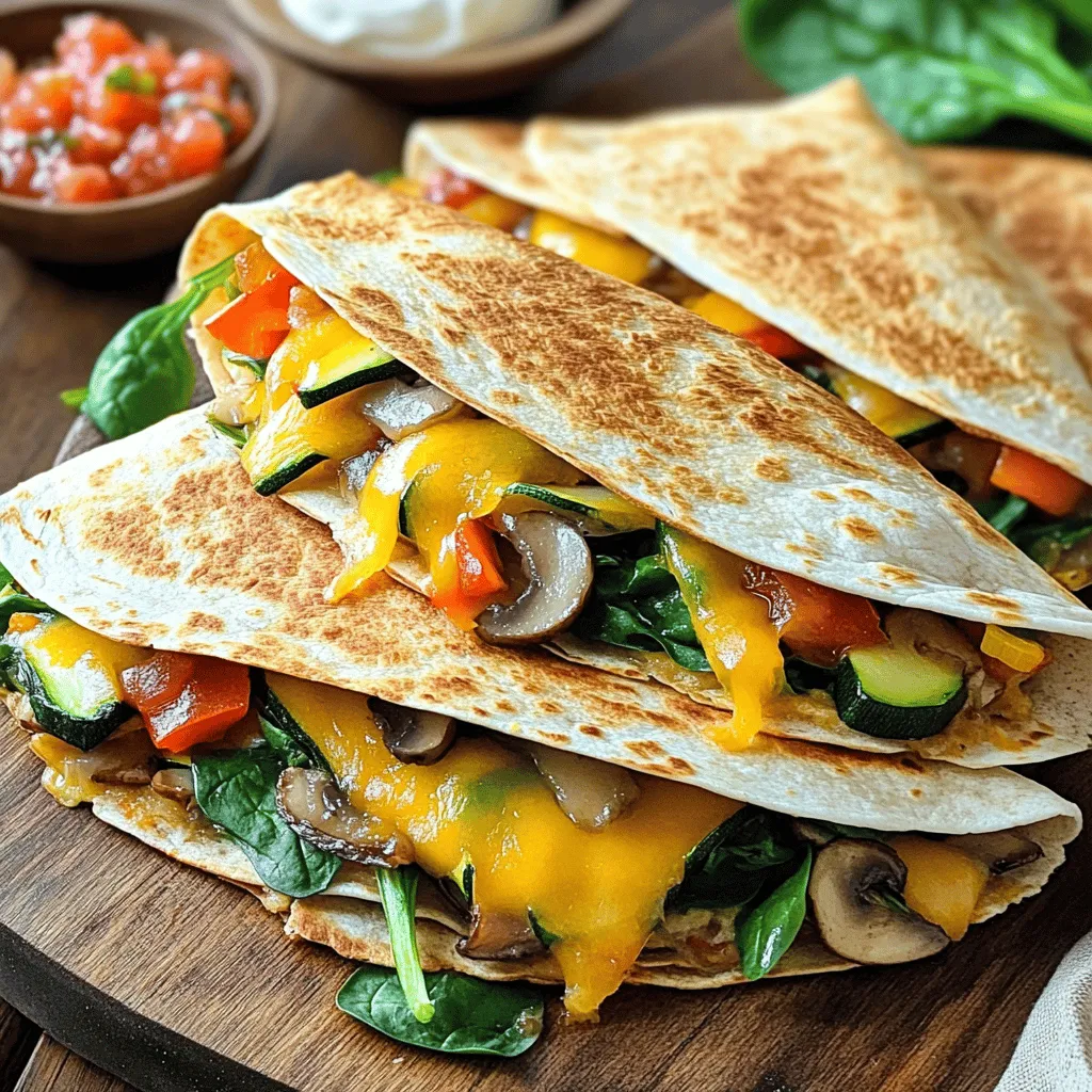 To make loaded veggie quesadillas, you need a few key ingredients. Each one plays a role in creating that tasty flavor. Here’s what you’ll need: - 4 large whole wheat tortillas - 1 cup bell peppers, diced (mix of red, yellow, and green for color) - 1 cup zucchini, thinly sliced - 1 cup mushrooms, sliced - 1 cup fresh spinach leaves, roughly chopped - 1 cup shredded cheese (a delicious blend of Cheddar and Monterey Jack) - 1 small red onion, sliced thinly - 2 cloves garlic, minced - 1 tablespoon olive oil - 1 teaspoon ground cumin - 1 teaspoon smoked paprika - Salt and pepper, to taste - Salsa and sour cream, for serving These ingredients make the quesadillas colorful and full of flavor. The whole wheat tortillas add a nice texture. Fresh veggies give a crunch and a lot of vitamins. The cheese melts perfectly, making each bite creamy. Spices like cumin and smoked paprika bring warmth and depth. For a complete guide, check out the Full Recipe. Enjoy exploring the flavors in each bite! Start by heating the olive oil in a large skillet over medium heat. Once hot, add the sliced red onion and minced garlic. Sauté for 2-3 minutes until the onion is soft and fragrant. Next, add the diced bell peppers, sliced zucchini, and mushrooms to the pan. Cook for 5-7 minutes, stirring often, until all the veggies are tender. Now, stir in the fresh spinach leaves along with cumin, smoked paprika, salt, and pepper. Mix well and cook for about 2 more minutes until the spinach wilts. Remove the skillet from heat, and your veggie mixture is ready. On a clean surface, lay out two whole wheat tortillas. Sprinkle half of the shredded cheese evenly on each tortilla. Layer the sautéed veggie mixture over the cheese. Then, top the veggies with the remaining cheese. Carefully place another tortilla on top of each to form complete quesadillas. Heat a non-stick skillet over medium heat. When the skillet is hot, gently transfer one quesadilla into the pan. Cook for about 3-4 minutes on each side until the tortillas are golden brown and crispy, and the cheese melts perfectly. Once done, repeat the cooking with the second quesadilla. Slice both quesadillas into wedges for easy serving. Plate the wedges and serve them hot with salsa and sour cream for dipping. For the full recipe, check out the details above. Enjoy your meal! To make crispy quesadillas, heat your skillet to medium. This gives a good sear without burning. Cook each quesadilla for about 3-4 minutes on each side. Watch closely for that golden-brown color. A non-stick skillet works best. It helps prevent sticking and makes flipping easier. Want some heat? Add jalapeños or chili powder to the veggie mix. You can also try spices like cayenne for a kick. For cheese lovers, mix it up! Use pepper jack for spice or mozzarella for a milder taste. These tweaks add fun flavors and keep each bite exciting. {{image_4}} You can change the veggies in loaded veggie quesadillas based on what you like. Seasonal vegetables are great options. Try using butternut squash in fall or asparagus in spring. These changes keep the dish fresh and exciting. If you want more protein, add beans or lentils. Black beans work well and give a nice flavor. Lentils add texture and help fill you up. Mix and match vegetables and proteins to suit your taste. If you need a gluten-free option, look for corn or rice tortillas. These can replace whole wheat tortillas easily. Many stores offer these choices, so you will find them without trouble. Just make sure to check the labels for any gluten. Enjoy your quesadillas without worry! For the full recipe, check out the details above. To keep your leftover quesadillas fresh, let them cool first. Then, wrap each quesadilla in plastic wrap or foil. Place them in an airtight container. You can store them in the fridge for up to three days. When you're ready to eat, reheat them in a skillet over medium heat. Cook for about 3-4 minutes on each side until hot and crispy. You can also use the oven. Set it to 350°F (175°C) and bake for 10-15 minutes. This keeps them nice and crunchy. If you want to save quesadillas for longer, you can freeze them. Wrap each one tightly in plastic wrap, then place them in a freezer-safe bag. They will last up to three months in the freezer. When you want to eat them, just thaw in the fridge overnight before reheating. Leftover veggie quesadillas can last in the fridge for about three days. After that, they may lose taste and texture. Always check for any signs of spoilage before eating. If they smell off or look different, it's best to throw them away. Enjoy your quesadillas fresh for the best flavor! You can serve loaded veggie quesadillas with tasty dips like salsa and guacamole. Salsa adds a refreshing burst of flavor. Guacamole brings a creamy texture that balances the crunch of the quesadillas. You might also try sour cream for a cool, tangy touch. Fresh cilantro or avocado slices can enhance the dish too. Yes, you can make these quesadillas in advance. Prepare the veggie filling ahead of time and store it in the fridge. When it's time to cook, just assemble and heat. To reheat, use a skillet to maintain that crispy texture. Heat them on medium until warmed through. This method ensures they stay delicious. To make a vegan version, swap out dairy cheese for plant-based cheese. Many brands offer tasty vegan options that melt well. You can also add more veggies like corn or black beans for extra flavor and texture. Nutritional yeast can provide a cheesy flavor, too. Enjoy your vegan quesadillas with salsa or guacamole for a perfect finish. You can now make delicious loaded veggie quesadillas with ease. We discussed the best ingredients, like whole wheat tortillas and fresh vegetables. I shared clear steps for preparation, cooking, and perfect assembly. You learned tips for achieving that crispy texture and ways to alter the recipe for your tastes. In conclusion, with simple ingredients and steps, you can enjoy a tasty meal. Get creative with your flavors and enjoy your cooking journey!