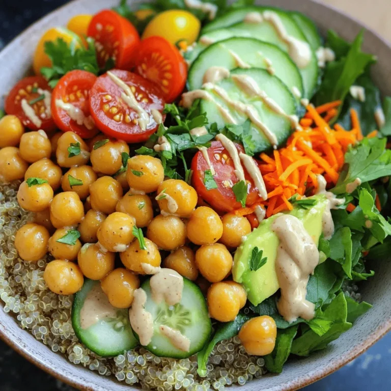 - 1 can (15 oz) chickpeas, thoroughly drained and rinsed - 1 cup quinoa, rinsed and drained - 2 cups vegetable broth (or water) - 1 ripe avocado, elegantly sliced - 1 cup cherry tomatoes, halved for a burst of flavor - 1 fresh cucumber, diced into bite-sized pieces - 1 cup baby spinach or a mix of colorful greens - 1 medium carrot, finely grated for a crunchy texture - 2 tablespoons tahini, for a rich, nutty flavor - 2 tablespoons fresh lemon juice, for brightness - 1 tablespoon extra virgin olive oil - 1 teaspoon garlic powder, to enhance the taste - Salt and black pepper, to taste - Fresh parsley or cilantro, chopped, for garnish The chickpeas are a great source of protein. They add a nice texture too. Quinoa is packed with nutrients and is gluten-free. Fresh vegetables bring color and crunch. The dressing ties all the flavors together. I love using tahini for its creamy and nutty taste. - Protein options like grilled chicken or tofu - Additional toppings such as seeds or nuts You can boost the protein with grilled chicken or tofu. Seeds like pumpkin or sunflower add a nice crunch. Nuts can also give extra flavor and texture. These add-ins make the bowl even more filling. - Medium saucepan - Non-stick skillet - Serving bowls You need a medium saucepan for cooking quinoa. A non-stick skillet is great for sautéing chickpeas. Finally, serving bowls will showcase your beautiful Buddha bowl. Using the right tools makes cooking easier and more fun. Start by rinsing the quinoa. This step helps remove its bitter coating. In a medium saucepan, combine the rinsed quinoa and vegetable broth. Bring this mixture to a boil. Once boiling, lower the heat to a gentle simmer. Cover the pot and let it cook for about 15 minutes. You will know it’s done when the liquid is absorbed. Fluff the quinoa with a fork and set it aside to cool. While the quinoa cooks, heat a non-stick skillet over medium heat. Add the drained chickpeas into the skillet. Season them with garlic powder, salt, and pepper. Sauté the chickpeas for around 5 to 7 minutes. Stir them occasionally until they turn golden and slightly crispy. This adds a nice texture and flavor. In a small bowl, combine tahini, lemon juice, and olive oil. Whisk these ingredients together until smooth. If the dressing is thick, add a few teaspoons of water. This will help make it pourable. Adjust the consistency to your liking. To build your Buddha bowl, start with a generous scoop of quinoa at the bottom. Next, layer on a vibrant heap of spinach or mixed greens. Add the sautéed chickpeas, followed by sliced avocado, halved cherry tomatoes, diced cucumber, and grated carrot. Arrange the toppings nicely to create an inviting look. Gently pour the tahini dressing over your Buddha bowl. Allow it to cascade over the toppings for more flavor. Finally, sprinkle chopped fresh parsley or cilantro on top. This adds a pop of color and flavor to your dish. For the [Full Recipe], refer back to the ingredient list at the start. Enjoy creating this nourishing meal! To make perfect quinoa, rinse it well before cooking. This removes bitter flavors and helps it cook evenly. In a medium saucepan, combine one cup of rinsed quinoa with two cups of vegetable broth or water. Bring it to a boil, then lower the heat and cover. Let it simmer for about 15 minutes until all the liquid is absorbed. Fluff the quinoa with a fork when done. It should be light and fluffy. For crispy chickpeas, start with a can of chickpeas. Drain and rinse them thoroughly. Dry them well with a towel. Heat a non-stick skillet over medium heat and add the chickpeas. Season them with garlic powder, salt, and black pepper. Sauté for about 5 to 7 minutes. Stir them often until they turn golden brown and crispy. This gives them a great texture in your bowl. To arrange toppings for a vibrant look, use different colors and shapes. Place a scoop of quinoa in the bowl first. Add a layer of fresh greens like spinach. Then, arrange your chickpeas, avocado slices, cherry tomatoes, cucumber, and grated carrot on top. Keep each topping in its section for a beautiful display. For the best bowl styles, use wide, shallow bowls. This allows the bright colors of the fresh ingredients to shine. A wide bowl also makes it easier to see all the delicious layers you created. To add extra flavor, consider using spices and herbs. A sprinkle of smoked paprika, cumin, or chili powder can enhance the taste of your chickpeas. Fresh herbs like parsley or cilantro add a burst of freshness, too. For homemade dressings, try mixing tahini, lemon juice, and olive oil. Whisk them together until smooth. If it’s too thick, add a little water to get the right consistency. This dressing brings a rich, nutty flavor to your bowl. You can also try balsamic vinaigrette or a yogurt-based dressing for different tastes. Feel free to explore the [Full Recipe] for more details on creating this nourishing dish! {{image_4}} You can switch up the grain in your Buddha bowl. Quinoa is great, but other grains work too. Brown rice is a popular choice. It has a nice chewy texture and adds fiber. Farro is another fun option. This grain has a nutty flavor and is very satisfying. If you want to make this dish vegan, consider adding more plant-based proteins. You can use lentils or black beans instead of chickpeas. They are packed with protein and taste great. Add nuts or seeds for extra crunch. Pumpkin seeds or sliced almonds can add a nice touch. Seasonal veggies can make your bowl even better. In summer, use fresh corn or bell peppers for sweetness. In winter, try roasted squash or Brussels sprouts for warmth. You can mix and match to keep things fresh and exciting. Each season brings new flavors to explore. To keep your Buddha bowl fresh, store leftovers in the fridge. Use airtight containers. Glass or plastic containers work well. Make sure to cool the food before sealing. This helps prevent moisture build-up. You can freeze parts of the Buddha bowl. Freeze quinoa and chickpeas separately. Use freezer-safe bags or containers. Label them with the date. To thaw, move them to the fridge overnight. Reheat on the stove or in the microwave. Add a splash of water for moisture. Chickpeas and quinoa last about 3-5 days in the fridge. Fresh veggies, like cucumber and avocado, last only 1-2 days. Check for signs of spoilage. If anything looks slimy or smells off, toss it. Always trust your senses when it comes to food! Yes, you can make this Buddha bowl ahead. Cook the quinoa and chickpeas. Store them in separate containers. Keep the fresh veggies and dressing separate too. This way, everything stays fresh. When ready to eat, just assemble your bowl. If you need a substitute for tahini, try peanut butter or sunflower seed butter. You can also use yogurt for a creamy touch. Just mix with lemon juice and olive oil. Adjust the flavors to fit your taste. To make crispy chickpeas, dry them well after rinsing. Heat your pan before adding them. Cook on medium heat and stir often. Let them cook until they turn golden brown. This will give you the perfect crunch. Yes, this recipe is gluten-free. Quinoa is a great choice for those avoiding gluten. Just make sure all other ingredients, like dressings, are gluten-free too. This way, everyone can enjoy the meal. You can add many toppings to your Buddha bowl. Try roasted sweet potatoes or beets for sweetness. Nuts and seeds give a nice crunch. You might also like olives or feta cheese for added flavor. Get creative with what you love! You can find the full recipe for the Chickpea Bliss Buddha Bowl in the article above. It includes all the steps and tips for making this delicious dish. Enjoy cooking! We've covered how to make a tasty chickpea Buddha bowl. You learned about essential ingredients like chickpeas, quinoa, and fresh veggies. I shared tips for cooking, assembling, and storing your bowl. You can customize it with proteins, toppings, and different grains. In summary, this dish is healthy, fun, and easy to make. Enjoy your creation and experiment with new flavors! Cooking at home can be satisfying and delicious. Don't hesitate to make this bowl your own.