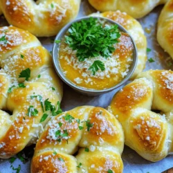 - 1 package of refrigerated pizza dough - 4 tablespoons unsalted butter, melted - 4 cloves garlic, minced - 1 teaspoon dried oregano - 1 teaspoon garlic powder - ½ cup grated Parmesan cheese - 1 tablespoon fresh parsley, finely chopped (for garnish) - Salt and pepper to taste To make Garlic Parmesan Knots, you need simple ingredients. The pizza dough gives a nice base. The melted butter adds richness. Garlic adds strong flavor. Oregano and garlic powder boost the taste and aroma. Parmesan cheese brings a salty, cheesy touch. Fresh parsley finishes the dish with color and freshness. Salt and pepper help balance the flavors. - Additional herbs (e.g., thyme, basil) - Cheese variations (e.g., mozzarella, cheddar) - Dipping sauces (e.g., marinara, ranch) You can have fun with optional ingredients. Try adding herbs like thyme or basil for more flavor. Different cheeses like mozzarella or cheddar can change the taste. Dipping sauces like marinara or ranch can enhance the whole experience. These choices let you personalize your knots to your liking. For the full recipe, check the details above. - Preheat the oven: Start by preheating your oven to 400°F (200°C). This step is key for even baking. Grab a baking sheet and line it with parchment paper to prevent sticking. - Prepare the dough: On a clean, floured surface, roll out the pizza dough into a rectangle. Aim for a thickness of about ½ inch. This thickness helps the knots rise well. - Cut and shape the dough: Using a knife or pizza cutter, slice the dough into strips about 1 inch wide. Take each strip and twist it into a knot shape. Make sure the knot is secure. - Arrange on the baking sheet: Carefully place your twisted knots onto the prepared baking sheet. Leave some space between each knot so they can expand while baking. - Mix the garlic butter: In a small mixing bowl, combine the melted butter, minced garlic, dried oregano, garlic powder, and a pinch of salt and pepper. Stir it well until all ingredients blend together. - Apply garlic butter to knots: Using a brush, generously coat half of the knots with the garlic butter mixture. Covering them well ensures they soak up all that great flavor. - Bake to perfection: Place the baking sheet into the preheated oven. Bake for 12-15 minutes. Keep an eye on them until they turn a lovely golden brown. - Drizzle and finalize: Once baked, take the knots out of the oven. Drizzle the remaining garlic butter mixture over the hot knots. This adds a burst of flavor right at the end. - Cheese sprinkle: While the knots are still warm, sprinkle the grated Parmesan cheese on top. The heat helps the cheese melt slightly, creating a tasty topping. - Garnish and serve: Finally, add a sprinkle of finely chopped fresh parsley for a touch of color. Serve warm for the best taste experience. If you want to impress, arrange the knots on a platter with a small bowl of marinara sauce for dipping. You can find the full recipe above to guide you through these steps! To twist the knots perfectly, start by cutting the dough into even strips. Aim for one-inch wide pieces. When twisting, hold both ends of the strip and give it a gentle twist. This helps create a nice shape. Make sure to secure the ends well to avoid them coming undone during baking. For a golden brown finish, keep a close eye on your knots as they bake. The right color means they are ready. Bake them for about 12-15 minutes at 400°F. The tops should be golden, and the edges should look crispy. Timing is key for exact baking. If your oven runs hotter or cooler, adjust your baking time. Check the knots around the 10-minute mark. You want them to be perfectly baked, not overdone. Garlic knots pair wonderfully with marinara sauce. A small bowl for dipping adds a fun touch. You can also try them with ranch dressing for a creamy option. For drinks, serve garlic knots with a nice glass of white wine, like Sauvignon Blanc. If you prefer non-alcoholic, sparkling water with lemon works well too. Get creative with serving! Try stacking the knots in a bowl or on a platter. You can even add fresh herbs on top for a pop of color. Another idea is to serve them with a side of garlic butter for extra dipping fun. For the full recipe, be sure to check the detailed instructions provided earlier. {{image_4}} You can mix up the flavor of your garlic Parmesan knots. Here are some ideas: - Adding different herbs or spices: Try adding fresh thyme or dried basil to the garlic butter. You can also add a pinch of red pepper flakes for a kick. - Incorporating other types of cheese: Swap Parmesan for mozzarella or cheddar. These cheeses melt well and add a different taste. - Bourbon-infused garlic butter: For a unique twist, mix a splash of bourbon into the garlic butter. It adds a rich depth to the flavor. You can adapt this recipe to fit different diets. Here are some options: - Gluten-free options: Use gluten-free pizza dough for a tasty alternative. Many brands offer great gluten-free choices. - Vegan adaptations: Replace butter with vegan butter and use nutritional yeast instead of cheese. This keeps the flavor while making it plant-based. - Low-carb substitutions: For a low-carb version, consider using cauliflower dough. It’s a great way to enjoy these knots while cutting carbs. These variations let you enjoy garlic Parmesan knots in many ways. The recipe is simple, and you can customize it based on what you like or need. Check out the Full Recipe for more details! After you enjoy your garlic Parmesan knots, store leftovers in the fridge. Place them in an airtight container. They stay fresh for about three days. When you want to eat them again, reheat them in the oven. Set the oven to 350°F (175°C) and bake for about 5-7 minutes. This helps keep them crisp. If you want to keep your knots for longer, you can freeze them. First, let them cool completely. Then, place them on a baking sheet and freeze until firm. After that, transfer them to a freezer bag or container. They can last up to three months in the freezer. To enjoy them later, thaw them in the fridge overnight. Once thawed, reheat them in the oven at 350°F (175°C) for about 10 minutes for the best taste. For the full recipe, check the earlier section! How to make garlic knots from scratch? To make garlic knots from scratch, you need flour, yeast, water, and salt. Combine these ingredients to form a dough. Knead the dough until smooth, then let it rise. Once it doubles in size, roll, cut, and twist into knots. Follow the steps in the Full Recipe for more details. Can I use homemade dough instead? Yes, you can use homemade dough. Just ensure it has a good rise and is easy to work with. Homemade dough can add a personal touch and unique flavor to your garlic knots. What to do if dough sticks to the surface? If your dough sticks, sprinkle more flour on the surface. Use a bench scraper to lift it gently. You can also roll the dough between two sheets of parchment paper to avoid sticking. How do I know when they are fully baked? Garlic knots are fully baked when they turn a golden brown. You can also tap the bottom; it should sound hollow. Keep an eye on them during the last few minutes of baking. Can I prepare them ahead of time? Yes, you can prepare the knots ahead of time. Shape them and place them on a baking sheet. Cover and refrigerate for up to 24 hours. When ready to bake, let them sit at room temp for about 30 minutes before baking. What are good dipping sauces for garlic knots? Good dipping sauces include marinara, ranch, and garlic butter. You can also try pesto or a spicy aioli for a twist. Each sauce adds a unique flavor to the garlic knots. This blog post shared how to make delicious garlic knots from simple ingredients. You learned the main steps, tips for perfection, and easy variations. Whether you want them gluten-free or vegan, there's a version for you. Remember to pair your garlic knots with tasty dips and drinks for a great snack. Making these knots can be fun and rewarding. Grab the dough, gather your extras, and enjoy this tasty treat!