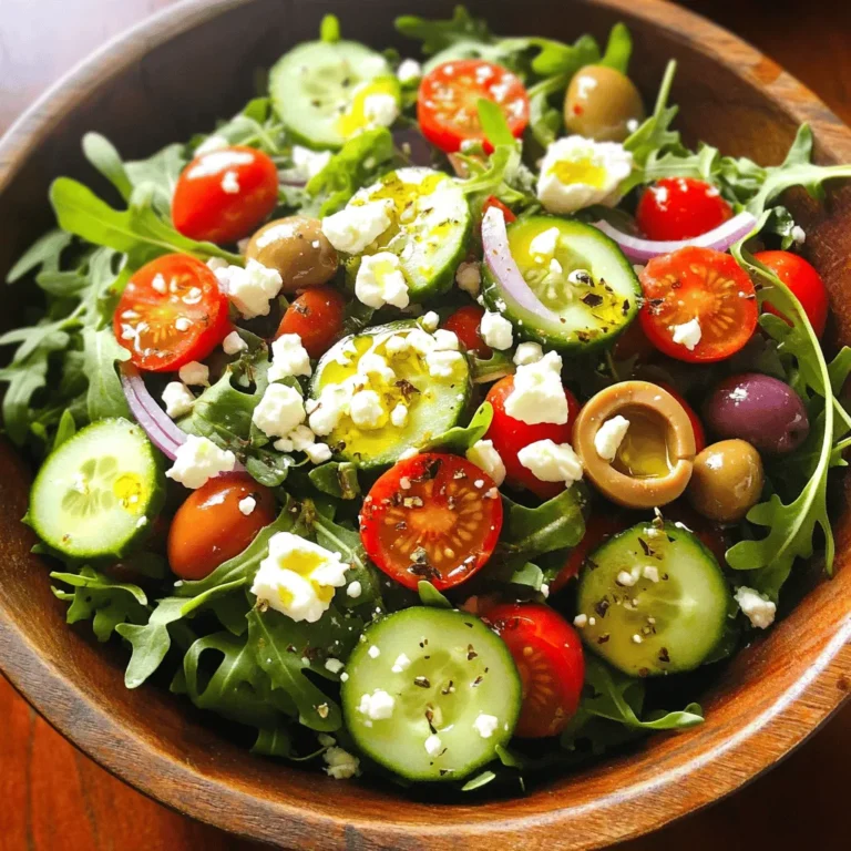 - 2 cups fresh arugula - 1 medium cucumber, diced into small cubes - 1 cup cherry tomatoes, halved - 1/2 red onion, thinly sliced - 1/2 cup Kalamata olives, pitted and halved - 1 cup feta cheese, crumbled - 1/4 cup extra-virgin olive oil - 2 tablespoons red wine vinegar - 1 teaspoon dried oregano - Salt and pepper to taste To make a Simple Greek Salad, you need fresh ingredients. Start with arugula as your base. It adds a nice peppery flavor. Next, add diced cucumber for crunch. Halved cherry tomatoes bring vibrant color and taste. Red onion gives a mild bite. Kalamata olives add a salty touch. Crumbled feta cheese brings creaminess and tang. The dressing is simple yet flavorful. Use extra-virgin olive oil and red wine vinegar. Dried oregano gives it an earthy taste. Don't forget salt and pepper for seasoning. This recipe is easy and quick. You can mix it all in about ten minutes. For the full recipe, check out the Mediterranean Bliss Salad. Enjoy the freshness of summer with this healthy dish. 1. Create the salad base with fresh arugula. Start with two cups of fresh arugula. This gives your salad a nice green color and a peppery taste. 2. Layer the vegetables evenly for color and flavor. Next, add one medium cucumber, diced into small cubes. Then, toss in one cup of halved cherry tomatoes for sweetness. Follow with half a red onion, thinly sliced for a crunchy bite. Finally, add half a cup of Kalamata olives, pitted and halved for a salty kick. 3. Add crumbled feta cheese for creaminess. Top your layered salad with one cup of crumbled feta cheese. This adds a creamy texture and tangy flavor that makes the dish special. 1. Combine olive oil, vinegar, oregano, salt, and pepper in a bowl. In a small bowl, mix together a quarter cup of extra-virgin olive oil, two tablespoons of red wine vinegar, one teaspoon of dried oregano, and salt and pepper to taste. 2. Whisk until well emulsified. Use a whisk to blend the ingredients well. You want a smooth and balanced dressing that complements your salad. 1. Drizzle dressing over salad and gently toss. Pour your prepared dressing over the salad. Use your hands or salad tongs to toss everything gently. This ensures each piece is coated without bruising the greens. 2. Adjust seasoning as needed. Taste your salad and make adjustments. Add more salt, pepper, or vinegar if needed. This final touch brings out the best in your dish. For the full recipe details, check the Mediterranean Bliss Salad. When you want to make a great Greek salad, start with fresh veggies. Look for bright-colored tomatoes and firm cucumbers. Choose arugula that is crisp and green. This will make your salad taste better. Seasoning is key to a perfect salad. Use salt and pepper to enhance the flavors. A touch of dried oregano adds a nice herb taste. Don't forget to adjust the seasoning to your liking. For serving, use a large, shallow bowl. This makes the salad look inviting. You can also divide it into individual plates for a personal touch. Garnish with whole Kalamata olives and a sprinkle of pepper. This adds color and elegance, making it more appealing. To save time, prepare your ingredients ahead. Chop the veggies a few hours before serving. Store them in the fridge to keep them fresh. You can also make the dressing early. Just mix it and keep it in a jar. This way, when it’s time to eat, you can quickly assemble your salad. For the full recipe, check out the Mediterranean Bliss Salad. It’s quick and easy! {{image_4}} You can easily customize your Greek salad. Adding proteins makes it heartier. Grilled chicken brings a smoky touch. Chickpeas add a nice crunch and boost fiber. Both options are tasty and filling. Cheese can also change the salad’s flavor. While feta is classic, try goat cheese for a tangy kick. Mozzarella offers creaminess, while halloumi adds a unique, salty flavor. Experimenting with cheese can make your salad fun! Seasonal vegetables can change your Greek salad. In summer, use ripe tomatoes and crisp cucumbers. In fall, add roasted squash or beets for warmth. Winter brings hearty greens like kale or spinach. Spring invites tender asparagus and radishes. Adjusting ingredients keeps your salad fresh all year round! The dressing can make or break your salad. A simple vinaigrette is great, but you can try different flavors. Lemon juice adds brightness, while balsamic vinegar gives sweetness. You can mix in herbs like basil or mint for extra depth. Experiment with mustard or honey for a unique twist. Each dressing gives a new spin to the dish. For the full recipe, check out the Mediterranean Bliss Salad guide. To keep your Greek salad fresh, use an airtight container. First, store the salad without dressing. If you add dressing, the greens will wilt quickly. Place leftover salad in the fridge. Use it within two days for best taste. Your Greek salad stays good for about two days in the fridge. After that, the vegetables may lose their crunch. The feta cheese can also spoil if kept too long. Always check for any odd smells or changes in texture. You can get creative with leftover ingredients! Use extra cucumbers and tomatoes in a wrap or sandwich. Toss leftover feta into scrambled eggs for a tasty breakfast. If you have dressing left, try it on grilled veggies or as a dip for bread. These ideas help you waste less and enjoy more! For the full recipe, check the Mediterranean Bliss Salad. A traditional Greek salad includes some key ingredients. You will find fresh arugula, diced cucumber, halved cherry tomatoes, and thinly sliced red onion. Kalamata olives add a salty kick, while crumbled feta cheese provides creaminess. Olive oil and vinegar dress the salad, along with a sprinkle of oregano. This colorful mix creates a fresh and tasty dish. To make a vegan Greek salad, simply swap out the feta cheese. Use a plant-based cheese or omit it altogether. For the dressing, ensure your vinegar is vegan-friendly. You can also add chickpeas for protein. They give the salad a hearty feel without any animal products. You can prepare this salad ahead of time. Chop the veggies and store them in the fridge. Keep the dressing separate until you are ready to serve. Mixing it all together just before serving keeps the salad fresh and crisp. This way, you enjoy a vibrant salad without any sogginess. This blog post detailed how to make a simple Greek salad. We explored essential ingredients, preparation steps, and tips for a perfect dish. You learned how to add personal twists and customize the salad to suit your taste. Remember, fresh veggies and proper seasoning matter most. Enjoy experimenting with different ingredients and dressings. This salad can be a healthy base or a side dish. Keep leftovers fresh and flavorful in your fridge. Cook with joy, and your simple Greek salad will always impress!