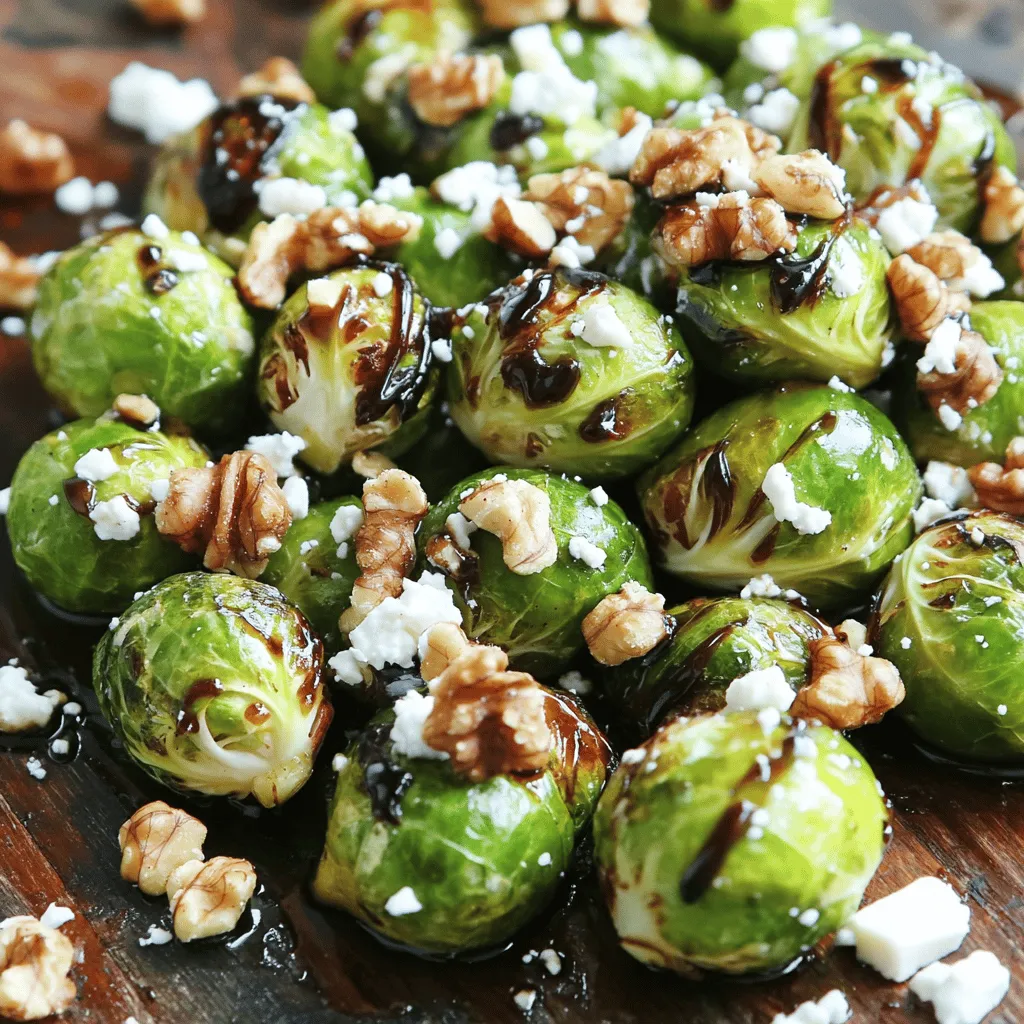 - 1 lb Brussels sprouts, trimmed and halved - 2 tablespoons extra virgin olive oil - 1/4 teaspoon sea salt - 1/4 teaspoon freshly ground black pepper - 2 tablespoons balsamic vinegar - 1 tablespoon honey (or maple syrup for a vegan alternative) - 1/2 teaspoon garlic powder - 1/4 cup walnuts, coarsely chopped (optional) - 1/4 cup feta cheese, crumbled (optional) Each ingredient plays a key role in the dish's flavor. The Brussels sprouts provide a base. Olive oil adds richness. Salt and pepper enhance the taste. Balsamic vinegar gives a sweet and tangy note. Honey or maple syrup balances the acidity. Garlic powder adds depth. Walnuts and feta offer texture and extra flavor. You can swap Brussels sprouts for broccoli or cauliflower. Olive oil can change to avocado oil for a different taste. Use coconut sugar instead of honey for a vegan option. If you cannot find feta, try goat cheese or leave it out. Feel free to mix in other nuts like almonds or pecans for variety. For a quick balsamic glaze, buy a pre-made version from the store. For the full recipe, see the section above. Start by gathering your ingredients. You will need: - 1 lb Brussels sprouts, trimmed and halved - 2 tablespoons extra virgin olive oil - 1/4 teaspoon sea salt - 1/4 teaspoon freshly ground black pepper - 2 tablespoons balsamic vinegar - 1 tablespoon honey (or maple syrup for a vegan alternative) - 1/2 teaspoon garlic powder - 1/4 cup walnuts, coarsely chopped (optional) - 1/4 cup feta cheese, crumbled (optional) First, preheat your oven to 400°F (200°C). This heat helps the sprouts roast well. In a large bowl, mix the halved Brussels sprouts with olive oil, sea salt, black pepper, and garlic powder. Toss them well so each piece gets coated. Next, arrange the sprouts on a baking sheet. Make sure they face cut sides down. This helps them brown nicely. Roast the Brussels sprouts in your hot oven for 20-25 minutes. You want them tender and golden. Look for crispy edges that give a nice crunch. Halfway through, give them a shake. This helps them roast evenly. While the sprouts roast, prepare the balsamic glaze. In a small saucepan, mix the balsamic vinegar and honey over medium heat. Stir gently as it heats. Once it simmers, lower the heat and let it cook for about 5 minutes. Keep an eye on it, stirring often, until it thickens a bit. When it’s ready, take it off the heat. When the Brussels sprouts are done, drizzle the balsamic glaze all over them. Toss gently to coat each sprout with the glaze. If you like, top with walnuts and feta cheese for extra flavor. Serve these tasty Brussels sprouts hot and enjoy their delicious mix of sweet and tangy! For the complete recipe, check the Full Recipe. To get the best Brussels sprouts, start with fresh ones. Trim and halve each sprout. This helps them cook evenly. Use a large bowl to mix the sprouts with olive oil, salt, and pepper. Make sure every piece is coated well. Lay them cut-side down on the baking sheet. This way, they get crispy on the edges. Roast them at 400°F for 20-25 minutes. Check for a golden color and soft texture. For a great glaze, combine balsamic vinegar and honey in a saucepan. Heat it on medium until it simmers. Stir it gently to mix well. Let it simmer for about five minutes. Watch for it to thicken slightly. This will bring out the sweet and tangy flavors. Once the sprouts are done, drizzle this glaze over them. Toss them gently to coat. It adds a delicious layer to your dish. Serve your roasted Brussels sprouts right away for the best taste. They pair well with many meals. Consider serving them alongside roasted chicken or grilled fish. For a hearty dish, add sautéed quinoa or rice. You can also sprinkle chopped walnuts and feta cheese on top. This adds texture and flavor. Enjoy these Brussels sprouts as a side or a healthy snack. For more details on making this dish, check the Full Recipe. {{image_4}} You can play with flavors in many ways. Add spices like paprika or cumin for warmth. A pinch of cayenne pepper can bring heat. For a fresh twist, sprinkle lemon zest before serving. Each choice changes the taste and makes it fun. If you want a vegan option, use maple syrup instead of honey. It adds a nice sweetness. You can also try agave nectar. Both options create a similar flavor in the glaze. They keep the dish plant-based and delicious. Toppings can make your Brussels sprouts pop. Try adding chopped pecans for crunch. Toasted almonds also work well. Crumbled blue cheese gives a strong taste that many love. You could even mix in dried cranberries for a sweet touch. Each addition makes the dish unique and exciting. For the full recipe, check the details above. To store leftover Brussels sprouts, let them cool first. Place them in an airtight container. This keeps them fresh for up to three days in the fridge. If you want to keep them longer, freezing is a great option. When ready to eat, preheat your oven to 350°F (175°C). Spread the Brussels sprouts on a baking sheet. Heat them for about 10-15 minutes. This makes them warm and crispy again. You can also use a microwave, but they may not stay as crispy. To freeze, place the cooled Brussels sprouts in a freezer-safe bag. Remove as much air as you can. You can freeze them for up to three months. When ready to use, thaw them overnight in the fridge before reheating. Enjoy your savory flavors any time! For the full recipe, check out the complete guide. Roasted Brussels sprouts can last up to four days in the fridge. To keep them fresh, place them in an airtight container. You can enjoy them cold or warm them up. If you have leftovers, try adding them to salads or sandwiches for a tasty twist. Yes, you can use frozen Brussels sprouts. However, they often have more water than fresh ones. This can make them less crispy. To get good results, thaw them first and pat them dry. Then, follow the roasting steps as usual from the Full Recipe. If you need a substitute for balsamic vinegar, try red wine vinegar or apple cider vinegar. To mimic the sweetness, add a bit of honey or maple syrup. This mix gives a similar tangy flavor. You can also use soy sauce for a different taste profile. We covered key ingredients for your dish, including measurements and substitutions. I shared step-by-step roasting methods and how to make a balsamic glaze. I also included tips for perfect roasting and tasty serving ideas. You can explore variations with different seasonings and toppings. Lastly, I provided storage tips and answers to common questions. Try these techniques to impress your guests or treat yourself!