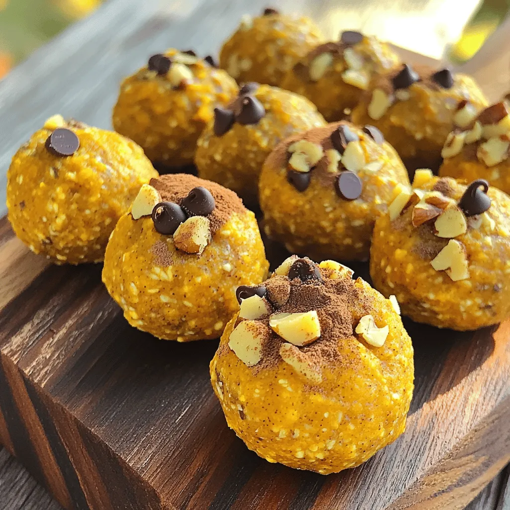 For my pumpkin spice energy bites, I like to use these simple ingredients: - 1 cup rolled oats - 1/2 cup pumpkin puree - 1/4 cup almond butter (or peanut butter for a different flavor) - 1/4 cup honey or maple syrup - 1/2 teaspoon ground cinnamon - 1/2 teaspoon ground ginger - 1/4 teaspoon ground nutmeg - 1/4 teaspoon salt - 1/4 cup mini chocolate chips (optional) - 1/4 cup chopped nuts (optional) These ingredients work together to create a tasty, healthy snack. The oats give you energy. The pumpkin adds vitamins and flavor. Nut butters provide healthy fats, while honey or maple syrup sweetens the bites naturally. You can play with the recipe to suit your taste. Here are some ideas: - Add 1/4 cup of dried fruit like cranberries or raisins for a chewy texture. - Swap the almond butter for cashew butter for a different nutty flavor. - Use sunflower seed butter if you want a nut-free option. These changes keep the bites fun and exciting. When picking ingredients, freshness matters. Always choose rolled oats that are whole and not stale. Look for pumpkin puree with no added sugar. For nut butters, select brands with only nuts and salt. If you buy honey, choose raw honey for the best flavor and health benefits. For maple syrup, look for pure syrup instead of flavored syrups. These tips ensure your energy bites taste great and stay healthy. If you want the full recipe, just refer back to the earlier section. To make Pumpkin Spice Energy Bites, gather all your ingredients first. You will need rolled oats, pumpkin puree, almond butter, honey or maple syrup, and spices. Make sure you have a large mixing bowl ready. This setup helps you stay organized and makes the process smoother. Start by adding the rolled oats, pumpkin puree, almond butter, and honey or maple syrup into the mixing bowl. Use a strong spoon or spatula to mix everything well. You want a smooth, even blend. Next, sprinkle in the ground cinnamon, ginger, nutmeg, and salt. Stir again until the spices blend perfectly. If you like a sweet touch, fold in mini chocolate chips and chopped nuts for added flavor and crunch. Once mixed, use your hands to scoop out about a tablespoon of the mixture. Roll it into small balls about one inch wide. Place the bites on a baking sheet lined with parchment paper. Make sure they are spaced apart. Then, pop the baking sheet into the fridge for at least 30 minutes. This will help the bites firm up. After chilling, move the energy bites to an airtight container. They will stay fresh in the fridge for up to a week. For longer storage, you can freeze them as well. Enjoy your healthy snack! To make your energy bites perfect, focus on the mix. Use rolled oats for a chewy base. Add pumpkin puree for moisture and flavor. Almond butter gives a creamy touch. If the mix feels too wet, add more oats. If it’s too dry, add a splash of pumpkin puree or nut butter. This balance is key. Keep your energy bites fresh by storing them in an airtight container. Place them in the fridge for a week. For longer storage, freeze them. When you want a bite, just take one out and let it thaw. This way, they stay tasty and ready to enjoy. You can change the sweetness to fit your taste. Use honey or maple syrup. Start with 1/4 cup, then taste. If you want it sweeter, add a bit more. You can also mix in mini chocolate chips for extra sweetness. This lets you create a flavor that feels just right for you. Try these tips to make your pumpkin spice energy bites the best they can be! To see the full process, check out the Full Recipe. {{image_4}} You can switch up the flavors in your energy bites. Try adding dried fruits like cranberries or apricots. These fruits add sweetness and a chewy texture. You can also mix in seeds like chia or flaxseeds for crunch. If you love coconut, shredded coconut can bring a tropical twist. Each change will make your bites unique and fun. While almond butter is the star here, other nut butters work well too. Peanut butter gives a classic taste and pairs great with pumpkin. Cashew butter adds a creamy touch. Sunflower seed butter is perfect for those with nut allergies. Each nut butter brings its own flavor, so feel free to experiment. Boost the nutrition of your energy bites by adding superfoods. Consider mixing in a scoop of protein powder for extra energy. Chia seeds are rich in omega-3s and fiber, making them a great addition. You can also use cacao nibs for a chocolatey flavor without added sugar. These superfoods make your bites not just tasty but also healthy. If you want to try making these bites, check out the Full Recipe for all the details! To keep your pumpkin spice energy bites fresh, store them in an airtight container. This helps prevent them from drying out or absorbing any strong smells from the fridge. It’s best to place a layer of parchment paper between layers if stacking them. Always make sure to seal the container tightly after each use. This way, your tasty snacks stay moist and flavorful. You can also freeze these energy bites for longer storage. After you form the bites, lay them on a baking sheet lined with parchment paper. Place the baking sheet in the freezer for about one hour. Once they are firm, transfer them to a freezer-safe bag or container. This method prevents them from sticking together. When you want to enjoy a bite, simply take it out and let it thaw for a few minutes. When stored in the fridge, these energy bites last about one week. If you freeze them, they can stay good for up to three months. Keep track of the date you made them. This will help you know when it’s time to enjoy or toss them. Proper storage is key to enjoying these delicious snacks for as long as possible. You can find the full recipe for making these delightful bites above. Pumpkin spice is more than just a tasty flavor. It has many health benefits. The spices in pumpkin spice, like cinnamon and ginger, can help with digestion. They also add anti-inflammatory properties. Cinnamon can lower blood sugar levels, while ginger may ease nausea. Plus, pumpkin is rich in vitamins A and C. These vitamins help keep our immune system strong. So, when you enjoy pumpkin spice energy bites, you’re not just treating your taste buds; you’re helping your body too. Yes, you can easily make these energy bites vegan! Simply replace honey with maple syrup. Both sweeteners work well, but maple syrup is plant-based. Also, ensure your nut butter is vegan. Most almond and peanut butters are vegan-friendly. This way, you keep all the great flavors and make it suitable for a vegan diet. You still get all the health benefits without losing taste. You can find pre-made pumpkin spice energy bites at many stores. Look in health food shops or the snack aisle in regular grocery stores. Some brands sell them online too. Check places like Amazon or specialty health websites. If you want to save time, buying pre-made bites can be a good option. However, making them at home, like in the full recipe, gives you control over the ingredients and taste. In this article, we explored how to make pumpkin spice energy bites. We covered the key ingredients, step-by-step instructions, and helpful tips. You can vary the flavor and choose your nut butter. We also discussed perfecting the texture and storage methods for freshness. Pumpkin spice energy bites are fun, tasty, and easy to make. Try them out today!