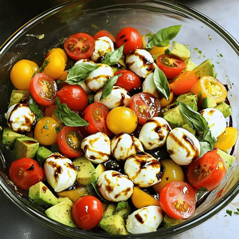 - 2 ripe avocados, diced - 2 cups cherry tomatoes, halved - 1 cup fresh mozzarella balls (bocconcini) - 1 cup fresh basil leaves, torn - 3 tablespoons extra virgin olive oil - 1 tablespoon balsamic glaze - Salt and pepper to taste To make a vibrant Caprese Avocado Salad, gather these fresh ingredients. The avocados should be ripe for a creamy texture. Cherry tomatoes add sweetness and color. Fresh mozzarella gives a nice, soft bite. The torn basil leaves bring a fragrant aroma. The extra virgin olive oil adds richness, while balsamic glaze provides a sweet touch. Season with salt and pepper to enhance all the flavors. - Calories per serving: Approximately 250 - Macronutrient breakdown: - Carbs: 15g - Fats: 20g - Proteins: 6g Each ingredient in this salad offers health benefits. Avocados are packed with healthy fats and fiber. Cherry tomatoes are low in calories but high in vitamins. Mozzarella provides protein and calcium, while basil adds antioxidants. Olive oil contributes heart-healthy fats, and balsamic glaze has fewer calories than many dressings. This salad is not just tasty; it's also good for you! For the complete recipe, check out the Full Recipe. Start by getting a large mixing bowl. Add the diced avocados, halved cherry tomatoes, and fresh mozzarella balls. Mix them gently but well. Use a large spoon or spatula to toss the ingredients. Handle the avocados with care so you don’t mash them. The goal is to keep them intact for a nice texture. Next, tear the fresh basil leaves into smaller pieces and add them to the bowl. The torn basil will bring a lovely, fresh scent. It also adds a hint of flavor that pairs well with the other ingredients. Mix everything together gently once more to combine the flavors. Now it’s time to dress the salad. Drizzle the extra virgin olive oil evenly over the top. Follow this with a splash of balsamic glaze for sweetness. The combination of these two dressings creates a rich and tangy flavor that elevates the dish. Season the salad with salt and pepper to suit your taste. This step is key to enhancing the salad’s overall flavor. Toss everything lightly again, ensuring all ingredients are coated. Be sure to keep the avocados whole. Let the salad rest for about 5 minutes. This resting time allows the flavors to blend perfectly. You can find the full recipe for Caprese Avocado Salad in the article. Enjoy! Serve your Caprese Avocado Salad in a large, clear bowl. This lets the colors shine. For individual servings, use nice salad plates. Each plate can get a fresh basil leaf on top for flair. You can also drizzle balsamic glaze on each plate. This adds sweetness and a touch of elegance. Pair colors for an appealing look. The green from avocados, red from tomatoes, and white from cheese create a lovely contrast. To keep your avocados from browning, use fresh lemon juice. Just a bit will help. Mix the avocados in gently to avoid mashing. When it comes to dressing, adjust to your taste. If you like it tangier, add more balsamic glaze. For a milder flavor, use less oil. Keep the integrity of the ingredients in mind. Handle the salad with care while mixing. You want everything to stay whole and fresh. Enjoy the bright flavors in every bite. {{image_4}} You can make your Caprese Avocado Salad even heartier by adding protein. Grilled chicken or shrimp works great. Simply cook them well, slice, and mix them into the salad. This adds flavor and makes it filling. For a vegetarian option, try adding beans. Black beans or chickpeas give a nice texture and boost protein. If you want a vegan-friendly twist, tofu is a great choice. Press it to remove extra water, cube it, and toss it in. The right dressing can take your salad to a new level. A homemade balsamic vinaigrette is easy to make. Mix equal parts balsamic vinegar and olive oil. Add a pinch of salt and pepper for flavor. For a zesty kick, use fresh lemon juice instead. It brightens up the dish and adds a tangy flavor. You can also explore herb-infused oils. These oils bring a unique taste that pairs well with the salad’s fresh ingredients. You can find the full recipe and more ideas to customize your Caprese Avocado Salad. To keep your Caprese Avocado Salad fresh, store it in an airtight container. This helps prevent air from getting in and keeps the salad crisp. Use glass or plastic containers with tight lids. Avoid metal containers, as they can react with the ingredients. You should refrigerate the salad right after serving. Aim to eat it within one to two days for the best taste. The avocados can brown quickly, so it’s best to consume them soon. If you have leftover salad, consider adding more fresh avocado before serving again. Reheating this salad is not recommended. The textures will change, and the salad won’t taste as fresh. If you need to use leftovers, check for browning or mushy avocados. You can add a splash of lemon juice to freshen it up. This helps brighten the flavors and reduces browning. What can I substitute for mozzarella? You can use feta cheese or goat cheese as a substitute for mozzarella. Both add a nice tang. If you want a softer cheese, try burrata. Each option gives a unique flavor to your salad. Can I prepare this salad in advance? Yes, you can prepare the salad a few hours ahead. Just add the avocado right before serving. This keeps the avocado fresh and green. If you mix everything too early, the avocado might brown. How long does Caprese Avocado Salad last in the fridge? This salad lasts about one day in the fridge. After that, the avocado will brown and lose its texture. To keep it fresh, store it in an airtight container. Is it okay to use canned tomatoes? Yes, you can use canned tomatoes if fresh ones are not available. Just drain them well to avoid extra liquid. However, fresh tomatoes offer a brighter taste and texture. How do I choose ripe avocados? Look for avocados that are slightly soft when you press them gently. The skin should be dark green or black. Avoid avocados that feel mushy or have dark spots. What’s the best type of mozzarella to use? Fresh mozzarella, like bocconcini, is the best for this salad. It is soft and creamy, which pairs well with the other ingredients. Avoid low-moisture mozzarella, as it lacks the same flavor and texture. This blog post covered how to make a fresh Caprese Avocado Salad. We explored key ingredients, step-by-step instructions, and tips for perfecting the dish. You learned about nutrition, variations, and storage methods. Remember, this salad is not only tasty but also healthy. Use the tips shared to impress your guests. Enjoy experimenting with your own flavors and ingredients. Each bite brings a burst of freshness!