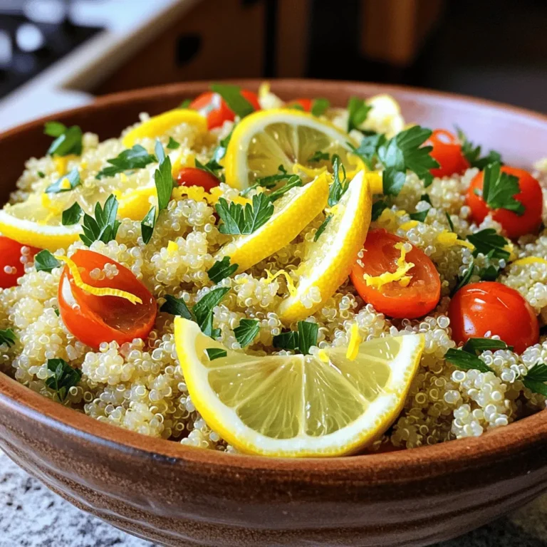 To make Lemon Herb Quinoa, you will need: - 1 cup quinoa, thoroughly rinsed - 2 cups vegetable broth - 1 large lemon (zested and juiced) - 1 tablespoon extra virgin olive oil - 1 small red onion, finely chopped - 2 cloves garlic, minced - 1 cup cherry tomatoes, halved - 1/2 cup fresh parsley, finely chopped - 1/4 cup fresh mint, finely chopped - Sea salt and freshly cracked pepper to taste If you don’t have quinoa, you can use rice or couscous. They offer a similar texture. Vegetable broth can be swapped with chicken broth for a different flavor. If you prefer, use lime instead of lemon. That gives a nice twist to the dish. You can also switch parsley and mint with basil or cilantro for a fresh taste. Lemon Herb Quinoa is not just tasty; it’s also healthy. Quinoa is high in protein and has all nine essential amino acids. This makes it a great choice for a healthy meal. It’s also packed with fiber, which is good for digestion. The fresh herbs add vitamins and antioxidants. Lemons are rich in vitamin C, which boosts your immune system. Overall, this dish is not only refreshing but also nourishing. You can enjoy it guilt-free! 1. Begin by boiling the vegetable broth in a medium-sized pot over medium-high heat. 2. Once it bubbles, add the rinsed quinoa. Reduce heat to low and cover. 3. Let it simmer for about 15 minutes. The quinoa will absorb the broth. 4. After 15 minutes, remove the pot from heat, keeping it covered for 5 minutes. 5. In a skillet, pour in the olive oil and heat over medium heat. 6. Add the chopped red onion to the skillet. Sauté for about 5 minutes. 7. Once the onion is soft and clear, add the minced garlic. Cook for 1-2 minutes. 8. Next, mix in the halved cherry tomatoes. Stir gently for 3-4 minutes until soft. 9. Fluff the cooked quinoa with a fork. Add it to the skillet with the veggies. 10. Squeeze the lemon juice over the mixture, and toss in the zest, parsley, and mint. 11. Stir everything well. Season with salt and pepper to taste. - Always rinse quinoa before cooking. This removes a bitter coating called saponin. - Use a ratio of 2 cups of liquid for every cup of quinoa. This ensures fluffy grains. - Avoid lifting the lid while it cooks. This traps steam and helps the quinoa cook evenly. - After cooking, let it rest. This keeps it fluffy and prevents clumping. - Start with a hot skillet. This helps the vegetables cook evenly and quickly. - Use enough oil to coat the bottom of the pan. This prevents sticking and burning. - Add onions first, as they take longer to soften than other veggies. - Stir gently but frequently. This keeps the vegetables from burning and allows even cooking. - Add garlic later, as it cooks faster and can burn easily. - Experiment with different vegetables for varied flavors. Try bell peppers or zucchini! For the full recipe, check out the [Full Recipe]. To boost the taste of your Lemon Herb Quinoa, try adding zest. Lemon zest gives a bright and fresh flavor. You can also mix in different herbs. Basil or cilantro can add a unique twist. A pinch of red pepper flakes adds heat for a fun kick. Always taste your dish as you go. This lets you find the right balance of flavors. One big mistake is not rinsing quinoa. Rinsing removes bitter saponins, making the quinoa taste better. Another mistake is overcooking. Quinoa should be fluffy, not mushy. Make sure to follow the cooking time closely. Lastly, don’t skip the seasoning. Salt and pepper help bring all the flavors together. Lemon Herb Quinoa pairs well with grilled chicken or fish. The light flavors complement each other nicely. You can also serve it with roasted veggies. A simple salad with greens works well too. For a fun twist, try it with chickpeas or beans for extra protein. If you want a fresh bite, serve with a side of tzatziki sauce. Check the Full Recipe for more ideas! {{image_4}} You can easily make this lemon herb quinoa vegan. Simply use vegetable broth as your base. This recipe is already vegetarian, so you’re all set! Add more veggies like bell peppers or zucchini for extra flavor. You can also toss in some chickpeas for protein and texture. Great news! Quinoa is naturally gluten-free. This makes it a perfect choice for those avoiding gluten. Just ensure your vegetable broth is also gluten-free. Check the labels to be safe. You can serve it with grilled chicken or fish if you want to add protein. Experimenting with herbs can change the whole dish. Try basil for a sweet twist or cilantro for a fresh kick. You can even mix in dill for a unique flavor. Each herb adds its own character, making your quinoa exciting. Don’t be afraid to get creative with what you have on hand. For the Full Recipe, check out the earlier section. Store any leftover Lemon Herb Quinoa in an airtight container. Keep it in the fridge. It will stay fresh for up to four days. Make sure to let it cool before sealing. This helps prevent moisture build-up, which can make it soggy. Reheat your quinoa in a few simple steps. You can use the microwave or a stovetop. For the microwave, place the quinoa in a bowl. Add a splash of water to keep it moist. Heat for one to two minutes. Stir halfway through. If using the stovetop, warm it in a pan over low heat. Add a little olive oil or water to help it warm evenly. Stir frequently to avoid sticking. To freeze Lemon Herb Quinoa, first let it cool completely. Portion it into freezer-safe bags or containers. Be sure to remove as much air as possible before sealing. Label the bags with the date. You can store it in the freezer for up to three months. When you are ready to use it, thaw it in the fridge overnight before reheating. This keeps the flavor fresh and tasty. For more details, check out the Full Recipe. The best way to prepare quinoa is to rinse it first. Rinsing removes bitterness. Use two cups of vegetable broth for every cup of quinoa. Bring the broth to a boil, add the quinoa, and cover. Let it simmer on low heat for about 15 minutes. After cooking, let it rest for five minutes with the lid on. This method ensures fluffy quinoa that is perfect for any dish. Yes, you can use other grains instead of quinoa. Brown rice, farro, or bulgur are great options. Each grain has a unique taste and texture. Just remember to adjust the cooking time and liquid ratio. For example, brown rice usually takes longer to cook than quinoa. Experiment with different grains to find your favorite. To increase the protein content, add beans or legumes to the dish. Chickpeas or black beans work well. Another option is to mix in nuts or seeds, like almonds or pumpkin seeds. You can also serve the quinoa with grilled chicken or fish for more protein. These additions make the meal more filling and nutritious. For a full recipe, check out the lively lemon herb quinoa. Lemon Herb Quinoa is a tasty and healthy dish. We explored key ingredients, including substitutions and their benefits. I shared step-by-step instructions for cooking it perfectly. You learned tips to enhance the flavor and avoid common mistakes. Plus, I covered variations like vegan options and herb combinations. Storing leftovers and reheating them was also discussed. In the end, this dish offers great nutrition and flexibility. Enjoy making it your own!