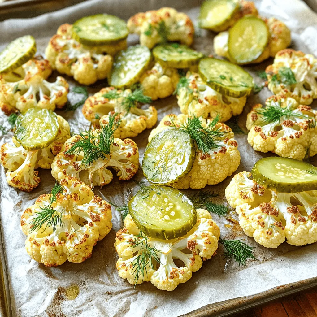- 1 large head of cauliflower, cut into bite-sized florets - 1 tablespoon extra virgin olive oil - 1 tablespoon zesty pickle juice - 1 tablespoon ranch seasoning - 1 teaspoon garlic powder - ½ teaspoon onion powder - Salt and freshly cracked black pepper to taste - Fresh dill or parsley, chopped, for garnish - Sliced pickles, for topping (optional) Cauliflower is the star of this dish. It provides a great base, soaking up all the flavors. The extra virgin olive oil adds healthy fat and helps the seasonings stick. Zesty pickle juice brings a tang that wakes up the palate. Ranch seasoning adds creaminess without any dairy. Garlic and onion powders enhance the overall taste, making each bite savory. Finally, salt and pepper balance all the flavors, while dill or parsley adds a fresh finish. You can swap the olive oil for avocado oil or melted coconut oil. Both work well and add their own twists. If you want to skip ranch seasoning, try a mix of dried herbs like thyme or oregano. For a vegan option, all ingredients in this recipe are already plant-based. For gluten-free meals, ensure your ranch seasoning is certified gluten-free. When choosing cauliflower, look for heads that are firm and white. Avoid any that have brown spots or soft spots. Fresh pickles should be crunchy and flavorful. You can use dill pickles for a sour punch or bread-and-butter pickles for a sweet touch. Each type of pickle will change the flavor profile slightly, so pick your favorite! To make Pickle Ranch Roasted Cauliflower, start with the cauliflower. Cut the large head into bite-sized florets. Aim for uniform pieces to help them cook evenly. You want each piece to be about the same size. Next, prepare the seasoning mixture. In a large mixing bowl, combine 1 tablespoon of extra virgin olive oil, 1 tablespoon of zesty pickle juice, and 1 tablespoon of ranch seasoning. Add 1 teaspoon of garlic powder and ½ teaspoon of onion powder. Season with salt and freshly cracked black pepper to taste. Whisk until well blended. Now, let’s roast the cauliflower. Preheat your oven to 425°F (220°C). Line a baking sheet with parchment paper for easy cleanup. Toss the cauliflower florets in the seasoning mixture until they are well-coated. Spread them in a single layer on the baking sheet. Roast the florets for 25 to 30 minutes. Stir them halfway through to ensure they brown evenly. You want them to be fork-tender and golden brown on the edges. For the perfect crunch, keep an eye on them. If you like extra crispiness, leave them in for a few extra minutes. Serving your Pickle Ranch Roasted Cauliflower is fun and easy. You can enjoy it as a side dish or a tasty snack. Pair it with grilled chicken or fish for a complete meal. To make it more appealing, garnish with fresh dill or parsley. You can also add sliced pickles on top for an extra punch. This dish not only tastes great but looks beautiful on the table. For the full recipe, take a look at the detailed instructions! To boost the taste of your Pickle Ranch Roasted Cauliflower, try adding extra seasonings. A sprinkle of smoked paprika gives a nice depth. You can also use cayenne pepper for heat. If you love a bit of sweetness, try a dash of honey or maple syrup. Herbs can bring freshness to this dish. Fresh chives or tarragon work great. You could also use thyme or rosemary for an earthy touch. Experiment with what you love. Each herb adds its own unique flavor. You can roast cauliflower in many ways. An air fryer makes it crispy in less time. Set it to 400°F and cook for 20 minutes. Shake the basket halfway through for even cooking. Grilling is another fun method. Toss the florets in a grill basket for great smoky flavor. Cook them over medium heat for about 10-15 minutes. Keep an eye on them to avoid burning. For the best texture, aim for tenderness with crisp edges. Roast until the florets are golden brown and fork-tender. If they are too soft, reduce the cooking time next time. Avoid overcrowding the baking sheet. This can make the cauliflower steam instead of roast. Spread the florets out in a single layer. This ensures they get crispy and delicious. For the full recipe, check out the steps earlier in this article. {{image_4}} You can easily change the taste of your Pickle Ranch Roasted Cauliflower. Try adding spices like smoked paprika or cumin. These spices can give it a new kick. You might also want to mix in hot sauce for some heat. For liquids, consider lemon juice or balsamic vinegar. Each of these options can enhance the flavor. Experiment with different dressing flavors too. For example, a creamy garlic dressing can give it a rich twist. This roasted cauliflower can transform into a main dish or a salad. If you want a hearty meal, add cooked quinoa or chickpeas. Toss in some fresh greens for a vibrant salad. You can also get creative with wraps or bowls. Use tortillas to wrap the cauliflower with your favorite toppings. Or, place the roasted florets in a bowl with rice or greens. These ideas make the dish flexible and fun. Seasonal themes can make your dish special. Try adding roasted sweet potatoes in autumn for warmth. During the holidays, sprinkle pomegranate seeds for a festive touch. You can also use local ingredients to enhance the dish. Look for fresh herbs or vegetables at your local market. This not only supports local farmers but also adds unique flavors to your dish. To keep your Pickle Ranch Roasted Cauliflower fresh, let it cool first. Place it in a shallow container. This helps cool it down quickly. You can use airtight containers or resealable bags. Ensure you squeeze out the air when using bags. Store it in the fridge. It will stay good for up to 3 days. When you’re ready to enjoy leftovers, use the oven. Preheat it to 350°F (175°C). Spread the cauliflower on a baking sheet. This helps it stay crispy. Bake for about 10–15 minutes. Check often to avoid burning. You can also use a microwave but be careful. Microwaving can make it soggy. If you use the microwave, heat in short bursts. Freezing is a good choice for longer storage. First, let the cauliflower cool completely. Spread it on a baking sheet in a single layer. Freeze for about 1 hour. Then, transfer it to a freezer-safe bag. Remove as much air as you can. It can last for up to 2 months. To reheat, thaw in the fridge overnight. Then, use the oven for best texture. The best temperature for roasting cauliflower is 425°F (220°C). This heat helps the cauliflower cook evenly and develop a nice, crispy texture. At this temperature, the florets turn golden brown and gain a rich flavor. I find that this method also seals in moisture, making each bite tender yet crunchy. Yes, you can use frozen cauliflower! Start by thawing it completely. Drain any excess water to avoid sogginess. Toss the thawed florets in the seasoning mix just like fresh ones. Remember, frozen cauliflower may need a bit more time in the oven. Keep an eye on it to get that perfect roasted finish. Pickle Ranch Roasted Cauliflower can last up to four days in the fridge. Store it in an airtight container to keep it fresh. If you want to enjoy it later, simply reheat it in the oven or a skillet. This way, you can keep that great crunch while savoring the flavor. For the full recipe, check out the detailed instructions to make sure you get it just right! In this post, we explored the delightful world of Pickle Ranch Roasted Cauliflower. You learned about key ingredients and their importance for taste. We discussed easy prep methods and the roasting steps for that perfect crunch. I shared tips for flavor boosts and cooking methods, alongside fun variations and serving ideas. As you try this recipe, think of your own twists. Enjoy cooking, and don’t hesitate to experiment with your favorite tastes!