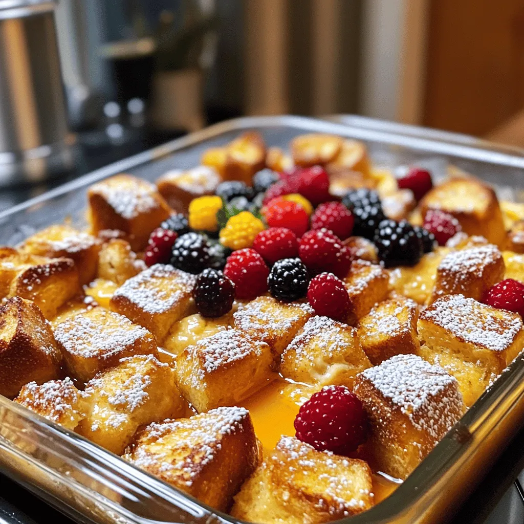 To make an Easy French Toast Casserole, gather these items: - 1 loaf of brioche bread, cut into 1-inch cubes - 6 large eggs - 2 cups whole milk - 1/2 cup granulated sugar - 1 tablespoon vanilla extract - 1 teaspoon ground cinnamon - 1/4 teaspoon nutmeg - 1/4 teaspoon salt - 1/2 cup maple syrup (for drizzling) - Fresh berries (for garnish) - Powdered sugar (for dusting) Each ingredient plays a key role in the dish. The brioche gives a rich and soft base. Eggs create a creamy custard that binds the bread. Whole milk adds moisture and flavor. Sugar sweetens the dish, while vanilla adds warmth. Cinnamon and nutmeg bring a cozy spice. Salt balances sweetness, and maple syrup adds a nice finish. Want to make your casserole even better? Here are some fun add-ins: - Chopped nuts (like walnuts or pecans) for crunch - Chocolate chips for a sweet twist - Dried fruits (like raisins or cranberries) for extra flavor You can also mix in fresh fruit, like sliced bananas or berries, for added taste. Customize your casserole to suit your family’s likes. Just remember to keep your ratios balanced; too many add-ins can change the texture. Enjoy crafting your own version! For the full recipe, refer to the earlier section. To start, gather your ingredients. You need brioche bread, eggs, milk, sugar, vanilla, cinnamon, nutmeg, and salt. Cut the brioche into 1-inch cubes. This size helps the bread soak up the egg mixture. In a large bowl, whisk together the eggs, milk, sugar, vanilla, cinnamon, nutmeg, and salt. Mix until smooth. Now, pour this egg mixture over the bread cubes. Make sure all the pieces get covered. Press down gently with a spatula to help the bread soak. Let the bread sit for at least two hours. An overnight soak is best! This time allows the bread to absorb the flavors fully. Preheat your oven to 350°F (175°C). Grease a 9x13-inch baking dish with butter or non-stick spray. This step stops the casserole from sticking. Remove the casserole from the fridge after soaking. Let it sit at room temperature for 15 minutes before baking. This brings it to a better temperature. Place the casserole in the oven and bake for 35-40 minutes. Look for a golden brown top. The center should feel firm when you touch it. Once baked, let the casserole cool for a few minutes. Serve it warm on plates. Drizzle with maple syrup for a sweet touch. Add fresh berries on top for color and flavor. A light dusting of powdered sugar makes it look fancy. For a fun twist, serve with a sprig of mint. Try the [Full Recipe] for more details and tips! When making French toast casserole, a few mistakes can ruin your dish. First, don't skip soaking the bread long enough. If you don't let it absorb the egg mixture, it may end up dry. Aim for at least two hours in the fridge. Another common error is using stale bread. Fresh brioche works best since it soaks up the custard well. If you only have stale bread, try to revive it by lightly toasting it first. Measuring ingredients is vital. Too much sugar can make it overly sweet, while too little milk can lead to a dry bake. Always use measuring cups for accuracy to ensure a perfect result. For a rich texture, whisk the egg mixture until smooth. This helps blend flavors well. Don’t rush this step. To enhance flavor, try adding a pinch of salt to the egg mixture. It balances the sweetness and brings out the taste. You can also mix in some fresh berries or nuts for added texture. Presentation matters, too. Serve slices on individual plates. Top with fresh berries and a dusting of powdered sugar. A sprig of mint can add a lovely touch for special occasions. For the full recipe, check out Sweet Morning Bliss French Toast Casserole. {{image_4}} You can have fun with flavors in your French toast casserole. Here are some ideas: - Blueberry Bliss: Add fresh blueberries to the bread mix. They burst and give a sweet taste. - Chocolate Chip Heaven: Sprinkle chocolate chips over the bread before pouring the egg mix. The chocolate melts and adds rich flavor. - Pumpkin Spice Delight: For fall, swap cinnamon for pumpkin spice. This makes a warm, cozy dish perfect for autumn. - Banana Nut Crunch: Add sliced bananas and a handful of walnuts. This makes a tasty, hearty breakfast. Making this dish fit your needs is easy. Here are some tips: - Gluten-Free: Use gluten-free bread. Be sure to check the label to avoid any gluten. - Dairy-Free: Substitute whole milk with almond or oat milk. It works well and keeps the dish creamy. - Healthier Options: You can reduce sugar by using ripe bananas or applesauce. This keeps it sweet but cuts calories and sugar. - Whole Grain Bread: Try whole grain bread for more fiber. It adds a nice texture and helps keep you full. These variations and modifications allow you to enjoy this dish in many ways. Each one brings its own twist, making it fun to try new flavors! For the full recipe, check out the Sweet Morning Bliss French Toast Casserole. To keep your French toast casserole fresh, store it in an airtight container. You can refrigerate it for up to three days. If you want to keep it longer, freeze it. Wrap it well in plastic wrap and then in foil. This way, it can last for up to two months. The key to great flavor is how you store it. Make sure to cool it completely before putting it away. This helps prevent extra moisture. When it's time to enjoy your leftovers, you can reheat them easily. The best way is to use the oven. Preheat your oven to 350°F (175°C). Place the casserole in a baking dish and cover it with foil. Heat it for about 20 minutes, or until it’s warm. If you want it crispy, remove the foil for the last 5 minutes. You can also microwave individual servings. Just heat for about 1-2 minutes. Enjoy your tasty leftovers! French toast casserole can sit in the fridge for up to 24 hours before baking. I recommend letting it chill for at least 2 hours. This time helps the bread soak up the egg mixture well. If you can, leave it overnight for the best flavor. Yes, you can prepare the casserole a day ahead. First, assemble everything as per the recipe. Cover the dish tightly with plastic wrap. Store it in the fridge overnight. This makes breakfast easy and quick the next day. Just take it out, let it sit for 15 minutes, then bake. Brioche is my top choice because it is rich and soft. Challah is also great; it soaks up the mix nicely. You can use sourdough for a tangy twist. Even whole wheat bread works well if you want something healthier. The key is to use bread that is a bit stale. Fresh bread may not soak in the mixture as well. Check for a golden brown top and firm center. You can gently press down on the top. If it springs back, it is done. A knife inserted in the center should come out clean. If it looks set and not too jiggly, you are all set to enjoy this sweet dish! This blog post covers all you need for an Easy French Toast Casserole. We explored each ingredient’s role, how to prepare and bake, plus serving tips. I shared common mistakes and expert advice for the perfect dish. You can also try fun variations and make it fit your dietary needs. Remember, storing and reheating properly keeps your leftovers tasty. Whether it’s a breakfast treat or a special occasion, this casserole offers options for everyone. Enjoy making this simple yet delicious recipe!