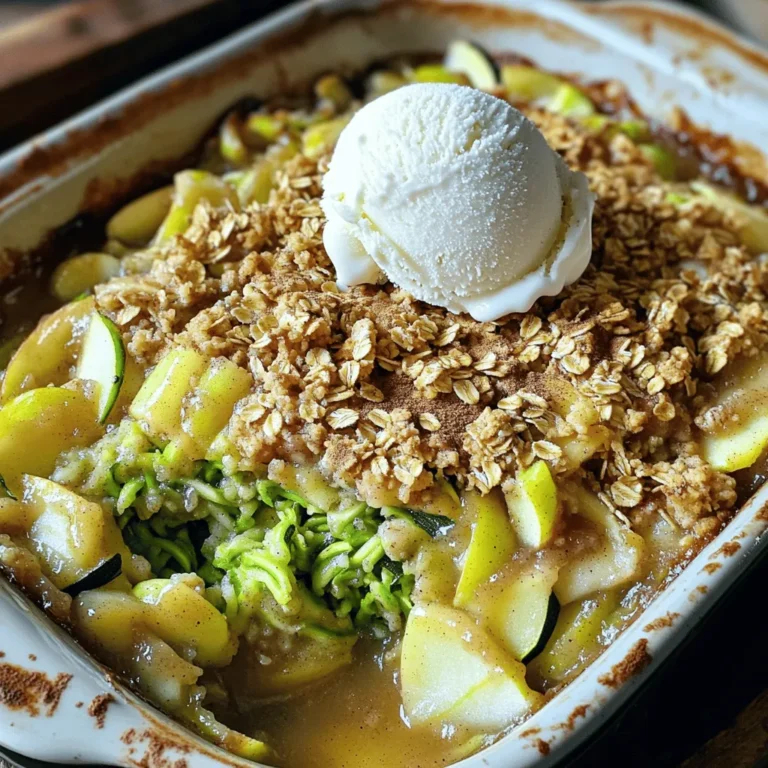 - 2 medium zucchinis, finely grated - 2 large apples, peeled, cored, and diced - 1 cup rolled oats I love using both zucchini and apples in this dish. Zucchini adds moisture without a strong taste, making it perfect in desserts. When you pick apples, select ones like Granny Smith for a tart kick or Honeycrisp for a sweet treat. The rolled oats give the crumble its heartiness. - 1/2 cup all-purpose flour - 1/2 cup packed brown sugar - 1/4 cup granulated sugar - 1/2 cup unsalted butter, melted - 1/2 teaspoon pure vanilla extract The topping is where the magic happens. Use all-purpose flour for a great structure. Brown sugar adds a nice depth of flavor while granulated sugar provides sweetness. The melted butter binds everything together, and a splash of vanilla brings warmth to the mix. - 1/2 cup chopped nuts (walnuts or pecans) - 1 teaspoon ground cinnamon - 1/4 teaspoon ground nutmeg Feel free to get creative! Chopped nuts add crunch and flavor. Nuts like walnuts or pecans work well. Spices like cinnamon and nutmeg elevate the dish. They add warmth and a hint of spice that pairs beautifully with the apples. For the full recipe, check out the entire guide. 1. Preheat your oven to 350°F (175°C). This step is key to getting a nice bake. 2. In a large bowl, combine 2 medium zucchinis, finely grated, and 2 large apples, peeled and diced. Granny Smith apples add a nice tartness. Honeycrisp apples bring sweetness. 3. Lightly sprinkle the mixture with 1 teaspoon of cinnamon and 1 tablespoon of sugar. Gently toss everything together. This lets the flavors mix well while you prepare the topping. 1. In a medium bowl, mix 1 cup of rolled oats, 1/2 cup of all-purpose flour, 1/2 cup packed brown sugar, and 1/4 cup granulated sugar. Add 1 teaspoon of cinnamon and 1/4 teaspoon of nutmeg for extra flavor. 2. Pour in 1/2 cup of melted unsalted butter and 1/2 teaspoon of vanilla extract. Add a pinch of salt too. 3. Stir until the mixture looks crumbly, like coarse sand. This is the perfect texture for your topping. 1. Grease a 9x9-inch baking dish with a little butter or cooking spray. This helps with easy serving later. 2. Spread the zucchini and apple mixture evenly across the bottom of the dish. 3. Sprinkle the crumble topping generously over the fruit layer. Make sure it covers every bit for an even bake. 4. If you want more crunch, add 1/2 cup of chopped nuts, like walnuts or pecans, on top. 1. Place the dish in the preheated oven and bake for 30-35 minutes. 2. Look for a golden brown topping and bubbling filling. These are signs that your crumble is done. 3. Once baked, take it out and let it cool for about 10 minutes before serving. Now you can enjoy your warm, tasty Zucchini Apple Crumble! For the full recipe, check out the details above. Use the best apples for baking. I recommend Granny Smith apples for a tart flavor or Honeycrisp apples for sweetness. Granny Smith adds a nice zing, while Honeycrisp brings out the dish's natural sweetness. You can mix both for a balanced taste. Apples with good firmness hold up well during baking. Look for apples that are bright and unblemished. Achieve the ideal crumble by mixing your dry ingredients well. Combine oats, flour, sugars, and spices until they are evenly blended. Incorporate melted butter slowly, mixing with a fork or your fingers. You want the mixture to be crumbly, resembling coarse sand. If the crumble is too dry, add a bit more butter. Adjust sweetness by adding more sugar or spices based on your taste. A pinch of nutmeg can bring warmth and depth. For a stunning presentation, serve the warm crumble in individual bowls. Top each bowl with a scoop of vanilla ice cream. This adds a creamy contrast to the warm, spiced crumble. Consider a light dusting of cinnamon on top for a finishing touch. Fresh mint leaves can add a pop of color. Enjoy it right away for the best flavor! If you want to make it even more special, drizzle some caramel sauce over the top. {{image_4}} For a gluten-free Zucchini Apple Crumble, you can swap the flour and oats. Instead of all-purpose flour, use almond flour or coconut flour. These options keep the dish light and tasty. For oats, choose gluten-free oats. They provide the same crunch without the gluten. When it comes to sweeteners, you have choices too. Instead of brown sugar, try coconut sugar or honey. Both add a nice flavor and sweetness. You can also use maple syrup for a unique twist. You can change the flavor of your crumble with a few simple additions. Adding lemon or orange zest brightens the dish. It gives a fresh taste that works well with the apples. You can also try different spices. Cardamom or ginger can add a warm kick to the crumble. Incorporating dried fruits is another fun option. Raisins or cranberries bring sweetness and chewiness. You can also mix in other fruits like pears or peaches for new flavors. Each fruit adds its own twist, making every bite exciting. Making your Zucchini Apple Crumble ahead of time is easy. Start by prepping the filling. Grate the zucchini and dice the apples. Mix them with sugar and spices, then store in the fridge. You can also prepare the crumble topping. Just combine the dry ingredients and melted butter, then store it in a separate container. When you're ready to bake, simply layer the filling and topping in a greased dish. You can bake it straight from the fridge. If you have leftovers, reheating is simple. Use the oven for best results. Heat at 350°F (175°C) for about 10 to 15 minutes. This method keeps the crumble's crisp texture. For a quick fix, you can use the microwave. Just heat in short bursts until warm. However, the topping may not be as crunchy. Enjoy your delicious dessert anytime! For the full recipe, visit the [Full Recipe]. To keep your Zucchini Apple Crumble fresh, use an airtight container. Glass or plastic containers work well. If you want to store it longer, you can freeze it. Just make sure it’s cooled before wrapping it tightly. Refrigerator storage is best for short-term use. You can keep it in the fridge for up to five days. For longer storage, the freezer can hold it for about three months. In the fridge, your Zucchini Apple Crumble lasts about five days. After that, it may spoil. Look for signs like a sour smell or mold. If it looks dry or too hard, it’s time to toss it. To enjoy your crumble again, you can reheat it in the oven or microwave. For the oven, set it to 350°F (175°C) and bake for about 15 minutes. This method keeps the topping crunchy. If you’re using a microwave, heat it in short bursts. Start with 30 seconds, then check and stir. This way, it warms evenly without getting soggy. Enjoy your delicious leftovers! Yes, you can use frozen zucchini or apples for this dish. When using frozen fruit, thaw it first. Drain excess liquid to keep the crumble from getting soggy. Frozen produce may have a softer texture when cooked, but it still tastes great. To make zucchini apple crumble vegan, swap butter for coconut oil or vegan butter. Use maple syrup instead of granulated sugar for sweetness. You can also use almond milk or any plant-based milk in place of dairy if needed. Zucchini apple crumble offers some healthy benefits. Zucchini is low in calories and high in fiber. Apples provide vitamins and antioxidants. Each serving has around 200-250 calories, depending on the amount of sugar and butter used. Pair your crumble with vanilla ice cream or whipped cream for a sweet touch. A scoop of yogurt also works well. Serve alongside a warm cup of tea or coffee for a comforting treat. For the complete Zucchini Apple Crumble recipe, check the [Full Recipe]. It contains all the ingredients and steps you need for this delightful dessert. Zucchini apple crumble is a tasty dish that’s easy to make. You need simple ingredients like zucchini, apples, oats, and butter. Follow the steps to create a perfect crumble texture. Use tips for the best apples and serving ideas. Explore variations, like gluten-free options. Store any leftovers safely and learn how to reheat them. In the end, this dish brings comfort and joy to every meal. Try it today!