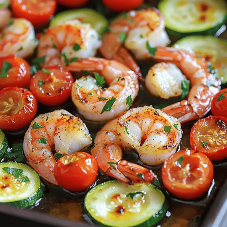 - 1 pound large shrimp, peeled and deveined - 4 cloves garlic, finely minced - 1 teaspoon smoked paprika - 1 teaspoon red pepper flakes - 1 tablespoon extra virgin olive oil - 1 tablespoon fresh lemon juice - Salt and freshly cracked black pepper - 1 cup cherry tomatoes, halved - 1 medium zucchini, cut into thin slices - Fresh parsley, finely chopped When making One-Pan Garlic Roasted Shrimp, the ingredients are key. Each adds its own flavor. You start with shrimp. They should be fresh and firm. Garlic brings depth. It adds a bold taste that pairs well with shrimp. Smoked paprika adds a nice warmth. It gives a hint of smokiness. Red pepper flakes let you control the heat. Adjust them to suit your spice level. Extra virgin olive oil helps everything blend. It keeps the shrimp moist while roasting. Fresh lemon juice brightens the dish. It adds a zesty kick that lifts all the flavors. Salt and black pepper are essential too. They enhance the taste of each ingredient. Cherry tomatoes add sweetness and color. They burst with juicy goodness as they roast. Zucchini gives a nice crunch and freshness. Finally, parsley adds a pop of green. It makes the dish look pretty and vibrant. You can find the full recipe for more details on cooking. If you can't find shrimp, try chicken or tofu. Both can soak up the flavor well. For fresh herbs, you can use basil or cilantro. They add a nice twist to the dish. Fresh vegetables make a big difference. They taste better and keep their nutrients. Fresh ingredients enhance the flavor profile. You can taste the difference in every bite. Using the best quality ingredients leads to the best meals. 1. Preheating the oven: Start by setting your oven to 400°F (200°C). This step is key for great roasting. A hot oven helps the shrimp cook evenly and develop a nice color. 2. Marinating the shrimp mixture: Take a large bowl and add the peeled and deveined shrimp. Next, mix in the minced garlic, smoked paprika, red pepper flakes, olive oil, lemon juice, salt, and pepper. Toss gently until every shrimp gets a good coat of flavor. This marinating process brings out the best in your ingredients. 1. Arranging shrimp and vegetables on a baking sheet: Grab a large baking sheet and spread the marinated shrimp in the center. Make sure they’re in a single layer. Surround the shrimp with halved cherry tomatoes and thin slices of zucchini. This not only looks nice but helps everything cook evenly. 2. Roasting method and timing: Place the baking sheet in your preheated oven. Roast everything for about 10 to 12 minutes. Keep an eye on it! You want the shrimp to turn pink and opaque, while the veggies should be tender but still bright. This timing is crucial for the best texture. - Importance of single layer distribution: Always spread your shrimp and veggies in a single layer. This ensures that hot air can circulate around each piece. If they’re stacked or crowded, they might steam instead of roast. - Monitoring doneness: Check the shrimp often. They cook quickly! Look for that pink color and firm texture. If you see that, they’re ready! Using a timer helps, but your eyes and nose are great tools too. Don’t forget to use the recipe for the best results! To make the One-Pan Garlic Roasted Shrimp just right, you can adjust the spice levels to your taste. If you like heat, add more red pepper flakes. If you prefer less spice, cut back on them. This dish is flexible, so feel free to play with flavors. Marinating the shrimp is key. Letting them sit in the mix for at least 15 minutes helps the garlic and spices soak in. This step makes the shrimp more flavorful and juicy. You can even marinate them for longer if you have time. When it comes to serving, you have two great options. You can serve the shrimp and veggies straight from the pan for a cozy feel. This style is casual and fun. On the other hand, transferring everything to a platter makes it look fancy. Choose what fits your mood. Adding garnishes boosts the dish's visual appeal. Fresh parsley adds a pop of color. A squeeze of lemon juice right before serving brightens up the dish. These small touches make a big difference. For this recipe, a few kitchen tools make life easier. A large mixing bowl is a must for combining the shrimp and spices. Use a sturdy baking sheet for roasting. A rimmed baking sheet works best, as it keeps juices from spilling over. Look for a baking sheet that can handle high heat. Non-stick sheets help with easy cleanup. You want tools that make cooking fun and simple. {{image_4}} You can elevate the taste of your One-Pan Garlic Roasted Shrimp in fun ways. Adding citrus can brighten the dish. Try squeezing fresh lime or orange juice over the shrimp before cooking. This adds a lovely zing. You can also mix in different spices. Consider using cumin or coriander for a warm, earthy flavor. If you like heat, add more red pepper flakes or a dash of cayenne pepper. This will kick up the spice level. Incorporating more vegetables makes this dish colorful. Bell peppers, asparagus, or broccoli work well. Just chop them up and add them to the pan. They will roast nicely and soak up all the flavors. If you follow a low-carb or Keto diet, this dish is perfect. Shrimp is low in carbs and high in protein. You can skip the tomatoes and zucchini for fewer carbs. Instead, add leafy greens like spinach or kale. They cook quickly and add nutrients. For gluten-free options, this recipe is already safe. Just check your spices to ensure they are gluten-free. You can enjoy it without worry. Serving your garlic roasted shrimp with sides can make it a full meal. Try pairing it with a simple green salad or cauliflower rice. These sides add crunch and freshness. You can also think about sauces or dips for extra flavor. A creamy garlic sauce or a spicy aioli can be great choices. This adds another layer of taste and makes your meal more exciting. For the full recipe, check out the details above. Enjoy creating your perfect One-Pan Garlic Roasted Shrimp! After cooking, let your One-Pan Garlic Roasted Shrimp cool down. Place the leftovers in an airtight container. This keeps the shrimp fresh and tasty. Store it in the fridge for up to three days. The earlier you eat it, the better the flavor. If you want to save shrimp for later, freezing is a great option. First, ensure the shrimp is completely cooled. Then, place it in a freezer-safe bag. Remove as much air as you can from the bag. This helps prevent freezer burn. You can freeze the shrimp for up to three months. When it's time to eat, move the shrimp to the fridge to thaw overnight. If you're in a hurry, you can also thaw it in cold water for about 30 minutes. To reheat your shrimp, use a skillet on low heat. This way, the shrimp warms up without getting tough. Add a splash of water or broth to keep it moist. You can also use a microwave but be careful. Microwaving can make shrimp rubbery if you heat it too long. Heat in short bursts, checking often. Enjoy your meal! Cook the shrimp for 10 to 12 minutes at 400°F (200°C). Check the shrimp at the 10-minute mark. They should turn pink and opaque. They should also curl slightly when done. If you see these signs, your shrimp are ready to eat! Yes, you can use frozen shrimp. Make sure to thaw them first. To thaw, place them in the fridge overnight or run them under cold water for a quick method. This helps keep the shrimp juicy. Increase the baking time by about 2 to 3 minutes. Keep an eye on them to avoid overcooking. Serve the shrimp with rice or pasta for a filling dish. A fresh salad can add a nice crunch. Garlic bread pairs well, too. For drinks, a chilled white wine like Sauvignon Blanc complements the flavors perfectly. Enjoy your meal! For the full recipe, check out the details above and have some fun in the kitchen! This recipe for one-pan garlic roasted shrimp blends fresh ingredients with simple steps. We explored the best shrimp, spices, and veggies to create a tasty dish. You learned about cooking techniques to ensure a perfect meal. By personalizing and adjusting flavors, you can make this dish your own. Whether you choose fresh herbs or extra spices, the key is to keep it fresh. Remember, cooking should be fun and delicious. Enjoy your meal!