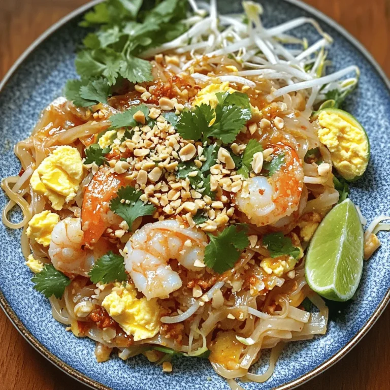 - Flat rice noodles: I use 8 oz of flat rice noodles. They are the star of this dish. You can also use other types if you like. Just make sure they cook well. - Protein options: For protein, I love adding 1 cup of shrimp. You can swap it with tofu or chicken. Tofu is great for a vegetarian delight! - Essential seasonings and condiments: Fish sauce is key here. I use 3 tablespoons for depth. Tamari sauce is a good swap if you're vegan. I also add 2 tablespoons of tamarind paste for a tangy kick. Brown sugar adds a hint of sweetness. - Fresh vegetables and garnishes: I toss in 1 cup of bean sprouts for crunch. Green onions add flavor and color. Use 1/2 cup, chopped into small pieces. Finally, I sprinkle 1/4 cup of crushed peanuts on top. Fresh cilantro and lime wedges are lovely garnishes. This simple list makes a tasty Pad Thai that you can whip up in no time. For the full recipe, check it out and enjoy! 1. Cooking the rice noodles: Start by boiling water in a large pot. Add 8 oz of flat rice noodles. Cook them for about 7-8 minutes, or until they are soft. Drain the noodles and let them cool. 2. Heating the oil and sautéing garlic: In a large pan or wok, add 2 tablespoons of vegetable oil. Heat it over medium-high heat until it shimmers. Add 2 cloves of finely minced garlic. Sauté for about 30 seconds until it smells great, but do not let it burn. 3. Cooking protein and scrambling eggs: Next, add 1 cup of shrimp, peeled and deveined. Sauté for 2-3 minutes until the shrimp turns opaque. Push the shrimp to the side. In the empty space, pour in 2 large eggs that are lightly beaten. Scramble the eggs until they are just set, then mix them with the shrimp. 1. Incorporating the noodles, sauces, and sugars: Add the drained rice noodles to the pan. Pour in 3 tablespoons of fish sauce and 2 tablespoons of tamarind paste. Sprinkle in 1 tablespoon of brown sugar. Toss everything together to coat the noodles well. 2. Adding fresh veggies and final adjustments: Stir in 1 cup of rinsed bean sprouts and 1/2 cup of chopped green onions. Cook for another 2-3 minutes. This helps everything to blend well and heat through. 3. Serving suggestions and presentation tips: Once done, remove the pan from heat. Serve the hot Pad Thai in shallow bowls. Sprinkle with 1/4 cup of crushed peanuts and garnish with fresh cilantro. Add lime wedges on the side for a zesty finish. Enjoy your delicious masterpiece! For the full recipe, check the detailed section above. 1. Common mistakes to avoid A common mistake is overcooking the noodles. They should remain slightly firm. If they are too soft, your dish may turn mushy. Also, don't skip the garlic! It adds great flavor. 2. How to adjust flavors to personal preference Taste your Pad Thai while cooking. If you want it sweeter, add more brown sugar. For saltiness, add extra fish sauce or soy sauce. If you enjoy spice, add chili flakes or sriracha. 3. Best tools for cooking Pad Thai at home Use a large pan or wok for even cooking. A spatula helps you stir well and mix all ingredients. A pot for boiling noodles is key. You may also want a sharp knife for chopping veggies. 1. Vegetarian and vegan alternatives For a vegetarian dish, swap shrimp with tofu. You can use soy sauce instead of fish sauce. This keeps the flavor rich without meat. 2. Gluten-free options for noodles and sauces Look for rice noodles labeled gluten-free. You can also find gluten-free soy sauce. This makes your dish safe for those with gluten issues. 3. Suggestions for quick ingredient swaps If you don't have tamarind paste, use lime juice mixed with brown sugar. You can replace bean sprouts with shredded carrots for crunch. If you lack peanuts, sunflower seeds work well for garnish. For the full recipe, check out the Delightful Pad Thai section. Enjoy creating this tasty meal! {{image_4}} You can switch up the protein in Pad Thai to suit your taste. - Pad Thai with chicken or beef: If you prefer meat, chicken or beef works great. Just slice them thinly and cook until tender. - Shrimp vs. tofu for a vegetarian option: Shrimp adds a nice flavor. If you want a vegetarian meal, use tofu instead. It soaks up the sauce well. - Seafood Pad Thai alternatives: You can also use a mix of seafood. Think scallops or squid for a unique twist. Changing the flavors can make Pad Thai exciting. - Spicy Pad Thai options: Add chili flakes or hot sauce for heat. Adjust to your spice level! - Low-sugar or healthier adaptations: Use less sugar or swap it with a sugar substitute. It keeps the taste but cuts the calories. - Add-ins for extra nutrition: Toss in veggies like bell peppers or carrots. They add crunch and extra vitamins. Feel free to mix and match these ideas. You can find your perfect Pad Thai style! For even more details, check the Full Recipe. To keep your Pad Thai fresh, place it in an airtight container. This helps prevent sogginess. Pad Thai is best kept in the fridge. It will stay good for about three days. You can also freeze it for longer storage. If you freeze it, use a freezer-safe bag or container. Make sure to remove as much air as possible. This helps keep the food fresh and tasty for up to three months. When it’s time to reheat, avoid the microwave if you can. A pan or wok is best. Heat it on low to medium heat. Add a splash of water or oil to help steam the noodles. Stir gently to avoid breaking them. This keeps the noodles soft and chewy. To maintain the flavor, consider adding a bit more fish sauce or lime juice. Adjusting the seasoning can bring back the original taste. Remember to watch the heat. High heat can dry out the noodles. Enjoy your delicious Pad Thai just like it was fresh! For the full recipe, click here. To make Pad Thai vegetarian, swap out meat for tofu. Tofu provides protein and absorbs flavors well. You can also use tempeh or seitan for a meat-like texture. For sauce, replace fish sauce with soy sauce or tamari. Add extra veggies like bell peppers or carrots for more crunch and color. This way, you keep it tasty and filling. If you lack tamarind paste, use a mix of lime juice and brown sugar. This mix gives a similar tangy flavor. Another option is to use vinegar with sugar, which can also work well. You can even use Worcestershire sauce, but it will change the taste slightly. Each of these swaps will help you keep the flavor profile close. Yes, you can make Pad Thai in advance! Prepare the noodles and sauce, but keep them separate until serving. Store them in airtight containers in the fridge. When ready to eat, simply reheat the noodles and mix with the sauce. This way, you save time on busy nights. Serve Pad Thai in shallow bowls for a nice look. You can garnish with crushed peanuts, fresh cilantro, and lime wedges. These toppings add flavor and color. Pair it with a simple green salad or spring rolls for a complete meal. This adds variety and makes the dish more fun. Pad Thai lasts about 3-4 days in the fridge. Keep it in an airtight container to stay fresh. Look for signs of spoilage, like off smells or changes in color. If it seems off, it's best to toss it. Always trust your senses to keep your meals safe. You now have all the tools to make a great Pad Thai. We covered the key ingredients like flat rice noodles, proteins, and seasonings. You learned simple steps to cook and combine everything well. I shared tips to avoid mistakes, adjust flavors, and substitute ingredients. Pad Thai is flexible and fun, allowing you to explore different proteins and flavors. Enjoy experimenting in the kitchen. With practice, you'll master this dish and impress friends and family. Don't forget to store and reheat leftovers properly for the best taste. Happy cooking!