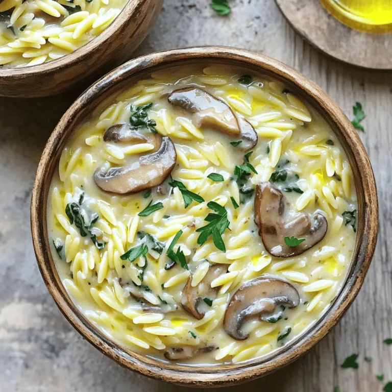 - 1 cup orzo pasta - 2 cups vegetable broth - 1 cup sliced mushrooms (cremini or button) - 1 small onion, finely diced - 2 cloves garlic, minced - 1 cup fresh spinach, roughly chopped - ½ cup heavy cream or coconut cream (dairy-free option) - ¼ cup grated Parmesan cheese (optional) - 2 tablespoons olive oil - 1 teaspoon dried thyme - Salt and freshly cracked pepper - Fresh parsley for garnishing The ingredients in this One Pot Creamy Mushroom Orzo let you create a rich dish. Orzo pasta cooks quickly and soaks up flavors well. Mushrooms add a beautiful earthiness. I love using a mix of cremini and button mushrooms for depth. Fresh spinach brings a pop of color and nutrition. Using heavy cream makes the dish creamy and satisfying. If you need a lighter option, coconut cream works just as well. Add Parmesan cheese for an extra layer of flavor, but it’s optional. Olive oil helps to start the cooking process, while thyme adds an aromatic touch. Adjust salt and pepper to suit your taste. Each serving has about 340 calories. You’ll get around 12 grams of protein, 45 grams of carbohydrates, and 15 grams of fat. The dish is rich in vitamins from spinach and mushrooms. - Health benefits of key ingredients: - Mushrooms: Full of antioxidants and vitamins like B and D. - Spinach: Packed with iron and calcium, great for bones and blood. - Olive oil: Heart-healthy fat that can lower bad cholesterol. These ingredients work together to create a dish that is not just tasty but also nourishing. For the full recipe, check out the [Full Recipe]. 1. Heat olive oil in a large pot over medium heat. 2. Add finely diced onions and sauté for 3-4 minutes. They should become soft and clear. 3. Next, add minced garlic and sliced mushrooms. Cook this mix for 5-7 minutes. Stir often until mushrooms turn brown. This brings out their rich flavor. 1. Now, add 1 cup of orzo pasta, dried thyme, salt, and pepper. 2. Toast the orzo in the pot for 1-2 minutes. Stir constantly to enhance its nutty flavor. 3. Pour in 2 cups of vegetable broth and raise the heat to boil. 4. Once boiling, lower the heat. Cover the pot and let it simmer for 10-12 minutes. Stir occasionally to stop sticking. 1. When the orzo is tender, stir in ½ cup of heavy cream and 1 cup of chopped spinach. 2. If using, add ¼ cup of grated Parmesan cheese for extra creaminess. Mix well until the spinach wilts. 3. Taste and adjust the seasoning if needed. 4. Remove the pot from heat. Let it rest for a couple of minutes. This helps the dish thicken for serving. For the complete recipe, check out the Full Recipe. What if I overcook the orzo? If your orzo is mushy, don’t worry. You can save it. Drain the orzo. Then, spread it on a baking sheet. Cool it down to stop the cooking. You can also mix it with a bit of olive oil to help it separate. What if my sauce is too thick or too thin? If your sauce is too thick, add a splash of vegetable broth or water. Stir it in slowly until it reaches the right creaminess. For a thin sauce, let it simmer longer. This will help it thicken naturally. What herbs and spices can I use? To boost flavor, try adding fresh thyme or rosemary. You can also use a pinch of nutmeg for warmth. For a kick, red pepper flakes add a nice touch. Experiment to find your favorite mix! Can I add proteins like chicken or shrimp? Yes! Cook diced chicken or shrimp right after the onions. This adds great taste and makes the dish heartier. Just ensure they are fully cooked before adding the orzo. What should I pair with creamy mushroom orzo? This dish pairs well with a fresh salad or crusty bread. A simple green salad with lemon vinaigrette brightens the meal. You can also add a side of roasted vegetables for color and flavor. How can I present it like a restaurant dish? Serve the creamy mushroom orzo in deep bowls. Garnish with chopped parsley for color. A sprinkle of extra Parmesan or a drizzle of olive oil adds elegance. This makes your dinner feel special and looks inviting! {{image_4}} You can easily change this dish to fit different diets. For a vegan version, swap the heavy cream with coconut cream. Add nutritional yeast for a cheesy flavor without dairy. If you need gluten-free options, look for gluten-free orzo. There are many brands that make tasty alternatives. You can mix in various veggies to enhance flavor. Try adding peas or bell peppers for a pop of color and taste. If you like a kick, sprinkle in some red pepper flakes. This can really elevate the dish and give it some heat. Consider giving your orzo an ethnic twist. For a Mediterranean vibe, add sun-dried tomatoes and olives. You can also sprinkle in some feta cheese before serving. If you want an Asian flair, mix in soy sauce and a dash of sesame oil. These changes can transform the dish into something new and exciting. For the full recipe, check out the details above. To store One Pot Creamy Mushroom Orzo in the fridge, place it in an airtight container. Use it within three days for the best taste. When you’re ready to enjoy leftovers, reheat it on low heat in a pot. Add a splash of broth or cream to keep it creamy. Stir often until it warms up. If you want to freeze the dish, let it cool first. Then, place it in a freezer-safe container. It can last up to three months in the freezer. When you’re ready to eat, thaw it in the fridge overnight. After thawing, you might notice some texture changes. The orzo may become softer. Adding a bit of cream or broth while reheating can help revive its creaminess. In the fridge, One Pot Creamy Mushroom Orzo stays fresh for about three days. In the freezer, it remains good for up to three months. Always check for signs of spoilage before using leftovers. Enjoy your dish while it’s still at its best! You can make this dish ahead by cooking it fully and cooling it down. Store it in a sealed container in your fridge for up to three days. When ready to eat, reheat it on low heat. Add a splash of broth or cream to keep it creamy. This method saves time and gives you a tasty meal ready to go! Yes! You can use small pasta shapes like ditalini or acini di pepe. These shapes cook similarly and soak up the sauce well. You could even try rice or quinoa for a gluten-free option. Just adjust the cooking time based on the pasta you choose. To add more protein, consider grilled chicken, shrimp, or chickpeas. You can serve it with a side salad or garlic bread for extra fiber. Another option is to mix in some cooked sausage or tofu for a hearty twist. These additions will make your meal more satisfying and delicious! In this blog post, we covered how to make a creamy mushroom orzo dish. We talked about the key ingredients, step-by-step instructions, and tips for the best results. You learned how to adjust flavors and make dietary changes to suit your needs. Remember, cooking is about having fun and trying new things. Enjoy your creamy mushroom orzo, and don’t be afraid to experiment with this recipe. Each bite can be a different delight!