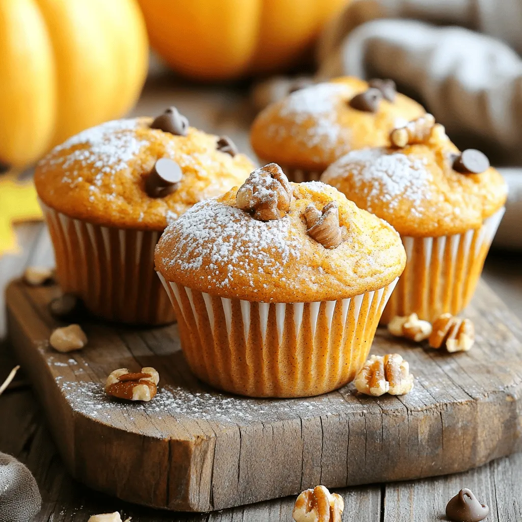 - 1 cup pumpkin puree - 2/3 cup brown sugar - 1/3 cup granulated sugar - 1/2 cup vegetable oil - 2 large eggs - 1 teaspoon vanilla extract - 1 1/2 cups all-purpose flour - 1 teaspoon baking soda - 1 teaspoon baking powder - 1 tablespoon pumpkin pie spice - 1/2 teaspoon salt - Optional additions: 1/2 cup chopped walnuts or pecans, 1/2 cup chocolate chips When I make pumpkin spice muffins, I choose high-quality pumpkin puree. You can use fresh pumpkin, but canned puree works well. Look for brands with no added sugar or spices. Always check the label for quality. Fresh ingredients make a big difference. Fresh eggs give the muffins a nice rise. Fresh spices also add a strong flavor. If you can, buy whole spices and grind them yourself. Each muffin is about 200 calories. They contain around 8 grams of fat, 30 grams of carbs, and 3 grams of protein. Pumpkin is great for your health. It is low in calories but high in vitamins. Pumpkin spice adds flavor and has some health benefits too. Spices like cinnamon may help with digestion and blood sugar control. Enjoy these muffins as a tasty treat that also offers some nutrition! For the full recipe, check out the Cozy Pumpkin Spice Muffins section. 1. Preheat your oven to 350°F (175°C). Prepare a muffin tin by lining it with paper liners or greasing each cup with non-stick spray. This step helps the muffins release easily after baking. 2. In a large bowl, mix the pumpkin puree, brown sugar, granulated sugar, vegetable oil, eggs, and vanilla extract. Whisk these ingredients together until the mixture is smooth. 3. In another bowl, sift together the all-purpose flour, baking soda, baking powder, pumpkin pie spice, and salt. Sifting removes lumps and helps mix the dry ingredients well. 1. Gradually add the dry mixture to the wet mixture. Use a spatula to fold them together gently. Be careful not to overmix, as this makes muffins dense. 2. If you want, fold in chopped walnuts or pecans and/or chocolate chips. These add great texture and flavor. 1. Using a scoop, fill each muffin cup about 3/4 full. This allows the muffins to rise without overflowing. 2. Place the muffin tin in the oven and bake for 18-22 minutes. To check if they are done, insert a toothpick into the center of a muffin. It should come out clean or with just a few moist crumbs. 3. After baking, let the muffins cool in the tin for about 5 minutes. Then, transfer them to a wire rack to cool completely. Enjoy the lovely smell as they cool. For the full recipe, refer to the Cozy Pumpkin Spice Muffins section above. To make light muffins, avoid overmixing the batter. Stir just until you see no dry flour. This keeps air in the batter. Air gives muffins their fluffy texture. Testing for doneness is simple. Insert a toothpick into the center of a muffin. If it comes out clean, your muffins are ready. If there are crumbs, bake for a few more minutes. You can add spices to boost flavor. Try cinnamon, nutmeg, or even a dash of ginger. These spices make your muffins warm and cozy. For dietary needs, there are easy swaps. Use almond flour or oat flour for gluten-free muffins. To make them vegan, replace eggs with applesauce or flaxseed meal. Both options work well in this recipe. Don’t throw away leftover pumpkin puree! It’s great in many dishes. Add it to smoothies for a creamy texture. You can mix it into soups for added flavor. Try using it in pancakes or waffles too. The options are endless! {{image_4}} I love to play with flavors in my pumpkin spice muffins. Adding chocolate chips turns them into a sweet treat. The rich chocolate blends well with the warm spices. You can also try nutty variations. Chopped walnuts or pecans add a nice crunch. They complement the soft muffin texture perfectly. Both options make the muffins even more enjoyable. You can easily adjust this recipe for different diets. For gluten-free muffins, use a gluten-free flour blend. This keeps the texture light and fluffy. If you want vegan muffins, substitute the eggs. You can use flaxseed meal or applesauce instead. Both options work well and keep the muffins moist. These adjustments make the recipe more inclusive. Pairing your muffins with drinks enhances the experience. Coffee and tea go well with these warm muffins. I also love to make muffin parfaits. Layer muffin pieces with yogurt and fruit for a fun twist. You can add toppings like cream cheese frosting or a sprinkle of cinnamon. These ideas make your muffins even more inviting and delicious. To keep your pumpkin spice muffins fresh, store them at room temperature. Place them in an airtight container. This helps maintain their moisture and flavor. You can also wrap them in plastic wrap. Just be sure they cool completely before wrapping. If you want to enjoy these muffins later, freeze them. To do this, wrap each muffin in plastic wrap, then place them in a freezer bag. This keeps them fresh for about three months. When you're ready to eat, thaw them in the fridge overnight. You can also microwave them for 20-30 seconds to warm them up. These muffins stay fresh for about three days at room temperature. If stored properly in the fridge, they can last up to a week. Watch for signs of spoilage. If they smell off or have mold, it’s best to toss them. Enjoy your cozy pumpkin spice muffins while they are at their best! For the full recipe, check out the recipe section. To make fluffy muffins, mix wet and dry ingredients well, but do not overmix. Use room temperature eggs for better rise. Choose all-purpose flour for the right texture. Baking powder and baking soda help with fluffiness. They create air pockets during baking. This gives your muffins a light, soft bite. Yes, you can use fresh pumpkin. Start by roasting a pumpkin until soft, then puree it. Fresh pumpkin gives a richer flavor. However, it may have more moisture than canned. Adjust the liquids in your recipe if needed. Canned pumpkin is more convenient and consistent in texture. You can use several egg substitutes. For one egg, try 1/4 cup of unsweetened applesauce or mashed banana. Ground flaxseed mixed with water works too—1 tablespoon flaxseed with 2.5 tablespoons water. Each option adds moisture but changes flavor slightly. Choose what fits your taste best. To prevent sticking, grease the muffin tin well. Use non-stick spray or butter. You can also line the tin with paper liners for easy removal. Allow muffins to cool for a few minutes before taking them out. This helps them release easily without breaking. Absolutely! You can add chopped walnuts, pecans, or chocolate chips for extra flavor. Dried fruits like cranberries or raisins also work well. If you add too much, the muffins may become dense. So, stick to about 1/2 cup of mix-ins. Enjoy experimenting with your favorite flavors! You learned how to make delicious pumpkin muffins from scratch. We covered the key ingredients, preparation steps, and tips for success. Remember to select high-quality ingredients for the best taste. Don’t forget the options for dietary needs and creative variations. With these tips, you can enjoy tasty muffins anytime. I hope you feel ready to bake and try these ideas. Enjoy your pumpkin muffins fresh, and share them with friends!