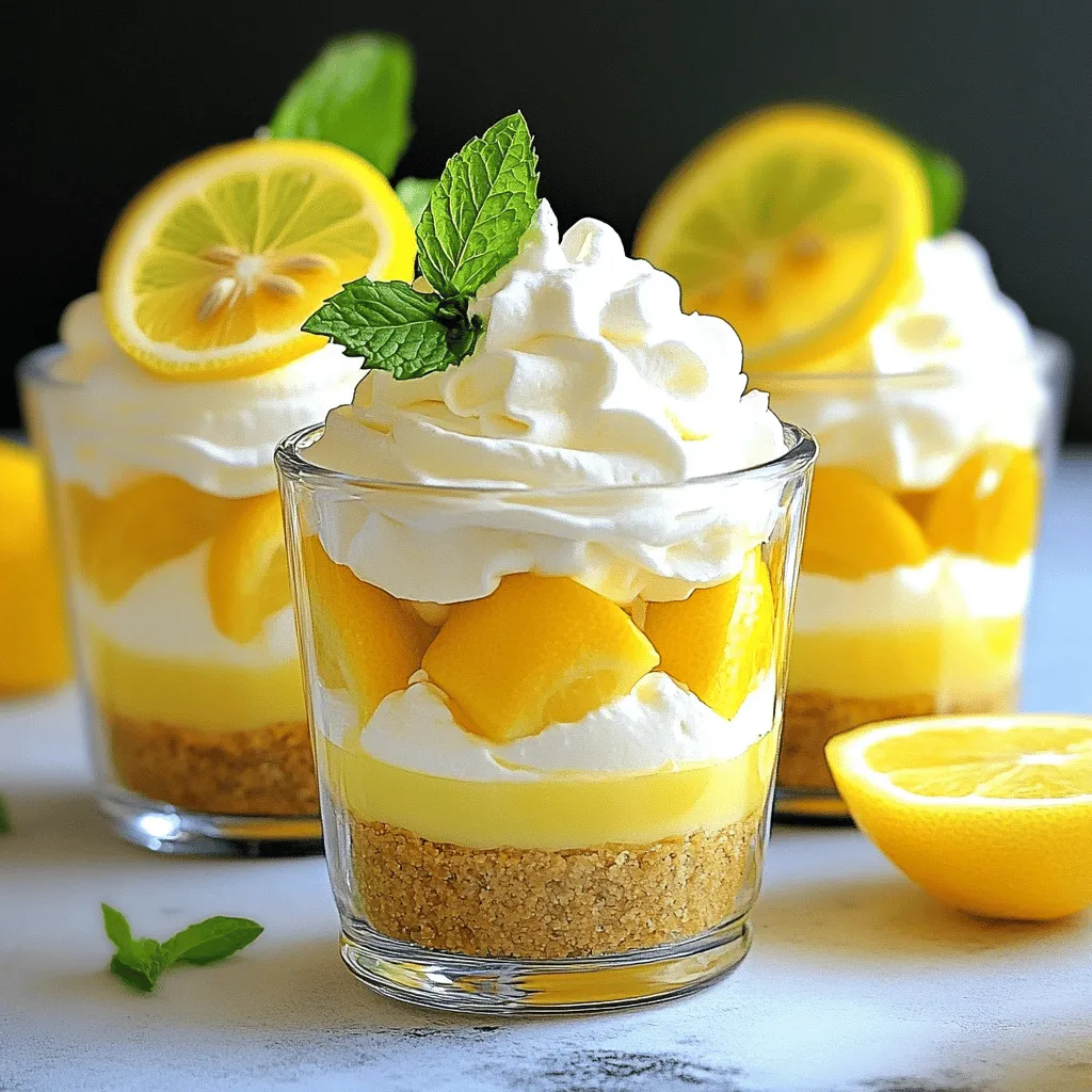 To make No Bake Lemon Cheesecake Cups, gather these simple ingredients: - 1 cup graham cracker crumbs - 2 tablespoons granulated sugar - 1/4 cup unsalted butter, melted - 8 oz cream cheese, softened - 1/2 cup powdered sugar - 1/2 cup sour cream - 1/4 cup freshly squeezed lemon juice - Zest of 1 medium lemon - 1 teaspoon pure vanilla extract - Whipped cream for topping - Fresh lemon slices - Mint leaves for garnish If you don't have graham crackers, you can use digestive biscuits as a base. For a dairy-free option, substitute cream cheese with a vegan cream cheese. You can also replace sour cream with coconut yogurt for a lighter twist. If you want less sweetness, cut down on the powdered sugar. Adjust the lemon juice to fit your taste. To make your cheesecake cups pop, try adding fresh fruit like berries. You can also sprinkle crushed nuts on top for a nice crunch. Chocolate shavings or a drizzle of chocolate sauce can add a rich flavor. Get creative! Each garnish adds its own twist to the dish, making it fun and unique. For the complete recipe, refer to the [Full Recipe]. To make the crust, grab a medium bowl. Combine 1 cup of graham cracker crumbs, 2 tablespoons of sugar, and 1/4 cup of melted butter. Mix well until it feels like wet sand. This is key for a good base. Now, take about 2 tablespoons of this mixture. Press it firmly into the bottom of each cup. Use your fingers or the back of a spoon. Make sure the crust is compact. Set these cups aside for now. In a large bowl, put 8 ounces of softened cream cheese. Add 1/2 cup of powdered sugar. Use an electric mixer on medium speed to blend them together. Mix until it is smooth and creamy. Next, add in 1/2 cup of sour cream, 1/4 cup of freshly squeezed lemon juice, lemon zest, and 1 teaspoon of vanilla extract. Keep mixing for about 2-3 minutes. You want this to be fluffy and well blended. Now it’s time to fill the cups! Carefully spoon the lemon cheesecake mixture into each cup. Fill them about three-quarters full. Use a spatula to smooth the tops for a nice finish. Once done, cover the cups with plastic wrap. Place them in the fridge for at least 4 hours. If you have time, let them chill overnight for the best results. When serving, add whipped cream on top. A slice of lemon and a mint leaf will make them look great. Enjoy your no bake lemon cheesecake cups! For a full recipe, check out the details above. To get the creamiest texture, start with room-temperature cream cheese. Cold cream cheese clumps up and won't mix well. Beat the cream cheese until smooth before adding other ingredients. Mixing at medium speed helps incorporate air, making the filling light. This step is key for a fluffy cheesecake. Chill the cheesecake cups for at least four hours. This time lets the filling firm up. For the best results, let them sit overnight. Cover the cups well to prevent any odors from the fridge. If they feel too soft, they need more time in the fridge. When serving, top each cup with whipped cream. A fresh lemon slice adds a nice touch. Add a mint leaf for color and flavor. You can also sprinkle extra lemon zest on top for a pop of brightness. For a fun twist, try serving them in clear cups for a beautiful layered look. Enjoy your no bake lemon cheesecake cups! Check the Full Recipe for more details. {{image_4}} You can play with flavors in these cheesecake cups. Try adding fresh berries for a fruity twist. Strawberries or blueberries work great and add color. Just fold in about 1/2 cup of mashed berries into the filling. If you love chocolate, mix in melted chocolate or cocoa powder. This gives a rich, creamy taste. You can even layer the chocolate and lemon for a fun surprise! If you don’t have some ingredients, don’t worry! You can use crushed cookies instead of graham crackers. Oreo cookies make a tasty crust. For a lighter version, use Greek yogurt instead of sour cream. It keeps the texture smooth while cutting some fat. You can swap fresh lemon juice for lime juice for a different zing. To make this recipe gluten-free, just choose gluten-free graham crackers. They are easy to find and work well. For a vegan version, replace the cream cheese with a vegan cream cheese. Use coconut cream instead of sour cream for a rich texture. And don’t forget to use maple syrup or a vegan sweetener for the sugar. This way, everyone can enjoy these yummy treats! For the full recipe, check the recipe section above. To keep your no bake lemon cheesecake cups fresh, store them in the fridge. Use an airtight container to prevent them from absorbing smells. You can also cover the cups with plastic wrap. This keeps the cheesecake moist and tasty. These cheesecake cups last up to 4 days in the fridge. After that, the texture may change. Always check for signs of spoilage before eating. If they smell off or look strange, it's best to toss them. You can freeze these cheesecake cups for longer storage. Wrap each cup tightly with plastic wrap and then place them in a freezer-safe container. They can last for up to 2 months in the freezer. When ready to enjoy, thaw them in the fridge overnight before serving. This helps maintain their creamy texture. Yes, you can use low-fat cream cheese and sour cream. They will work fine. The taste might change a bit, but you will still enjoy it. You can also swap granulated sugar with a low-calorie sweetener. This keeps the flavor while cutting calories. You can tell if the cheesecake is set by checking the texture. After chilling for at least four hours, it should feel firm to the touch. If it jiggles, let it chill longer. For best results, chill overnight to ensure it sets well. If you don’t have graham crackers, try using cookies or crushed cereal. Shortbread cookies or digestive biscuits work great for a sweet crust. You can even use crushed pretzels for a salty crunch. Just mix them with melted butter and sugar, just like the recipe says. In this post, we explored how to make delicious cheesecake cups. We covered the key ingredients and measurements. You learned essential steps for preparation, mixing, and assembly. I shared tips for a creamy texture and perfect setting. You also found fun flavor variations and storage advice. Remember, these cups are easy to customize and great for sharing. Enjoy making and serving them however you like!