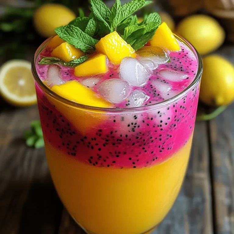 - 2 ripe mangoes, peeled and diced - 1 dragonfruit (pitaya), peeled and flesh diced - 1 cup freshly squeezed lemon juice (about 4-5 lemons) - 4 cups cold water - ½ cup honey or agave syrup - Ice cubes - Fresh mint leaves and lemon slices for garnish The ingredients for Mango Dragonfruit Lemonade are bright and colorful. Mangoes bring sweetness, while dragonfruit adds a unique look and taste. You need ripe mangoes for the best flavor. The dragonfruit, with its pink skin and white flesh, makes the drink pop. Next, you'll need fresh lemons. Squeezing lemons gives the lemonade its tangy kick. You can use about 4 to 5 lemons to get one cup of juice. Cold water balances the flavors and keeps the drink refreshing. The sweetener is up to you. Honey gives a floral note, while agave syrup offers a smooth sweetness. You can adjust the amount based on your taste. Don't forget ice cubes to chill each glass. Finally, mint leaves and lemon slices make for a pretty garnish. This treat looks as good as it tastes. In one serving of this drink, you get about 120 calories. It has 0 grams of fat and about 30 grams of carbohydrates. You’ll find around 25 grams of sugar, mainly from the fruit and honey. Mangoes are rich in vitamins A and C. They help boost your immune system. Dragonfruit is high in fiber and antioxidants. It supports digestion and skin health. Together, these fruits make a healthy and delicious drink. You’ll feel good sipping on this refreshing lemonade. To start, grab your ripe mangoes and dragonfruit. Peel the mangoes and chop them into small pieces. Next, take the dragonfruit, peel it, and cut its flesh into cubes. This fruit prep is key for a smooth drink. Once your fruit is ready, place the diced mangoes and dragonfruit into a blender. Blend on high speed until the mixture is smooth. If you like a finer texture, use a fine sieve to strain the mixture into a large pitcher. You can discard the pulp, but this step is optional. Now, it’s time to make this drink pop! Pour in the freshly squeezed lemon juice. This adds a zesty kick to your drink. Next, add the cold water to the pitcher. Stir well to combine all the flavors. For sweetness, mix in honey or agave syrup. Taste as you go to find your perfect level of sweetness. Stir until the sweetener dissolves completely. For the best flavor, chill the lemonade in the fridge for at least 30 minutes. When you’re ready to serve, fill glasses with ice cubes. Pour the chilled lemonade over the ice. For the final touch, garnish each glass with fresh mint leaves and lemon slices. This makes your drink look beautiful and refreshing. Enjoy your vibrant Mango Dragonfruit Lemonade! For the full recipe, check the details above. To make your Mango Dragonfruit Lemonade just right, adjust the sweetness. You can use honey or agave syrup. Start with ½ cup and taste as you mix. Add more if you like it sweeter. When blending fruit, focus on texture. Cut mangoes and dragonfruit into small pieces first. This helps the blender work better. Blend on high speed until smooth. If you want it silkier, strain the mixture. Use a fine sieve for this step. It makes a nice, clean lemonade. To make your drink more exciting, try adding herbs or spices. Fresh mint pairs well with mango. You can also add a pinch of salt for depth. Chilling time matters for taste. Let your lemonade sit in the fridge for at least 30 minutes. This helps the flavors blend. The longer it chills, the better it tastes. Enjoy your refreshing Mango Dragonfruit Lemonade! {{image_4}} If you want to switch things up, consider using alternative sweeteners. Maple syrup or stevia can replace honey or agave syrup. These options can help you reduce sugar while keeping it tasty. You can also play with the citrus flavors. Instead of lemon juice, try lime juice for a zesty twist. Other citrus fruits, like oranges or grapefruits, can add their unique flair to your drink. Just remember to adjust sweetness to match the fruit's flavor. Mango dragonfruit lemonade is a great base for adding tropical flavors. You might mix in some coconut to give it a creamy texture. Coconut milk can make your drink rich and refreshing. Passion fruit is another fun addition. Its tartness pairs well with the sweetness of mango. You can also blend in other fruits like strawberries or pineapple. This way, you create a unique blend that excites your taste buds. Get creative and find your favorite mix! To keep your Mango Dragonfruit Lemonade fresh, store it in the fridge. Use an airtight container or a pitcher with a lid. This will help prevent any unwanted odors from mixing in. You can keep it fresh for up to three days. After three days, the fruit flavors may start to fade. If you want to enjoy this drink later, freezing is a great option. Pour the lemonade into ice cube trays for easy freezing. Once frozen, transfer the cubes into a freezer bag. This will help save space and keep them fresh. When you're ready to drink it, thaw the cubes in the fridge overnight. You can also blend the cubes into a slushy drink for a fun twist! Can I use canned or frozen fruits? Yes, you can use canned or frozen fruits. They work well in this drink. Canned mangoes might be softer than fresh ones. Frozen dragonfruit is also a good option. Just let them thaw first. This can save you time and effort. Is there a way to make this drink sugar-free? Absolutely! You can skip the honey or agave syrup. Instead, use a sugar-free sweetener like stevia or monk fruit. These options add sweetness without calories. Adjust the amount to fit your taste. Popular stores that offer Mango Dragonfruit Lemonade You can find Mango Dragonfruit Lemonade in many grocery stores. Look for it in the beverage aisle or fresh juice section. Stores like Target, Walmart, and Whole Foods often stock it. Local cafes may also offer this refreshing drink. Online options for purchasing ready-made versions If you prefer to shop online, try sites like Amazon or Instacart. They often have ready-made Mango Dragonfruit Lemonade. Check for options based on delivery in your area. Buying online can save time and offer more choices. How does this lemonade compare to other fruit lemonades? Mango Dragonfruit Lemonade stands out for its vibrant colors and unique taste. It offers a tropical twist that many other lemonades lack. Traditional lemonades tend to be more tart, while this drink blends sweet and tropical flavors. Discussion on the popularity and taste profiles of similar drinks Similar drinks like strawberry lemonade or peach lemonade are also popular. They often have a sweeter taste, but they don't match the tropical flair of mango and dragonfruit. Mango Dragonfruit Lemonade appeals to those seeking something fresh and exciting. Mango Dragonfruit Lemonade offers a refreshing twist to classic lemonade. You learned about the main ingredients, nutritional benefits, and step-by-step instructions. I shared tips for enhancing flavors and variations to make it uniquely yours. Whether you adjust sweetness or add tropical elements, this drink is fun for everyone. Storing and freezing tips will keep your lemonade fresh longer. Enjoy this vibrant drink any time, knowing how easy it is to make. The blend of mango and dragonfruit is sure to impress family and friends.