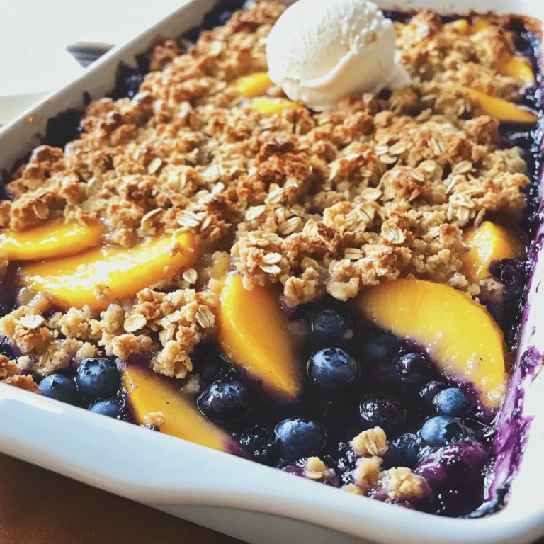 For a tasty Blueberry Peach Crisp, you'll need these fresh ingredients: - 2 cups fresh blueberries - 2 cups fresh peaches - 1 tablespoon freshly squeezed lemon juice Fresh fruit brings out the best flavors in this dessert. The blueberries burst with juice, while the peaches add a sweet and soft touch. The lemon juice helps brighten all the flavors. Next, gather these crisp topping ingredients: - 1 cup rolled oats - 1/2 cup all-purpose flour - 1/2 cup packed brown sugar - 1/3 cup unsalted butter - 1 teaspoon ground cinnamon - 1/4 teaspoon salt - 1/2 cup chopped nuts The topping is where the magic happens! Rolled oats give it a hearty texture. Brown sugar adds sweetness, while cinnamon gives warmth. Nuts, like walnuts or pecans, bring crunch and flavor. For a special touch, consider serving with: - Vanilla ice cream Adding vanilla ice cream creates a delightful contrast. The warm crisp meets the cold ice cream for a perfect bite. Explore more ways to enjoy this crisp by checking the Full Recipe. Set your oven to 350°F (175°C). This step is key, as it ensures even baking. Toss the fresh blueberries and sliced peaches in a bowl. Add 1 tablespoon of freshly squeezed lemon juice. This juice brightens the fruit's flavor. After mixing, transfer the fruit to a greased 9x13-inch baking dish. Spread it out evenly. In a separate bowl, combine 1 cup of rolled oats, 1/2 cup of all-purpose flour, and 1/2 cup of packed brown sugar. Then, add 1/3 cup of melted unsalted butter, 1 teaspoon of ground cinnamon, and 1/4 teaspoon of salt. Mix until crumbly. Finally, stir in 1/2 cup of chopped nuts for added crunch. Now, evenly spread the oat topping over the fruit in the baking dish. Make sure to cover all the fruit. This helps everything bake well together. Place the dish in the oven and bake for 30-35 minutes. Keep an eye on it until the topping turns golden brown. You should see the fruit juices bubbling around the edges. Once done, remove the crisp from the oven. Let it cool for about 10-15 minutes before serving. This cooling time helps the juices settle. Enjoy your warm Blueberry Peach Crisp with a scoop of vanilla ice cream for extra delight. For the full recipe, refer to the recipe section. To make the best blueberry peach crisp, you need ripe, in-season blueberries and peaches. Fresh fruit gives your dish great flavor and texture. Look for blueberries that are plump and shiny. They should not have any wrinkles. For peaches, choose ones that are slightly soft when you press them gently. This means they are ripe and sweet. To get that crunchy topping, I recommend using old-fashioned rolled oats. They give your crisp a great texture. Quick oats can become mushy and lose that nice bite. Mix them well with flour, brown sugar, and melted butter. This will ensure every bite is satisfying and crisp. When serving your blueberry peach crisp, think about adding a scoop of vanilla ice cream or yogurt. This adds creaminess and complements the warm fruit. The cold ice cream contrasts nicely with the warm crisp. You can also drizzle some honey or sprinkle nuts on top for added flavor. For more ideas, check the Full Recipe for serving tips! {{image_4}} You can change the fruit for great new tastes. Try nectarines for a juicy twist. Strawberries also work well. Mixing in other berries adds fun flavors too. I love adding raspberries or blackberries. They bring a tartness that balances the sweetness. Each fruit adds its unique charm to the dish. Need a gluten-free option? Just swap regular flour with gluten-free flour. This keeps the crisp tasty for everyone. If you want a dairy-free dish, use coconut oil instead of butter. It melts in just right and adds a slight coconut flavor. Both options let you enjoy this treat without worry. Want to kick up the flavor? Add a splash of vanilla extract to the topping. Almond extract also makes a lovely addition. Both give the crisp a warm, inviting aroma. These simple changes can make your dessert even more special. For the full recipe, check out the Sweet Blueberry Peach Crisp 🫐 section above. To keep your Blueberry Peach Crisp fresh, store it in an airtight container. Place it in the refrigerator. This way, it stays tasty for up to three days. Just remember to let it cool completely before sealing it up. You can freeze Blueberry Peach Crisp before or after baking. If you freeze it before baking, wrap it tightly in plastic wrap and aluminum foil. This protects it from freezer burn. If you freeze it after baking, let it cool first. Then, store it in a freezer-safe container. It can last for up to three months. For the best taste and texture, reheat your crisp in the oven. Preheat your oven to 350°F (175°C). Place the crisp in an oven-safe dish and cover it with foil. Heat for about 15 minutes or until warm. This helps keep the topping nice and crispy. Enjoy your comforting treat warm! You can prepare Blueberry Peach Crisp in advance. Start by assembling the dish without baking it. Once you layer the fruit and topping in the baking dish, cover it well. Store it in the fridge for up to 24 hours. When you're ready to bake, just pop it in the oven. This saves time and lets the flavors blend. Yes, you can use frozen fruit for this recipe. Just make sure to adjust the baking time. Frozen blueberries or peaches may need an extra 5-10 minutes of baking. Check for the bubbly juices and golden topping. This way, you can enjoy the crisp even in off-seasons. I love serving Blueberry Peach Crisp warm. It tastes amazing with a scoop of vanilla ice cream on top. The warm crisp and cold ice cream create a delightful contrast. You can also add a sprinkle of cinnamon for extra flavor. It makes for a perfect dessert that everyone will enjoy! This article covered how to make a tasty Blueberry Peach Crisp. We explored the best ingredients, like fresh fruit and a crunchy topping. I shared step-by-step instructions to ensure your crisp turns out perfectly every time. With tips on selecting fruit and making variations, you can customize this dessert to fit your taste. Finally, I discussed storage methods to keep leftovers fresh. Now, it’s time to gather your ingredients and enjoy this simple, delicious treat!