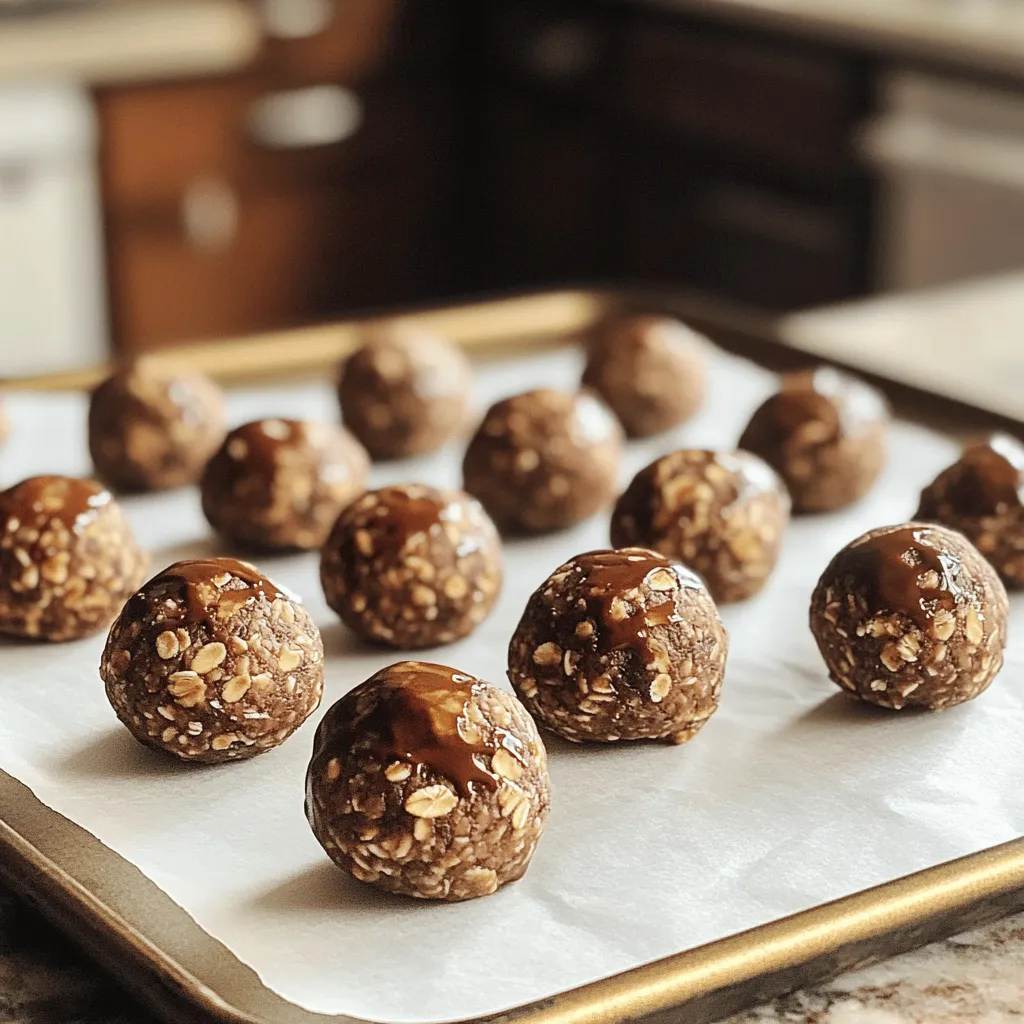 - 1 cup rolled oats - 1/2 cup natural peanut butter - 1/3 cup honey or maple syrup - 1/4 cup unsweetened cocoa powder The main ingredients create a strong base for these energy balls. Rolled oats give them fiber and a chewy texture. Natural peanut butter adds protein and healthy fats. Honey or maple syrup provides sweetness and binds everything together. Unsweetened cocoa powder gives a rich chocolate flavor. - 1/4 cup chocolate chips - 1/4 cup ground flaxseed - 1 teaspoon pure vanilla extract - A pinch of salt The additional ingredients boost flavor and nutrition. Chocolate chips add a sweet burst in each bite. Ground flaxseed offers omega-3s and fiber. Pure vanilla extract deepens the taste. A pinch of salt enhances the overall sweetness. For the complete recipe, check out the [Full Recipe]. - In a large mixing bowl, combine: - 1 cup rolled oats - 1/4 cup unsweetened cocoa powder - 1/4 cup ground flaxseed Mix these dry ingredients well. Make sure they blend evenly. - In a second bowl, mix: - 1/2 cup natural peanut butter - 1/3 cup honey or maple syrup - 1 teaspoon pure vanilla extract - A pinch of salt Stir until the mix is smooth and creamy. - Slowly add the wet mixture to the dry bowl. Stir gently. Ensure all dry items are well coated. - Now, fold in: - 1/4 cup chocolate chips Make sure the chocolate chips spread evenly through the mix. - Cover the bowl and chill the mix in the fridge for 30 minutes. This helps it firm up. - After chilling, scoop out portions of the mix. Roll them into small balls, about 1 inch wide. Place the balls on a parchment-lined baking sheet. - Chill the rolled balls for another 15-20 minutes to harden them. Once ready, store these treats in an airtight container. They last up to a week in the fridge. Enjoy your Peanut Butter Chocolate Energy Balls! For more details, check the Full Recipe. Choosing between smooth or crunchy peanut butter is a fun decision. Smooth peanut butter gives a creamy texture, while crunchy adds a nice bite. If you love a bit of crunch, go for the chunky kind. You can also adjust sweetness levels easily. If you prefer less sweetness, reduce the honey or maple syrup. Taste as you mix! This way, you can find the perfect balance for your taste buds. Presentation matters! Serve the energy balls in a small bowl. You can stack them in a mason jar for an eye-catching treat. For a fun twist, dust some energy balls with cocoa powder. This adds a nice touch and makes them look fancy. Pair these bites with almond milk or a hot cup of tea. They also taste great with fresh fruit like bananas or apples. To keep your energy balls fresh, store them in an airtight container. The fridge is the best spot for them. They can stay good for up to a week. If you want to keep them longer, freeze them! Just place them in a freezer-safe bag or container. They will last up to three months in the freezer. When you're ready, let them thaw in the fridge overnight. Enjoy your tasty snacks whenever you need a boost! {{image_4}} You can easily make these energy balls fit your diet. If you're vegan, swap honey for maple syrup. This keeps the sweet flavor while sticking to plant-based choices. For a gluten-free option, choose gluten-free rolled oats. It’s simple to make these treats work for everyone. Want to change things up? You can add spices like cinnamon or nutmeg for warmth. Just sprinkle a little in with the dry ingredients. This gives your energy balls a cozy flavor. You can also experiment with different nut butters. Try almond or cashew butter instead of peanut butter. Each nut butter adds its unique taste. Looking to add more protein? You can incorporate protein powder into the mix. Just a scoop or two will boost the nutrition. You can also mix in seeds or nuts for added crunch. Chia seeds or chopped almonds work great. This not only adds flavor but also increases the health benefits. These variations keep your Peanut Butter Chocolate Energy Balls fresh and exciting. You can enjoy them in many fun ways! For the full recipe, check out the earlier section. Peanut Butter Chocolate Energy Balls offer great health benefits. The oats provide fiber, which helps digestion. They keep you full and energized. Flaxseed adds omega-3 fatty acids, which are good for your heart. It also helps with inflammation. Together, these ingredients make a nutritious snack. Each serving of these energy balls contains: - Calories: About 120 - Protein: 4g - Carbohydrates: 15g - Fat: 5g - Fiber: 2g These energy balls are lower in calories than many store-bought snacks. A typical energy bar can have 200-300 calories. In contrast, our energy balls provide a satisfying snack at only 120 calories each. You get great taste and nutrition without the extra calories. These energy balls fit many lifestyles. Athletes can enjoy them for a quick snack before or after workouts. They give a boost of energy without weighing you down. Busy people also love them. You can grab one on the go and stay fueled throughout the day. They're a perfect solution for a busy life. To make these tasty energy balls, start by mixing dry ingredients. In a large bowl, combine rolled oats, cocoa powder, and ground flaxseed. Stir well until everything blends. Next, in another bowl, mix the wet ingredients. Combine natural peanut butter, honey (or maple syrup), vanilla extract, and a pinch of salt. Whisk until it's smooth and creamy. Then, pour the wet mixture into the dry ingredients. Stir until the dry ingredients are fully coated. This step ensures every bite is flavorful. Now, fold in the chocolate chips. Make sure they spread evenly throughout the mixture. After this, cover the bowl and chill it in the fridge for about 30 minutes. This helps the mixture firm up. Once chilled, scoop out the mixture and roll it into small balls, about one inch wide. Place them on a parchment-lined baking sheet. Chill them again for 15-20 minutes to set. Lastly, store the energy balls in an airtight container in the fridge for up to a week. You can find the full recipe to guide you through these fun steps. Yes, you can substitute some ingredients. If you want a nut-free option, try sun butter instead of peanut butter. For sweeteners, agave nectar works well in place of honey or maple syrup. If you need a gluten-free snack, ensure your oats are labeled gluten-free. You can also swap cocoa powder for carob powder for a different flavor. For added nutrition, you can mix in chia seeds instead of flaxseed. Don't have chocolate chips? Use dried fruit, like raisins or cranberries, for a sweet twist. These energy balls last up to a week when stored properly. Keep them in an airtight container in the refrigerator. This helps maintain their texture and flavor. If you want to store them longer, freeze them. Place them in a freezer-safe container. They can last for up to three months in the freezer. Just let them thaw in the fridge before enjoying. Peanut Butter Chocolate Energy Balls are easy to make and great for snacks. We covered the main ingredients like oats, peanut butter, and cocoa powder. You learned step-by-step how to mix and shape them. Remember to chill the mixture before rolling. Feel free to adjust the recipe to fit your taste, using tips for storage and variations. These energy balls provide a delicious and healthy option for everyone. Enjoy your homemade treats, knowing they are packed with nutrients and flavor!
