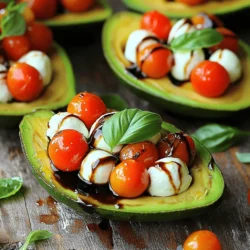 To make Caprese stuffed avocados, you need a few key items. Here’s what to gather: - 2 ripe avocados - 1 cup cherry tomatoes, halved - 1 cup fresh mozzarella balls, drained - ¼ cup fresh basil leaves, finely chopped - 2 tablespoons balsamic glaze - 1 tablespoon extra virgin olive oil - Salt and freshly cracked black pepper to taste These ingredients bring bright flavors and freshness to the dish. The creamy avocado pairs perfectly with the juicy tomatoes and soft mozzarella. While the main ingredients shine, you may want to add some extra flavor. Consider these options: - A pinch of garlic powder for warmth. - A squeeze of lemon juice for brightness. - A dash of red pepper flakes for heat. These seasonings can elevate your avocado dish and add a personal touch to your recipe. You’ll need a few simple tools to make this dish. Here’s what I recommend: - A sharp knife for slicing avocados and tomatoes. - A mixing bowl for combining the filling. - A spoon for scooping out avocado flesh. - A spatula for mixing and folding ingredients. Having these tools on hand will make your cooking process smooth and enjoyable. Now you’re ready to create a vibrant Caprese stuffed avocado dish! For the complete recipe, check out the Full Recipe. Start with two ripe avocados. Cut each avocado in half from top to bottom. Twist gently to separate the halves. Use a spoon to remove the pit carefully. Scoop out a bit of the flesh from the center of each half. This step gives you more room for the filling. Save the scooped-out avocado in a clean bowl. In a medium bowl, mix the halved cherry tomatoes and drained mozzarella balls. Add the chopped basil leaves for freshness. Then, include the reserved avocado flesh. Pour in the extra virgin olive oil, and sprinkle some salt and black pepper. Use a spatula to mix everything together gently. Make sure all the ingredients are well combined. Now, it's time to fill the avocados. Take a spoon and fill each avocado half with the Caprese mixture. Heap the mixture slightly to make it look nice. Each bite should be full of flavor and color. For the full recipe, you can refer to the section above. To make Caprese stuffed avocados, pick ripe fruit. A ripe avocado feels slightly soft when you press it gently. If it feels too hard, it is not ready. If it feels very soft, it may be overripe. Look for dark green or black skin. The color shows it is ripe and ready to eat. To boost flavor, use simple seasonings. Salt and pepper help bring out the taste. You can also add garlic powder or crushed red pepper for more zest. A squeeze of fresh lemon juice brightens the dish. It adds a nice tang that balances the creaminess of the avocado. You can even try different herbs, like oregano or thyme, to change the flavor. Make your dish look beautiful. Start by placing the stuffed avocados on a bright plate. Drizzle balsamic glaze over them for a stunning touch. You can sprinkle some extra chopped basil on top for a pop of color. Serve with a side of crusty bread for a complete meal. This makes the meal inviting and fun to eat. For the full recipe, don’t forget to check out the instructions above! {{image_4}} You can easily make Caprese stuffed avocados vegetarian. Instead of mozzarella, try using feta cheese. Feta adds a nice salty flavor. You can also swap in grilled veggies. Zucchini or bell peppers work well. They add color and taste, making your dish fun and fresh. Want to boost your meal? Add proteins like grilled chicken or shrimp. Just chop them into small pieces. Mix them into the Caprese filling. This adds more heartiness to your dish. You can enjoy a filling meal while keeping it tasty. Flavored oils can change the taste of your stuffed avocados. Try using garlic-infused olive oil for a rich flavor. You can also drizzle some chili oil for a spicy kick. Experiment with different dressings too. A tangy lemon vinaigrette can brighten the dish. For a sweet twist, use a lemon-basil dressing. Each variation makes your meal unique and exciting. For more ideas, check the Full Recipe. When you want to store Caprese stuffed avocados, keep them fresh and tasty. First, place them in an airtight container. This helps prevent browning and keeps them safe from air. If you have leftovers, cover them tightly with plastic wrap. You can also add lemon juice to the avocado flesh to slow down browning. This simple trick works well! You can keep stuffed avocados in the fridge for about one day. After this time, the avocados may brown and lose their taste. It’s best to eat them fresh. If you need to make them ahead of time, prepare the filling separately. Then, stuff the avocados just before serving. You should not reheat Caprese stuffed avocados. They taste best fresh and cold. However, if you want to warm the filling, do so gently in a pan. Just make sure not to cook the avocados. This will help you keep their creamy texture. Enjoy your Caprese stuffed avocados cold for the best flavor! Yes, you can prepare the Caprese filling ahead of time. Store it in the fridge. Cut the avocados just before serving. This keeps them fresh and green. If you mix the filling too early, the avocado may brown. To slow browning, add lemon juice to the filling. You can use feta cheese or goat cheese instead of mozzarella. Both add a nice tangy flavor. If you want a dairy-free option, try using a vegan cheese that melts well. You can also use diced avocado if you prefer a creamier texture. Yes, you can make a low-calorie version of Caprese stuffed avocados. Use less cheese or skip it entirely. Add more tomatoes and basil to keep it flavorful. You might also use a balsamic vinegar instead of glaze to cut down on sugar. For full details, check the Full Recipe for variations. Caprese stuffed avocados blend fresh flavors and textures. We explored key ingredients and seasonings, plus the right tools. I shared simple steps for preparing, mixing, and stuffing. Tips helped you pick ripe avocados and present them nicely. You learned ways to make this dish unique and how to store leftovers. In the end, these stuffed avocados are tasty and fun to make. Enjoy experimenting with your own twists!