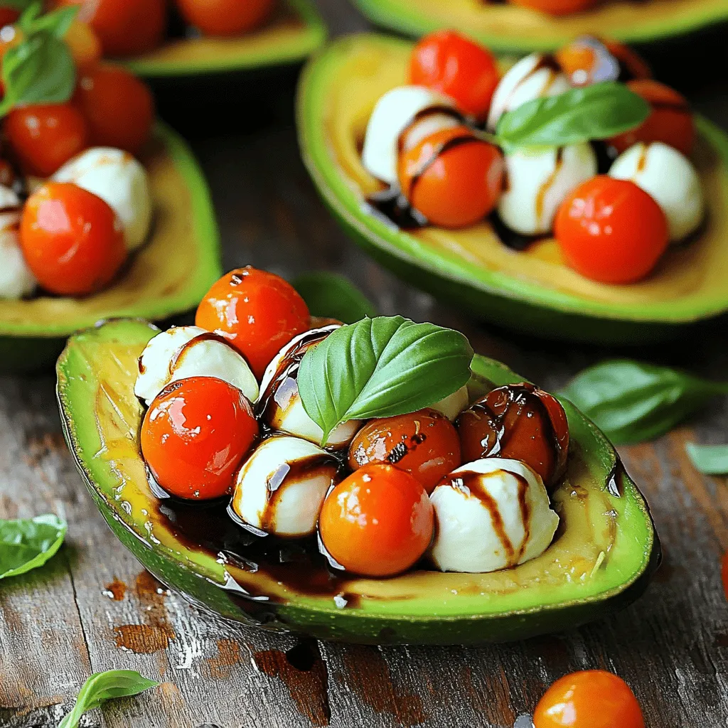 To make Caprese stuffed avocados, you need a few key items. Here’s what to gather: - 2 ripe avocados - 1 cup cherry tomatoes, halved - 1 cup fresh mozzarella balls, drained - ¼ cup fresh basil leaves, finely chopped - 2 tablespoons balsamic glaze - 1 tablespoon extra virgin olive oil - Salt and freshly cracked black pepper to taste These ingredients bring bright flavors and freshness to the dish. The creamy avocado pairs perfectly with the juicy tomatoes and soft mozzarella. While the main ingredients shine, you may want to add some extra flavor. Consider these options: - A pinch of garlic powder for warmth. - A squeeze of lemon juice for brightness. - A dash of red pepper flakes for heat. These seasonings can elevate your avocado dish and add a personal touch to your recipe. You’ll need a few simple tools to make this dish. Here’s what I recommend: - A sharp knife for slicing avocados and tomatoes. - A mixing bowl for combining the filling. - A spoon for scooping out avocado flesh. - A spatula for mixing and folding ingredients. Having these tools on hand will make your cooking process smooth and enjoyable. Now you’re ready to create a vibrant Caprese stuffed avocado dish! For the complete recipe, check out the Full Recipe. Start with two ripe avocados. Cut each avocado in half from top to bottom. Twist gently to separate the halves. Use a spoon to remove the pit carefully. Scoop out a bit of the flesh from the center of each half. This step gives you more room for the filling. Save the scooped-out avocado in a clean bowl. In a medium bowl, mix the halved cherry tomatoes and drained mozzarella balls. Add the chopped basil leaves for freshness. Then, include the reserved avocado flesh. Pour in the extra virgin olive oil, and sprinkle some salt and black pepper. Use a spatula to mix everything together gently. Make sure all the ingredients are well combined. Now, it's time to fill the avocados. Take a spoon and fill each avocado half with the Caprese mixture. Heap the mixture slightly to make it look nice. Each bite should be full of flavor and color. For the full recipe, you can refer to the section above. To make Caprese stuffed avocados, pick ripe fruit. A ripe avocado feels slightly soft when you press it gently. If it feels too hard, it is not ready. If it feels very soft, it may be overripe. Look for dark green or black skin. The color shows it is ripe and ready to eat. To boost flavor, use simple seasonings. Salt and pepper help bring out the taste. You can also add garlic powder or crushed red pepper for more zest. A squeeze of fresh lemon juice brightens the dish. It adds a nice tang that balances the creaminess of the avocado. You can even try different herbs, like oregano or thyme, to change the flavor. Make your dish look beautiful. Start by placing the stuffed avocados on a bright plate. Drizzle balsamic glaze over them for a stunning touch. You can sprinkle some extra chopped basil on top for a pop of color. Serve with a side of crusty bread for a complete meal. This makes the meal inviting and fun to eat. For the full recipe, don’t forget to check out the instructions above! {{image_4}} You can easily make Caprese stuffed avocados vegetarian. Instead of mozzarella, try using feta cheese. Feta adds a nice salty flavor. You can also swap in grilled veggies. Zucchini or bell peppers work well. They add color and taste, making your dish fun and fresh. Want to boost your meal? Add proteins like grilled chicken or shrimp. Just chop them into small pieces. Mix them into the Caprese filling. This adds more heartiness to your dish. You can enjoy a filling meal while keeping it tasty. Flavored oils can change the taste of your stuffed avocados. Try using garlic-infused olive oil for a rich flavor. You can also drizzle some chili oil for a spicy kick. Experiment with different dressings too. A tangy lemon vinaigrette can brighten the dish. For a sweet twist, use a lemon-basil dressing. Each variation makes your meal unique and exciting. For more ideas, check the Full Recipe. When you want to store Caprese stuffed avocados, keep them fresh and tasty. First, place them in an airtight container. This helps prevent browning and keeps them safe from air. If you have leftovers, cover them tightly with plastic wrap. You can also add lemon juice to the avocado flesh to slow down browning. This simple trick works well! You can keep stuffed avocados in the fridge for about one day. After this time, the avocados may brown and lose their taste. It’s best to eat them fresh. If you need to make them ahead of time, prepare the filling separately. Then, stuff the avocados just before serving. You should not reheat Caprese stuffed avocados. They taste best fresh and cold. However, if you want to warm the filling, do so gently in a pan. Just make sure not to cook the avocados. This will help you keep their creamy texture. Enjoy your Caprese stuffed avocados cold for the best flavor! Yes, you can prepare the Caprese filling ahead of time. Store it in the fridge. Cut the avocados just before serving. This keeps them fresh and green. If you mix the filling too early, the avocado may brown. To slow browning, add lemon juice to the filling. You can use feta cheese or goat cheese instead of mozzarella. Both add a nice tangy flavor. If you want a dairy-free option, try using a vegan cheese that melts well. You can also use diced avocado if you prefer a creamier texture. Yes, you can make a low-calorie version of Caprese stuffed avocados. Use less cheese or skip it entirely. Add more tomatoes and basil to keep it flavorful. You might also use a balsamic vinegar instead of glaze to cut down on sugar. For full details, check the Full Recipe for variations. Caprese stuffed avocados blend fresh flavors and textures. We explored key ingredients and seasonings, plus the right tools. I shared simple steps for preparing, mixing, and stuffing. Tips helped you pick ripe avocados and present them nicely. You learned ways to make this dish unique and how to store leftovers. In the end, these stuffed avocados are tasty and fun to make. Enjoy experimenting with your own twists!