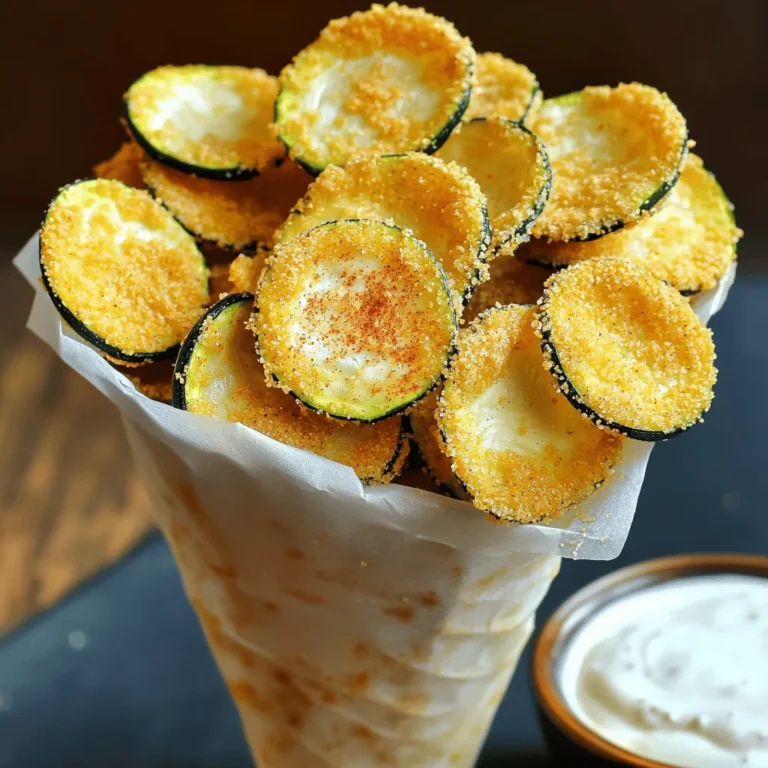 - 2 medium zucchinis - 1 cup fine cornmeal - ½ cup all-purpose flour - 1 teaspoon garlic powder - 1 teaspoon smoked paprika - ½ teaspoon kosher salt - ¼ teaspoon freshly ground black pepper - 2 large eggs - 1 tablespoon milk - Olive oil spray (for baking) The key to crispy cornmeal zucchini chips lies in the right mix of ingredients. First, I use two medium zucchinis. They are fresh and perfect for this recipe. Then, I grab a cup of fine cornmeal. This gives the chips their signature crunch. I also add half a cup of all-purpose flour. This helps create a nice coating. Next, I prepare the seasoning. I use one teaspoon of garlic powder for flavor. One teaspoon of smoked paprika adds a warm, smoky taste. Half a teaspoon of kosher salt balances the flavors. I finish with a quarter teaspoon of black pepper for a slight kick. Now, for the egg mixture, I crack two large eggs into a bowl. I add one tablespoon of milk to make it creamy. Finally, I spray the baking sheet with olive oil. This ensures the chips bake evenly and don't stick. For the full recipe, follow the link to get all the details. These ingredients come together to create the perfect snack. Enjoy the process and get ready for a tasty treat! - Preheat the oven to 425°F (220°C). - Prepare the baking sheet with parchment paper. - Rinse the zucchinis under cold water. - Slice them into thin rounds, about ¼ inch thick. - In a shallow bowl, combine cornmeal, flour, garlic powder, smoked paprika, salt, and pepper. - In a separate bowl, whisk the eggs with milk until blended. - Dip each zucchini round into the egg mixture, allowing excess to drip off. Press each round into the cornmeal mixture to coat well. - Arrange the coated zucchini chips on the baking sheet in a single layer. - Lightly spray the tops with olive oil. - Bake for 20-25 minutes, flipping halfway through for even crisping. Enjoy your crispy cornmeal zucchini chips as a tasty snack! For the full recipe, click here. To get the best crunch from your zucchini chips, follow these tips: - Ensure the zucchini slices are uniform in size. This helps them cook evenly. - Use a wire rack for baking if you have one. It allows air to circulate around the chips. Zucchini chips taste great on their own, but you can enhance them further: - Serve with ranch dressing or spicy aioli for a tasty dip. - Present them in a cone made of parchment paper for a fun look. To make the best crispy cornmeal zucchini chips, avoid these common errors: - Do not overlap the zucchini slices on the baking sheet. This can lead to sogginess. - Always preheat the oven before baking. This ensures a crispy texture. {{image_4}} You can make these chips even tastier! Try adding Parmesan cheese for a savory kick. Grate some cheese and mix it with the cornmeal. For more spice, substitute cayenne or Italian seasoning. This small change can create a whole new flavor. If you want a different texture, use breadcrumbs instead of cornmeal. This will give your chips a crunchier bite. You can also use gluten-free flour if you need a gluten-free option. This way, everyone can enjoy the snack. Mix things up by adding seasonal vegetables or fresh herbs. Chopped herbs, like basil or dill, can brighten the flavor. You can also use different types of zucchini or summer squash. Each variety brings its own unique taste. For the full recipe, check out the section above. To keep your crispy cornmeal zucchini chips fresh, store them in an airtight container in the fridge. This method prevents air from making them soft. Add a paper towel inside the container. It absorbs any extra moisture, keeping your chips nice and crispy for longer. For the best results, reheat your zucchini chips in the oven or air fryer. This method brings back their crunch. Set your oven to 350°F (175°C) and heat for about 10 minutes. Avoid using the microwave. It makes the chips soggy, losing that delightful crunch. If you want to store them long-term, freeze the zucchini chips before baking. Arrange the coated chips on a baking sheet and freeze until solid. Once frozen, transfer them to a freezer bag. To bake, just pop them in the oven straight from the freezer. Adjust the baking time as needed, adding a few extra minutes for perfect crispiness. Yes, other vegetables like eggplant or sweet potatoes work well. You can slice them thin, just like zucchini. This gives you a new flavor and texture. Each veggie brings its own unique taste. Try different options for fun! Substitute the eggs with a flaxseed mixture or aquafaba. For the flaxseed, mix one tablespoon with three tablespoons of water. Let it sit for a few minutes. This will thicken and mimic eggs. Aquafaba is the liquid from chickpeas. It works great too! Yes, as long as the cooking temperature and time are adjusted accordingly. Toaster ovens can cook food well. Just keep an eye on the chips. They might cook faster because of the smaller space. Check for that golden brown color! Experiment with different spices or add heat with red pepper flakes. You can try adding Parmesan cheese for extra flavor. Herbs like oregano or thyme work well too. Mix and match to find your favorite taste! You can create tasty zucchini chips with simple ingredients and easy steps. Start by preparing the zucchinis and mixing the dry and wet ingredients. Baking them just right helps achieve a crispy texture. Remember to keep your slices even and avoid overlapping. Feel free to add your favorite spices or try new vegetables. With these tips, you can enjoy delicious, healthy snacks at home. Try them out and share with friends for a fun treat!