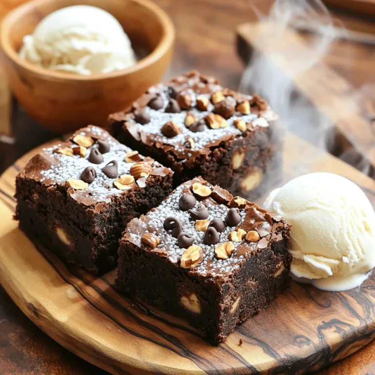 To create these rich and fudgy hazelnut espresso brownies, gather the following ingredients: - 1 cup unsalted butter - 2 cups granulated sugar - 1 cup packed brown sugar - 4 large eggs - 1 tablespoon pure vanilla extract - 1 cup all-purpose flour - 1 cup unsweetened cocoa powder - 1 teaspoon baking powder - 1/2 teaspoon salt - 1 cup hazelnuts, chopped and toasted - 1 tablespoon espresso powder - 1 cup dark chocolate chips These ingredients work together to create a deep, chocolate flavor with a hint of coffee. The hazelnuts add a lovely crunch and nuttiness. Toasting the nuts enhances their flavor, making every bite extra special. When you mix the espresso powder into the batter, it boosts the chocolate taste. The sugars make the brownies sweet and chewy. Using dark chocolate chips adds rich chocolate notes that complement the espresso perfectly. If you want to explore more about making these brownies, check out the Full Recipe. - Preheat the oven to 350°F (175°C). - Grease a 9x13 inch baking pan with butter. - Melt 1 cup of unsalted butter in a medium saucepan over low heat. - Mix in 2 cups of granulated sugar and 1 cup of brown sugar until smooth. - Add 4 large eggs one at a time. Stir well after each egg. - Mix in 1 tablespoon of pure vanilla extract. - In a separate bowl, whisk together: - 1 cup of all-purpose flour - 1 cup of unsweetened cocoa powder - 1 teaspoon of baking powder - 1/2 teaspoon of salt - 1 cup of chopped and toasted hazelnuts - 1 tablespoon of espresso powder - Fold the dry ingredients into the wet mixture gently. - Be careful not to over-mix; keep it thick and fudgy. - Add 1 cup of dark chocolate chips and fold them in. - Pour the batter into the prepared pan and spread it evenly. - Bake for 25-30 minutes. - Test for doneness by inserting a toothpick in the center. It should have a few moist crumbs. - Let the brownies cool in the pan for about 10 minutes. - Transfer them to a wire rack to cool completely. - Once cool, cut them into squares or rectangles. Enjoy your rich and fudgy hazelnut espresso brownies! For the full recipe, check the earlier section. To get that rich, fudgy texture, avoid over-mixing the batter. When you mix the wet and dry ingredients, stop as soon as they come together. This helps keep the brownies moist and chewy. To check for doneness, insert a toothpick into the center. If it comes out with some moist crumbs, your brownies are ready. If it’s clean, they may be overcooked. You can boost the flavor by adding a pinch of cinnamon or a splash of almond extract. I also suggest using fresh espresso instead of cocoa powder. Fresh espresso gives a deeper coffee flavor and makes the brownies even more special. You can brew a shot and mix it in with the wet ingredients. For serving, place the brownies on a rustic wooden platter. A light dusting of powdered sugar adds elegance. You can also garnish with whole hazelnuts for a nice touch. Serve each brownie with a scoop of vanilla ice cream. It adds creaminess and contrasts the rich chocolate. For an extra treat, include a small cup of espresso on the side for dipping! {{image_4}} You can still enjoy these brownies without hazelnuts. Just leave them out entirely. Alternatively, you can swap hazelnuts for seeds like sunflower or pumpkin. Both options add a nice crunch and keep the brownies tasty. Make sure to use the same amount as the original nuts. This keeps the texture consistent. Want to make these brownies vegan? You can replace the eggs with flax eggs. Mix one tablespoon of flaxseed meal with two and a half tablespoons of water. Let it sit for a few minutes to thicken. For butter, use coconut oil or vegan butter. These swaps keep the fudgy texture you love. To achieve that rich, moist feel, don’t over-mix the batter. The final result will be just as delightful as the original. Looking to change things up? You can add different extracts to the batter. Almond, mint, or orange extracts work well. Just a teaspoon can add great flavor. You can also swirl in caramel or marshmallow before baking. This creates a fun visual and flavor surprise in each bite. Get creative and try different combos to make your brownies unique. For the full recipe, check the main article. To keep your brownies fresh, store them in an airtight container. Layer parchment paper between each brownie to prevent sticking. This helps maintain their rich and fudgy texture. Place the container in a cool, dry place. They can stay fresh for up to five days. If you want to add a little extra moisture, you can place a slice of bread in the container. Freezing brownies is easy and helps them last longer. First, let the brownies cool completely. Then, wrap each brownie in plastic wrap tightly. After that, place them in a freezer-safe bag or container. This keeps out air and prevents freezer burn. They can stay in the freezer for three months. To thaw, just take them out and leave them at room temperature for about an hour. If you're in a hurry, microwave them for about 10-15 seconds. This quick method helps maintain their fudgy texture. To reheat brownies, the oven is your best friend. Preheat it to 350°F (175°C). Place the brownies on a baking tray and cover them with foil. Heat them for about 10-15 minutes. This keeps them warm and gooey without drying them out. If you prefer the microwave, just heat a brownie for about 10 seconds. Check to see if it's warm enough. Be careful not to overheat, as this can make them tough. Enjoy your rich hazelnut espresso brownies just like they were fresh from the oven! Hazelnut espresso brownies stay fresh for about 3 to 5 days at room temperature. Store them in an airtight container to keep them soft and moist. If you want them to last longer, you can refrigerate them. They will stay good for up to a week in the fridge. Yes, you can substitute some ingredients. For example, you can use coconut oil instead of butter. You can also swap granulated sugar for brown sugar for a richer taste. If you want a gluten-free option, use almond flour instead of all-purpose flour. Just make sure to adjust the amounts as needed. If your brownies turn out dry, they might have baked too long. To fix this, you can add a little melted butter or a splash of milk to the batter the next time. Also, check them a few minutes before the suggested baking time. You want them to be soft and fudgy. Absolutely! You can use walnuts, pecans, or almonds in place of hazelnuts. Each nut adds a unique flavor and texture. Just make sure to chop them up and toast them for the best taste. To enhance the chocolate flavor, you can add more cocoa powder or use high-quality dark chocolate. You might also consider melting chocolate and mixing it into the batter for a richer taste. A splash of chocolate extract can also boost that chocolatey goodness! For the full recipe, check out [Full Recipe]. In this post, we explored a rich brownie recipe that blends hazelnuts and espresso. You learned how to combine ingredients, achieve that fudgy texture, and customize flavors. We also shared storage tips to keep your brownies fresh. Enjoy making these brownies for any occasion. They will surely impress friends and family. Happy baking!