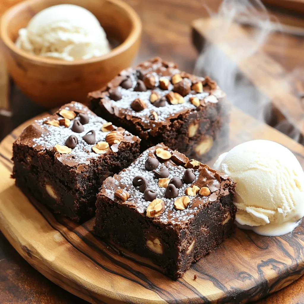 To create these rich and fudgy hazelnut espresso brownies, gather the following ingredients: - 1 cup unsalted butter - 2 cups granulated sugar - 1 cup packed brown sugar - 4 large eggs - 1 tablespoon pure vanilla extract - 1 cup all-purpose flour - 1 cup unsweetened cocoa powder - 1 teaspoon baking powder - 1/2 teaspoon salt - 1 cup hazelnuts, chopped and toasted - 1 tablespoon espresso powder - 1 cup dark chocolate chips These ingredients work together to create a deep, chocolate flavor with a hint of coffee. The hazelnuts add a lovely crunch and nuttiness. Toasting the nuts enhances their flavor, making every bite extra special. When you mix the espresso powder into the batter, it boosts the chocolate taste. The sugars make the brownies sweet and chewy. Using dark chocolate chips adds rich chocolate notes that complement the espresso perfectly. If you want to explore more about making these brownies, check out the Full Recipe. - Preheat the oven to 350°F (175°C). - Grease a 9x13 inch baking pan with butter. - Melt 1 cup of unsalted butter in a medium saucepan over low heat. - Mix in 2 cups of granulated sugar and 1 cup of brown sugar until smooth. - Add 4 large eggs one at a time. Stir well after each egg. - Mix in 1 tablespoon of pure vanilla extract. - In a separate bowl, whisk together: - 1 cup of all-purpose flour - 1 cup of unsweetened cocoa powder - 1 teaspoon of baking powder - 1/2 teaspoon of salt - 1 cup of chopped and toasted hazelnuts - 1 tablespoon of espresso powder - Fold the dry ingredients into the wet mixture gently. - Be careful not to over-mix; keep it thick and fudgy. - Add 1 cup of dark chocolate chips and fold them in. - Pour the batter into the prepared pan and spread it evenly. - Bake for 25-30 minutes. - Test for doneness by inserting a toothpick in the center. It should have a few moist crumbs. - Let the brownies cool in the pan for about 10 minutes. - Transfer them to a wire rack to cool completely. - Once cool, cut them into squares or rectangles. Enjoy your rich and fudgy hazelnut espresso brownies! For the full recipe, check the earlier section. To get that rich, fudgy texture, avoid over-mixing the batter. When you mix the wet and dry ingredients, stop as soon as they come together. This helps keep the brownies moist and chewy. To check for doneness, insert a toothpick into the center. If it comes out with some moist crumbs, your brownies are ready. If it’s clean, they may be overcooked. You can boost the flavor by adding a pinch of cinnamon or a splash of almond extract. I also suggest using fresh espresso instead of cocoa powder. Fresh espresso gives a deeper coffee flavor and makes the brownies even more special. You can brew a shot and mix it in with the wet ingredients. For serving, place the brownies on a rustic wooden platter. A light dusting of powdered sugar adds elegance. You can also garnish with whole hazelnuts for a nice touch. Serve each brownie with a scoop of vanilla ice cream. It adds creaminess and contrasts the rich chocolate. For an extra treat, include a small cup of espresso on the side for dipping! {{image_4}} You can still enjoy these brownies without hazelnuts. Just leave them out entirely. Alternatively, you can swap hazelnuts for seeds like sunflower or pumpkin. Both options add a nice crunch and keep the brownies tasty. Make sure to use the same amount as the original nuts. This keeps the texture consistent. Want to make these brownies vegan? You can replace the eggs with flax eggs. Mix one tablespoon of flaxseed meal with two and a half tablespoons of water. Let it sit for a few minutes to thicken. For butter, use coconut oil or vegan butter. These swaps keep the fudgy texture you love. To achieve that rich, moist feel, don’t over-mix the batter. The final result will be just as delightful as the original. Looking to change things up? You can add different extracts to the batter. Almond, mint, or orange extracts work well. Just a teaspoon can add great flavor. You can also swirl in caramel or marshmallow before baking. This creates a fun visual and flavor surprise in each bite. Get creative and try different combos to make your brownies unique. For the full recipe, check the main article. To keep your brownies fresh, store them in an airtight container. Layer parchment paper between each brownie to prevent sticking. This helps maintain their rich and fudgy texture. Place the container in a cool, dry place. They can stay fresh for up to five days. If you want to add a little extra moisture, you can place a slice of bread in the container. Freezing brownies is easy and helps them last longer. First, let the brownies cool completely. Then, wrap each brownie in plastic wrap tightly. After that, place them in a freezer-safe bag or container. This keeps out air and prevents freezer burn. They can stay in the freezer for three months. To thaw, just take them out and leave them at room temperature for about an hour. If you're in a hurry, microwave them for about 10-15 seconds. This quick method helps maintain their fudgy texture. To reheat brownies, the oven is your best friend. Preheat it to 350°F (175°C). Place the brownies on a baking tray and cover them with foil. Heat them for about 10-15 minutes. This keeps them warm and gooey without drying them out. If you prefer the microwave, just heat a brownie for about 10 seconds. Check to see if it's warm enough. Be careful not to overheat, as this can make them tough. Enjoy your rich hazelnut espresso brownies just like they were fresh from the oven! Hazelnut espresso brownies stay fresh for about 3 to 5 days at room temperature. Store them in an airtight container to keep them soft and moist. If you want them to last longer, you can refrigerate them. They will stay good for up to a week in the fridge. Yes, you can substitute some ingredients. For example, you can use coconut oil instead of butter. You can also swap granulated sugar for brown sugar for a richer taste. If you want a gluten-free option, use almond flour instead of all-purpose flour. Just make sure to adjust the amounts as needed. If your brownies turn out dry, they might have baked too long. To fix this, you can add a little melted butter or a splash of milk to the batter the next time. Also, check them a few minutes before the suggested baking time. You want them to be soft and fudgy. Absolutely! You can use walnuts, pecans, or almonds in place of hazelnuts. Each nut adds a unique flavor and texture. Just make sure to chop them up and toast them for the best taste. To enhance the chocolate flavor, you can add more cocoa powder or use high-quality dark chocolate. You might also consider melting chocolate and mixing it into the batter for a richer taste. A splash of chocolate extract can also boost that chocolatey goodness! For the full recipe, check out [Full Recipe]. In this post, we explored a rich brownie recipe that blends hazelnuts and espresso. You learned how to combine ingredients, achieve that fudgy texture, and customize flavors. We also shared storage tips to keep your brownies fresh. Enjoy making these brownies for any occasion. They will surely impress friends and family. Happy baking!
