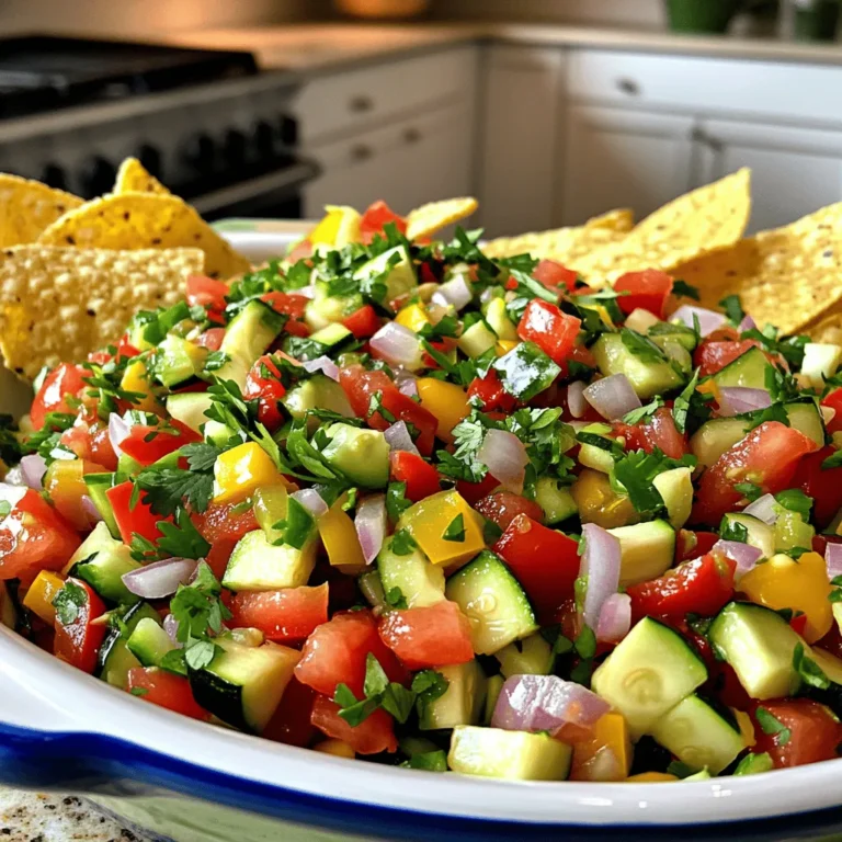 - 2 medium zucchinis, finely diced - 1 medium red bell pepper, diced - 1 medium yellow onion, finely chopped - 2 ripe tomatoes, diced - 1 jalapeño, seeded and minced (adjust based on desired heat level) - 1/4 cup fresh cilantro, roughly chopped - 2 cloves garlic, minced - Juice of 2 limes - 1 tablespoon extra virgin olive oil - Salt and pepper, to taste If you can't find zucchini, try using yellow squash instead. For bell peppers, feel free to use green or orange ones. If yellow onion isn't available, red onion works well too. When you choose tomatoes, look for ones that feel heavy for their size. Ripe tomatoes should be firm but slightly soft to the touch. For cilantro, pick bright green leaves without wilting. Fresh zucchini should have smooth skin and feel firm. Avoid any that have soft spots or wrinkles. Start by washing the zucchinis under cool water. This removes dirt and germs. After that, cut off the ends and slice them into small, even pieces. Aim for uniformity to ensure even flavor. Place the diced zucchinis in a large mixing bowl. Next, chop the red bell pepper into small cubes. Dice the tomatoes and finely chop the onion. Be careful with the jalapeño, too. Slice it open, remove the seeds, and mince it into tiny bits. Adjust the amount based on how spicy you want the salsa. Now, add all these chopped veggies to your bowl. Don’t forget to add the chopped cilantro and minced garlic. Mixing these fresh ingredients will brighten your salsa. Now, it’s time for the fun part: mixing! Drizzle the juice of two limes and a tablespoon of olive oil over the vegetables. This step adds moisture and zesty flavor. Use a spatula or large spoon to fold the ingredients together. Be gentle! You want everything combined but not mashed. Season your salsa with salt and freshly ground black pepper. This will enhance all the flavors. Feel free to tweak the lime juice and jalapeño levels to fit your taste. A little taste test here helps you find the perfect balance. Now that your salsa is mixed, covering it is key. Place a lid or plastic wrap over the bowl. Chill your salsa in the fridge for at least 30 minutes. This resting period allows the flavors to meld together beautifully. The longer you let it sit, the better it gets! Chilling also cools down the salsa, making it extra refreshing. Just before serving, give it a quick stir. Check the seasoning one last time. If needed, adjust it to your liking. Enjoy making this delightful Garden Fresh Zucchini Salsa! For the complete recipe, check out the Full Recipe section. To boost the taste of your zucchini salsa, try adding fresh herbs. Chopped basil or parsley adds a nice touch. You can also mix in spices like cumin or smoked paprika for depth. If you like heat, consider using a serrano pepper instead of jalapeño. You can even add a splash of vinegar for a tangy kick. These small tweaks make a big difference in flavor. For an eye-catching display, serve your salsa in a bright ceramic bowl. A white bowl makes the colors pop. Top it with extra chopped cilantro for a fresh look. You can also add a slice of lime on the side. This adds a nice touch and hints at the flavor inside. Arrange tortilla chips around the bowl for easy dipping. This makes it fun and inviting for guests. Zucchini salsa pairs well with many dishes. It’s great with crunchy tortilla chips. You can also serve it with grilled meats like chicken or fish. The fresh taste enhances the savory flavors of the meat. Try it on tacos or as a topping for quesadillas. It’s a versatile salsa that brings joy to many meals. Enjoy experimenting with different pairings! {{image_4}} To make your zucchini salsa spicy, try different peppers. Start with jalapeños for a milder kick. You can use serrano peppers for more heat. For a fiery salsa, add habanero peppers. Adjust the amount based on your taste. Remember, you can always add more heat, but it’s tough to take it away! Adding fruit can bring a sweet twist to your salsa. Try diced mango or peach for a fun change. Pineapple also works well, giving a tropical flair. Just mix the fruit in with your veggies. The sweetness balances the savory flavors beautifully. Experiment with different fruits to find your favorite mix! For a low-carb version, swap out some ingredients. Use cauliflower rice instead of zucchini for a similar texture. Replace tomatoes with diced bell peppers for fewer carbs. You can also skip the olive oil if you prefer a lighter salsa. These changes keep the flavor up while cutting carbs down! To keep your zucchini salsa fresh, store it in an airtight container. If you use a glass jar, make sure it has a tight lid. Place the container in the refrigerator right after making it. This helps keep flavors bright and crisp. You can also freeze the salsa. Use freezer-safe bags or containers. Leave some space for expansion as it freezes. Your homemade zucchini salsa will last about 3 to 5 days in the fridge. If you freeze it, it can last up to 3 months. Just remember to thaw it in the fridge when you're ready to use it. The longer it sits, the more the flavors blend, which can be tasty, but watch for signs of spoilage. If it smells sour or looks off, toss it out. Don't let leftover salsa go to waste! Here are some fun ideas to use it: - Use it as a topping for tacos or burritos. - Mix it into scrambled eggs for a spicy brunch dish. - Stir it into pasta for a fresh sauce. - Add it to grilled meats for extra flavor. - Spread it on a sandwich for a zesty twist. You can find the full recipe for this vibrant dish to enjoy all its flavors. You can use zucchini salsa in many fun ways. It’s great with tortilla chips, but it's more than just a dip. Try it on grilled chicken, fish, or even tacos. Spoon it over baked potatoes for a fresh twist. You can also mix it into pasta for a burst of flavor. Use it as a topping for eggs in the morning. The possibilities are endless, and it adds a bright touch to any meal. Yes, you can make this salsa ahead of time. Making it a few hours before serving helps all the flavors blend. Just prepare it, cover it, and chill it in the fridge. For gatherings, you can even make it a day before. This way, you save time and still enjoy fresh salsa. Just remember to give it a quick stir before serving for the best taste. To make your zucchini salsa milder, adjust the jalapeño amount. You can use half or skip it entirely if you prefer. Another tip is to remove the seeds from the jalapeño; this reduces the heat. You can also add more diced tomatoes or cucumbers for extra crunch and flavor without spice. Mixing in some sour cream or yogurt can also cool things down. Enjoying your salsa should be fun, so make it just right for you! This blog post covered the ingredients, preparation, and storage of zucchini salsa. You learned about selecting fresh produce, mixing flavors, and enhancing your dish. Remember, resting your salsa is key for taste. Try various fruits or spices to change it up. Store your salsa properly for the best freshness. Use leftovers creatively in meals. Enjoy making delicious zucchini salsa that fits all occasions! Your kitchen will thank you for it.