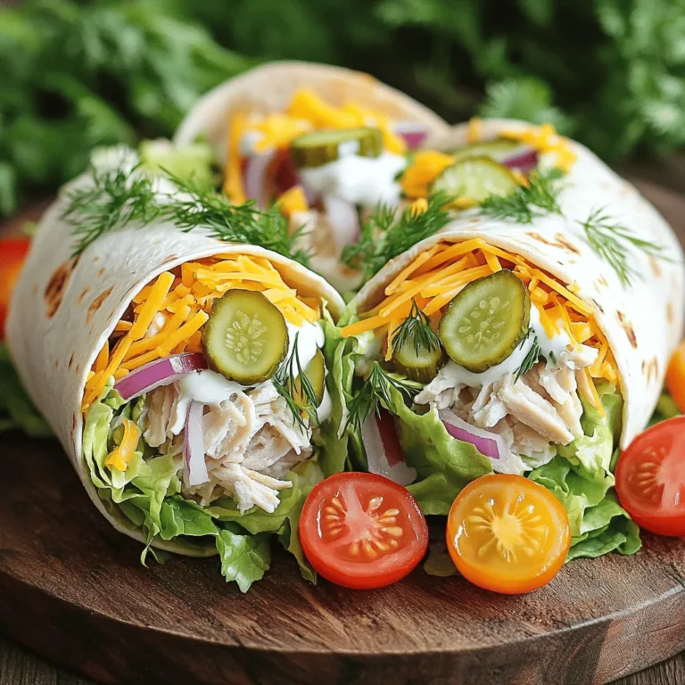 To make tasty Pickle Ranch Chicken Wraps, you need: - 2 cups cooked chicken breast, shredded - 1/2 cup dill pickles, finely chopped - 1/2 cup ranch dressing - 1 cup lettuce, chopped (romaine or iceberg) - 1/2 cup cherry tomatoes, halved - 1/2 red onion, thinly sliced - 4 large flour tortillas - 1/2 cup shredded cheddar cheese - Salt and pepper to taste These main ingredients bring a mix of flavors. The chicken is tender and healthy. The dill pickles add crunch and tang. Ranch dressing ties everything together with its creamy taste. You can add some extra ingredients to boost the flavor: - Fresh dill or parsley for garnish - Avocado slices for creaminess - Bacon bits for crunch and saltiness These optional ingredients can personalize your wraps. Fresh herbs add a pop of green and taste. Avocado makes the wrap rich and smooth. Bacon bits give a savory kick. For the best wraps, choose from these tortilla types: - Large flour tortillas - Whole wheat tortillas for added fiber - Spinach tortillas for a colorful twist Each type of tortilla has its own taste and texture. Flour tortillas are soft and easy to fold. Whole wheat adds a nutty flavor. Spinach tortillas look great and add nutrients. You can find the Full Recipe for these Pickle Ranch Chicken Wraps in the previous sections. First, I take a large bowl. I add 2 cups of cooked, shredded chicken. Next, I chop 1/2 cup of dill pickles into small pieces. I mix these with the chicken. Then, I pour in 1/2 cup of ranch dressing. I stir it well. I want the chicken and pickles to be evenly coated. After that, I add 1 cup of chopped lettuce, 1/2 cup of halved cherry tomatoes, and 1/2 of a thinly sliced red onion. I fold these into the mixture gently. It should stay crunchy, not mushy. Finally, I season with a little salt and pepper for taste. I lay out 4 large flour tortillas on my clean counter. I divide the chicken mixture evenly among the tortillas. I place the filling right in the center. Next, I sprinkle 1/2 cup of shredded cheddar cheese over the chicken. This adds great flavor. To wrap, I fold the sides of the tortilla inward. Then, I roll the bottom of the tortilla up tightly. This keeps the filling secure. I repeat this step for all the tortillas. For the best wrap, make sure to fill the tortillas just right. If you overload them, they may burst. Keep the filling centered. When folding, be firm but not rough. This helps keep everything inside. After rolling, make sure the ends are tucked in well. For a nice touch, cut the wraps in half at an angle. This makes them look great on a plate. If you like, add fresh dill or parsley on top. This gives a pop of color and flavor. Enjoy these wraps with extra ranch dressing on the side for dipping. To boost the flavor of your Pickle Ranch Chicken Wraps, use salt and pepper wisely. Start with a small amount. Taste the mixture and adjust as needed. For extra zing, add garlic powder or onion powder. These spices blend well with ranch dressing. If you like heat, consider a pinch of cayenne pepper or some hot sauce. This can make your wraps more exciting. Fresh ingredients are key to great taste. Choose crisp lettuce and ripe cherry tomatoes. Look for pickles that are crunchy and flavorful. When using chicken, ensure it is freshly cooked or properly stored. Shred it just before mixing for the best texture. Keep your tortillas in a sealed bag to avoid drying out. Fresh ingredients make your wraps look and taste better. How you serve your wraps can impress your guests. Slice each wrap in half at an angle. This shows off the colorful filling inside. Arrange them neatly on a platter. For a fun touch, add a small bowl of ranch dressing for dipping. Place some whole pickles on the side for color. You can sprinkle fresh dill or parsley on top for a pop of green. A great presentation makes every meal feel special. {{image_4}} To make your wraps spicy, simply add jalapeños. You can use fresh slices or pickled ones. Mix them into the chicken and pickle blend. This adds a nice heat that balances with the ranch dressing. If you want more kick, try adding hot sauce to the ranch. This twist gives your wraps a fun, zesty flavor. If you prefer a vegetarian wrap, swap chicken for chickpeas. Use one can of chickpeas, rinsed and mashed. Combine them with pickles, ranch, and veggies. You can also add avocado for creaminess. This version keeps the flavors intact while being meat-free. It’s equally tasty and packed with protein. For gluten-free wraps, use corn tortillas instead of flour. They hold up well and taste great. If you need a dairy-free option, choose a vegan ranch. There are many brands available that fit this need. You can also skip the cheese or replace it with a dairy-free alternative. These small swaps let everyone enjoy this meal without worry. To store leftover wraps, place them in an airtight container. This keeps them fresh. You can also wrap them in plastic wrap. Make sure to seal them tightly. Store the wraps in the fridge for up to three days. If you plan to eat them later, you can add a piece of parchment paper to prevent sticking. For meal prep, freeze the wraps before adding toppings. Wrap each one in plastic wrap. Then, place them in a freezer-safe bag. This helps keep them fresh longer. You can freeze them for up to three months. When you want to eat them, just thaw them in the fridge overnight. To reheat wraps, use the microwave or oven. If using a microwave, place the wrap on a plate. Cover it with a damp paper towel to keep it moist. Heat for about 30 seconds, checking for warmth. If using an oven, wrap the wraps in foil. Heat at 350°F (175°C) for about 10-15 minutes. Always check the center to ensure it's hot. Enjoy your delicious Pickle Ranch Chicken Wraps! For the Full Recipe, check earlier in the article. The best way to cook chicken for these wraps is to use cooked chicken breast. You can grill, bake, or boil the chicken. If you have leftover chicken, that works great too. Make sure the chicken is shredded into small pieces. This helps it mix well with other ingredients. Yes, you can make these wraps ahead of time. Prepare the chicken mixture and store it in the fridge. Just wrap the tortillas when you are ready to eat. This keeps the tortillas fresh and prevents them from getting soggy. These wraps pair well with many sides. You can serve them with carrot sticks, chips, or a simple salad. A bowl of extra ranch dressing is great for dipping too. Fresh fruit can add a nice touch as well. These wraps stay fresh for about two days in the fridge. Make sure to wrap them tightly in plastic wrap or foil. If you keep the chicken mixture separate, it can last a bit longer. You can find the Full Recipe in the main article. It lists all the steps and ingredients you need to make these delicious wraps. In this post, we explored how to make delicious Pickle Ranch Chicken Wraps. We covered the main ingredients, the optional ones for added taste, and the tortilla types to use. I shared step-by-step instructions and useful tips for the best wraps. You can also try variations and learn how to store leftovers safely. These wraps are easy and fun to make. Enjoy experimenting with flavors and finding your favorite twist. Great wraps await you!