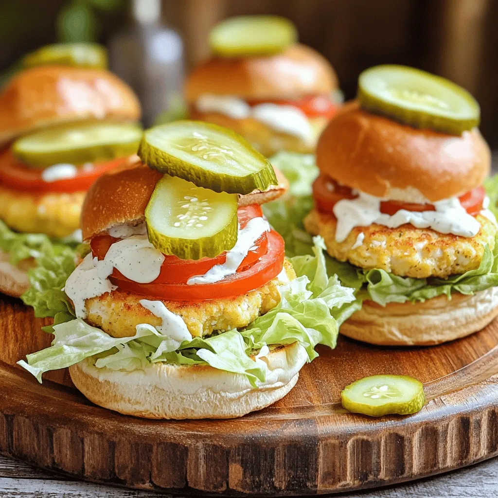 - 1 lb ground chicken - 1/2 cup dill pickle relish - 1/4 cup ranch dressing These main ingredients are key to making your sliders flavorful. The ground chicken provides a great base, while the dill pickle relish adds a nice crunch and tang. Ranch dressing brings a creamy and zesty flavor that ties everything together. - 1/2 cup breadcrumbs - 1 teaspoon garlic powder - 1 teaspoon onion powder - 1/2 teaspoon black pepper - 1/2 teaspoon salt - 6 slider buns - 1 cup shredded lettuce - 1 large tomato, sliced The breadcrumbs help bind the chicken mixture, giving it a nice texture. Garlic and onion powders add depth to the flavor. The slider buns make it easy to enjoy these delicious bites, while the lettuce and tomato keep things fresh. - Sliced pickles - Fresh parsley - Additional ranch dressing Garnishes add a fun touch to your sliders. Sliced pickles provide extra crunch, while fresh parsley adds color and a hint of earthiness. Drizzling more ranch on top gives each bite an extra burst of flavor. For the full recipe, check the details below. To start, take a large mixing bowl. Add the following main ingredients: - 1 lb ground chicken - 1/2 cup dill pickle relish - 1/4 cup ranch dressing - 1/2 cup breadcrumbs - 1 teaspoon garlic powder - 1 teaspoon onion powder - 1/2 teaspoon black pepper - 1/2 teaspoon salt Mix these together well. Use your hands or a spoon to ensure all ingredients blend smoothly. You want a uniform mixture so every bite is packed with flavor. Next, divide that mixture into six equal portions. You can use a measuring cup for accuracy. Shape each portion into a patty. Make each patty slightly larger than the slider buns. This way, they will fit perfectly after cooking. Now, it’s time to cook! You can choose between a skillet or a grill. If using a skillet, preheat it over medium heat. Place the chicken patties in the skillet or on the grill. Cook each side for about 5-6 minutes. Check the internal temperature; it should reach 165°F (75°C) for safety. While the patties cook, toast the slider buns. You can toast them in the same skillet after removing the chicken or in a separate pan. Aim for a golden brown color to add crunch. Once everything is cooked, assemble your sliders. Place a patty on the bottom half of each bun. Top it with shredded lettuce, a tomato slice, and any extra pickles if you like. Drizzle more ranch dressing on top before placing the bun's top half. Enjoy your Pickle Ranch Chicken Sliders! For the detailed recipe, check the Full Recipe. To keep your chicken patties juicy, do not overcook them. Cook the patties for about 5-6 minutes on each side. Use a meat thermometer to check that they reach 165°F (75°C). This ensures they are safe to eat and not dry. To ensure even cooking, shape the patties uniformly. Make them slightly larger than the buns, as they will shrink while cooking. This helps them stay juicy and flavorful. For perfect toasting, use medium heat. A non-stick skillet works great. After you cook the patties, toast the buns in the same pan. This adds flavor from the chicken drippings. Toast for about 2-3 minutes or until golden brown. Timing is key. Start toasting your buns just before the patties finish cooking. This way, everything is warm and ready at the same time. When assembling, layer the toppings wisely. Place the chicken patty first, then add shredded lettuce. Next, add a slice of tomato and pickles. This order keeps the bun from getting soggy. For a great presentation, use a colorful platter. Arrange the sliders neatly and add a bowl of ranch dressing in the center. Garnish with parsley or extra pickle slices for a pop of color. This makes your sliders look as good as they taste! For the full recipe, click here. {{image_4}} You can have fun with ingredient swaps in this recipe. Try using other proteins like turkey or beef instead of chicken. If you want a veggie option, use black beans or lentils for a tasty twist. You can also change up the flavors by adding different spices. Try paprika for some warmth or chili powder for a bit of heat. These sliders pair well with many sides. Serve them with crispy fries for a classic combo. A fresh garden salad can add a nice crunch too. For gatherings, set up a slider bar. Let guests add their favorite toppings like extra pickles or different sauces. It makes for a fun and interactive meal! If you need gluten-free options, swap out the slider buns for lettuce wraps. This keeps the flavor but cuts carbs. For a low-carb alternative, use grilled portobello mushrooms as your bun. They give a nice meaty texture and flavor. Remember, these simple swaps keep the dish delicious while meeting dietary needs. Check the Full Recipe to see how easy it can be! To keep your Pickle Ranch Chicken Sliders fresh, cool them down quickly. Place them in a shallow container. This helps air circulate and cools the food faster. Use airtight containers or wrap them tightly in plastic wrap. This prevents moisture loss and keeps them tasty. Store them in the fridge for up to three days. When you're ready to enjoy your sliders again, use the oven or stovetop. Preheat the oven to 350°F (175°C). Place the sliders on a baking sheet. Heat for about 10 minutes or until warm. If you use the stovetop, heat a skillet over medium-low heat. Add the sliders and cover with a lid. This keeps them moist and helps maintain their flavor and texture. You can freeze the cooked patties or raw patties. For cooked patties, let them cool completely. Wrap them tightly in plastic wrap and then foil. For raw patties, shape them and place them on a baking sheet. Freeze until firm, then transfer them to a bag. This prevents freezer burn. When you're ready to cook from frozen, thaw them in the fridge overnight. Cook them fully, reaching an internal temperature of 165°F (75°C). Pickle Ranch Chicken Sliders are small sandwiches made with ground chicken. They mix dill pickle relish and ranch dressing for a tasty treat. These sliders are popular because they are easy to make and full of flavor. The combination of crunchy pickles and creamy ranch dressing creates a unique taste. Kids and adults love them. They work great for parties, game days, or family dinners. To add heat to your sliders, try these ideas: - Mix in chopped jalapeños or green chilies with the chicken. - Use spicy ranch dressing instead of regular ranch. - Add a pinch of cayenne pepper or red pepper flakes to the chicken mix. - Serve with hot sauce on the side for those who like it extra spicy. These sliders pair well with various sides and drinks. Here are some ideas: - Crispy fries or sweet potato fries for a classic combo. - A fresh salad with mixed greens and a light vinaigrette. - Coleslaw for a crunchy, creamy side. - Serve with lemonade, iced tea, or your favorite soda for a refreshing drink. For a full recipe, check the details provided earlier. Enjoy your cooking! Pickle Ranch Chicken Sliders bring tasty flavors to your table. We covered ingredients like ground chicken, dill pickle relish, and ranch dressing. You learned step-by-step how to prepare, shape, and cook your sliders. We also shared tips for perfect patties and options for variations. Remember, you can customize these sliders to fit dietary needs. Enjoy them fresh or save for later. They make a great dish for any occasion. Cook these sliders soon and impress your friends and family!