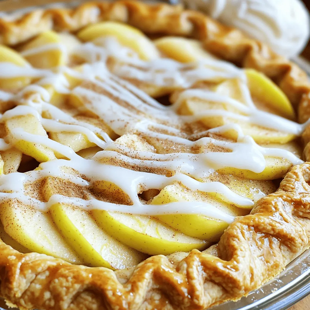 To make the crust, you will need: - 2 cans (8 oz each) of refrigerated cinnamon roll dough - 1/4 cup melted butter - 1/4 cup packed brown sugar - 1 teaspoon ground cinnamon The cinnamon roll dough gives the pie a sweet and soft base. The melted butter adds richness. Brown sugar brings a lovely caramel flavor, and cinnamon adds warmth. For the apple filling, gather these items: - 4 medium apples (like Granny Smith or Honeycrisp), peeled, cored, and sliced - 1/4 cup granulated sugar - 1 teaspoon pure vanilla extract - 1 teaspoon ground cinnamon - 1 tablespoon fresh lemon juice - 2 tablespoons all-purpose flour Choose crisp apples for the best texture. The sugar balances the tartness, while vanilla and lemon juice enhance the flavor. For the sweet topping, you will need: - 1 cup powdered sugar - 2 tablespoons milk - 1/2 teaspoon pure vanilla extract This glaze adds a sweet finish. The powdered sugar ensures a smooth texture, while milk helps create the right consistency. You can find the full recipe in the complete article. First, preheat your oven to 350°F (175°C). This step warms up the oven for the pie. While it heats, grease a 9-inch pie dish with butter or cooking spray. This helps the pie come out easily later. Next, open the cans of cinnamon roll dough. Carefully pull apart each roll. Use your hands or a rolling pin to flatten each roll to about 1/4 inch thick. This makes a nice base for your pie crust. In a bowl, mix the melted butter, brown sugar, and ground cinnamon. Dip each flattened roll into this mixture, coating it well. Place the dipped rolls in the pie dish, overlapping them. This ensures full coverage on the base and sides. Now, it’s time for the apple filling. In a large bowl, add the sliced apples. Sprinkle in the granulated sugar, vanilla extract, ground cinnamon, lemon juice, and flour. Toss the apples gently to coat them evenly. This step helps the apples soak up all the flavors. Pour the apple filling into the cinnamon roll crust. Spread it out evenly across the crust. Now, place the pie dish in the preheated oven. Bake for 30-35 minutes. You'll know it’s done when the apples are tender and the crust is golden brown. While the pie bakes, make the topping. In a small bowl, whisk together the powdered sugar, milk, and vanilla extract. Keep mixing until the glaze is smooth and pourable. After the pie cools for about 10-15 minutes, drizzle the glaze over the top. This adds a sweet finish to your delicious pie. For the full recipe, check the previous section. When making apple pie, the type of apple matters. I suggest using tart apples like Granny Smith or Honeycrisp. These apples hold their shape well and balance sweetness nicely. You can also mix varieties for richer flavor. Try adding a few Fuji apples for extra sweetness. To get the best crust, preheat your oven to 350°F (175°C). Roll out each cinnamon roll to 1/4 inch thick. This step helps create a nice, even crust. Make sure to coat each roll in the butter and sugar mix. Arrange the rolls tightly in your pie dish. This keeps the filling from leaking out. Serve your Cinnamon Roll Apple Pie warm for the best taste. I love adding a scoop of vanilla ice cream on the side. The cold ice cream melts into the warm pie, creating a delightful mix. Dust the pie with cinnamon for a finishing touch. Enjoy every bite! {{image_4}} You can make your Cinnamon Roll Apple Pie extra special by adding nuts or other fruits. Walnuts or pecans bring a nice crunch and flavor. Chop them up into small pieces and mix them with the apple filling. You can also try adding berries like blueberries or raspberries. They can add a sweet and tart taste that pairs well with apples. Just make sure to adjust the sugar amount if you add fruits that are sweeter or more tart. The topping can change the whole feel of your pie. Instead of a simple glaze, you can use whipped cream or even ice cream. A sprinkle of cinnamon or nutmeg on top can add warmth. For a richer flavor, try a cream cheese frosting. You can mix cream cheese with powdered sugar and a bit of milk. This adds a creamy layer that complements the pie well. Get creative and find what topping you love best! If you need a gluten-free option, use gluten-free cinnamon roll dough. Many brands offer this now, so check your local store. For a vegan pie, look for plant-based dough. Replace the butter and milk in the recipe with vegan alternatives. Coconut oil or almond milk work great. You can still enjoy a delicious pie that fits your diet. Don't let dietary needs stop you from making this treat! To keep your Cinnamon Roll Apple Pie fresh, store it in an airtight container. Place it in the fridge for up to three days. If you leave it out, it will dry out quickly. Cover it well with plastic wrap if you do not have a container. When you want to enjoy your leftover pie, preheat your oven to 350°F (175°C). Place a slice of pie on a baking sheet. Heat it for about 10 minutes, or until warm. If you prefer, you can use the microwave. Heat it for about 30 seconds. Check if it's warm enough. You can freeze this pie for later. First, let it cool completely. Wrap it tightly in plastic wrap or aluminum foil. Then, place it in a freezer-safe bag. It can stay in the freezer for up to three months. When you are ready to eat it, thaw it in the fridge overnight. Reheat as described above. Enjoy your treat whenever you like! I like to use refrigerated cinnamon roll dough for this recipe. It gives the pie a soft and sweet crust. You can find this dough in the refrigerated section of your grocery store. Look for brands that are easy to work with, like Pillsbury. If you want a more homemade taste, you can also make your own dough. Yes, you can use pre-made apple pie filling. It saves time and still tastes great. Just make sure to choose a filling that has a good balance of sweetness and spice. You can adjust the spices if you want a stronger flavor. This method works well if you are short on time. You can store the pie in the fridge for up to three days. Make sure to cover it tightly with plastic wrap or foil. This keeps it fresh and prevents it from drying out. If you want to enjoy it later, I recommend reheating it in the oven. Yes, you can make this pie ahead of time! You can prepare the crust and filling a day before. Just assemble the pie and bake it when you are ready to serve. This makes it a great option for gatherings or special occasions. You will impress your guests with this tasty treat! For the full recipe, check the recipe section above. In this post, we explored how to make a tasty Cinnamon Roll Apple Pie. We covered the ingredients, step-by-step instructions, and helpful tips. I shared variations for added flavor and ways to store your leftovers. This pie mixes warm spices, sweet apples, and a rich crust. Whether for a special occasion or a cozy night, it’s sure to please. Dive in and enjoy your homemade creation with family and friends!