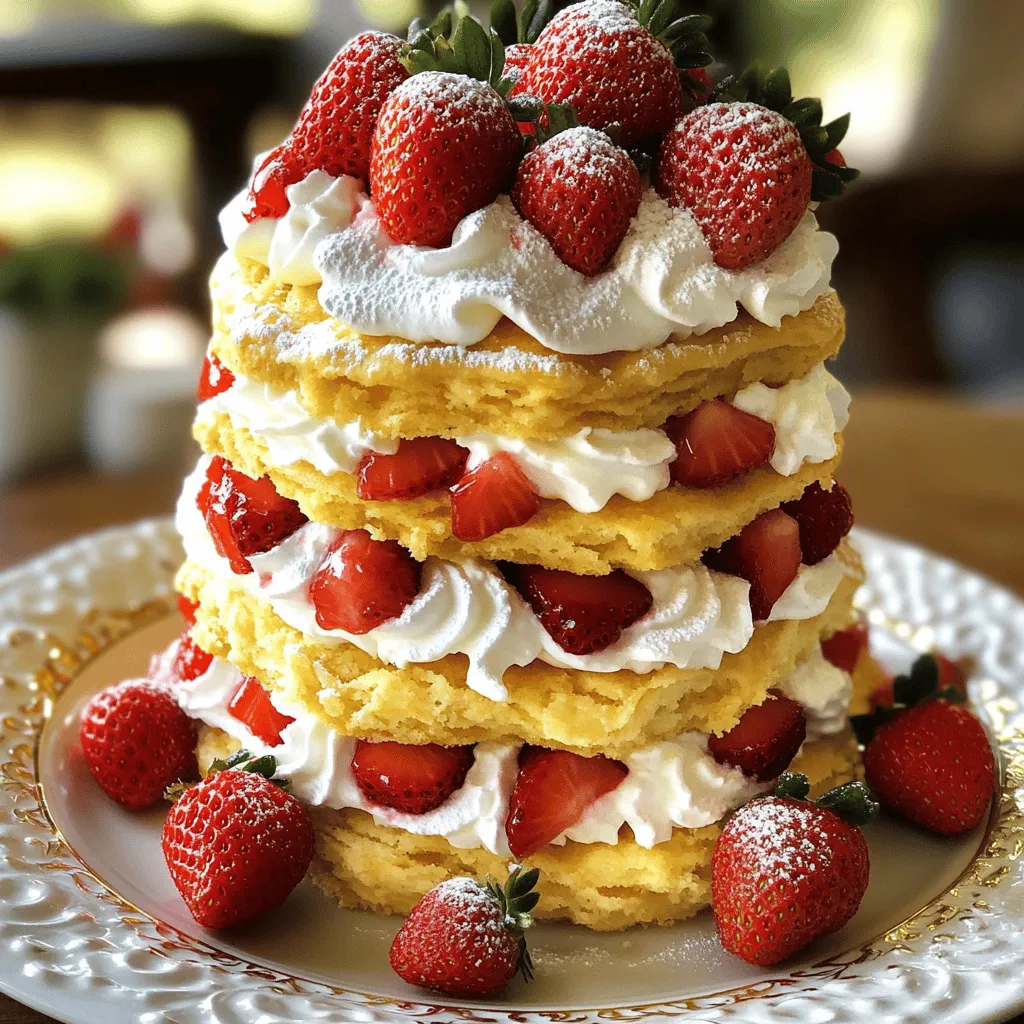 - Fresh strawberries - Granulated sugar for maceration - All-purpose flour - Baking powder - Salt - Unsalted butter - Heavy cream - Vanilla extract - Whipped cream for topping You can use frozen strawberries if fresh ones aren't available. Just thaw and drain them first. For those needing gluten-free options, try almond flour or a gluten-free blend. If you're dairy-free, swap heavy cream for coconut cream and use vegan butter. You will need: - Mixing bowls - Pastry cutter or forks - Baking sheet and parchment paper - Biscuit cutter or drinking glass These tools help you mix, cut, and bake your shortcakes easily. Having the right tools makes cooking fun and smooth. To start, we need to macerate the strawberries. In a medium bowl, mix 2 cups of sliced strawberries with 2 tablespoons of sugar. Stir gently to coat the berries well. Let them sit for at least 30 minutes. This step is important because it draws out the juices. The sugar helps create a sweet syrup that will enhance the shortcake. Next, let's prepare the dough. In a large bowl, whisk together 2 cups of all-purpose flour, 1 tablespoon of baking powder, and 1/2 teaspoon of salt. This forms the dry mix. Now, add 1/3 cup of cold, cubed butter. Use a pastry cutter or your fingers to cut the butter into the flour until you see coarse crumbs. In another bowl, combine 1 cup of heavy cream, 1/4 cup of sugar, and 1 teaspoon of pure vanilla extract. Whisk until smooth. Pour this cream mixture into the flour mix. Stir gently with a spatula until just combined. Be careful not to overmix; this keeps your shortcakes light. It’s time to bake! Preheat your oven to 425°F (220°C). This high temperature is key for a golden, fluffy result. Turn the dough out onto a floured surface and gently knead it a few times. Pat it into a rectangle about 1 inch thick. Use a biscuit cutter or a drinking glass to cut rounds from the dough. Place them on a parchment-lined baking sheet, spaced about an inch apart. Bake the shortcakes for 12 to 15 minutes. They should turn golden brown, and a toothpick should come out clean when inserted. Let them cool on a wire rack for a few minutes. Now comes the fun part—assembly! Slice each shortcake in half horizontally. On the bottom half, layer the macerated strawberries, drizzling some syrup over them. Top with a generous dollop of whipped cream. Place the top half of the shortcake back on and add more whipped cream and strawberries on top if you like. For presentation, serve each shortcake on a nice dessert plate. A light dusting of powdered sugar and a few whole strawberries on the side make it look stunning. This easy strawberry shortcake is sure to impress! For the full recipe, check out the full recipe section. To get fluffy shortcakes, cold ingredients are key. Use cold butter and cream. Cold butter makes small pockets of fat in the dough. This creates a light texture when baked. I recommend cubing the butter and chilling it first. When cutting butter into flour, use a pastry cutter or your fingers. Gently press the butter into the flour. Aim for small, pea-sized pieces. This method helps your shortcakes rise well. Remember, don’t overwork the dough. You can pair your strawberry shortcake with other fruits. Fresh blueberries, raspberries, and peaches work great. These fruits add color and flavor. You can also serve shortcake with a scoop of vanilla ice cream. Ideal drinks to enjoy with strawberry shortcake include sweet tea or lemonade. Both drinks balance the sweetness of the dessert. For adults, sparkling wine or a fruity cocktail works well too. Adding lemon zest or extract boosts the flavor. A little lemon balances the sweetness of the strawberries. You can mix this into your whipped cream or the cake batter. Using flavored whipped cream is another great option. Try adding vanilla bean, almond extract, or a splash of orange juice. It adds a nice twist to your shortcake. For a fun twist, you can also use whipped cream infused with mint or lavender. For the Full Recipe, follow the steps carefully to ensure a delightful treat! {{image_4}} You can switch up the strawberries in your shortcake. Try adding blueberries or raspberries. These fruits add a new taste and color. You can also use seasonal fruits like peaches or cherries. Each fruit brings its unique flavor. Mixing different fruits makes the dessert fun and exciting! Want to take your whipped cream to the next level? Add some cocoa powder for a chocolate twist. You can also use flavored syrups, like caramel or hazelnut. Another fun idea is to infuse whipped cream with fresh herbs, like mint. This gives a refreshing taste that pairs well with the sweet shortcake. If you need gluten-free shortcake, use almond or coconut flour. These flours work well and taste great. For vegan options, swap the heavy cream for coconut cream. You can also use vegan butter instead of regular butter. Just remember to adjust baking times since they can vary. To keep your shortcake fresh, store it in an airtight container. This helps prevent it from drying out. If you have leftover strawberries, place them in the fridge in a sealed container. This keeps them cool and juicy. Use the strawberries within a couple of days for the best taste. For whipped cream, store it in a separate container in the fridge. This way, it stays fluffy and creamy. You can freeze shortcakes to enjoy later. First, let them cool completely. Wrap each shortcake in plastic wrap, then place them in a zip-top bag. Label the bag with the date. When you want to eat them, take one out and let it thaw in the fridge overnight. For the best texture, avoid thawing at room temperature. This keeps them soft and tasty. Fresh shortcakes last about two days in the fridge. If stored properly, they can last up to three months in the freezer. Always check for signs of spoilage. If you see mold or an off smell, it’s best to throw them away. Enjoy your delicious shortcake while it’s fresh! For the full recipe, check out the delightful strawberry shortcake. It takes about 15 minutes to prepare. After that, bake for 12 to 15 minutes. The total time is around 1 hour, including macerating the strawberries. Yes, you can make the shortcake ahead. Bake it and let it cool completely. Wrap it well in plastic wrap or foil. Keep it in the fridge for up to two days. For the best taste, add strawberries and whipped cream right before serving. If your shortcake is too dry, add more cream to the dough. You can also brush the baked shortcakes with milk or cream. This will help add moisture. Serve with extra strawberries and whipped cream to balance the texture. For the full recipe and tips, check out the delightful strawberry shortcake recipe. In this article, we explored how to make an easy strawberry shortcake. I shared the key ingredients, step-by-step instructions, and some useful tips. You can also customize it with other fruits or dietary options. Remember, the right tools and techniques can make a big difference. Whether you're baking for a special occasion or just for fun, this treat is sure to please. Enjoy each bite of your homemade strawberry shortcake!