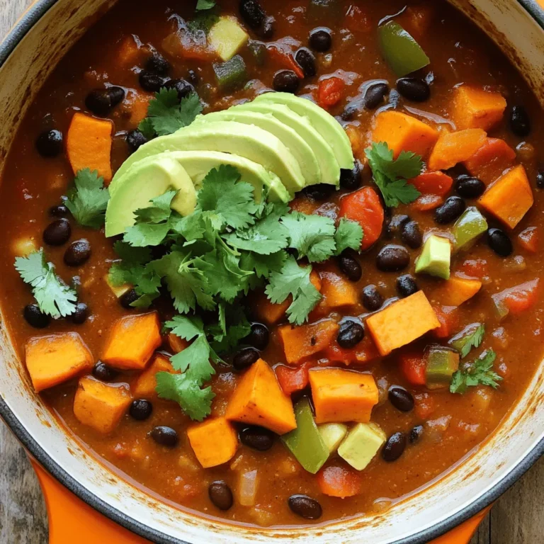 To make Vegan Sweet Potato Black Bean Chili, gather these key items: - 2 medium sweet potatoes, peeled and diced into 1-inch cubes - 1 can (15 oz) black beans, thoroughly rinsed and drained - 1 can (15 oz) diced tomatoes, including all juices - 1 medium onion, finely chopped - 3 cloves garlic, minced - 1 bell pepper (any color), diced - 2 cups vegetable broth (low-sodium recommended) These ingredients bring a wonderful mix of flavors and textures. Sweet potatoes add creaminess. Black beans provide protein and fiber. Diced tomatoes bring acidity and sweetness. Onion, garlic, and bell pepper create a savory base. Spices enhance the taste of the chili. Here’s what you’ll need: - 2 tablespoons chili powder - 1 teaspoon ground cumin - 1/2 teaspoon smoked paprika - 1/4 teaspoon cayenne pepper (adjust based on desired spiciness) - Sea salt and freshly cracked pepper, to taste Chili powder gives warmth. Cumin adds earthiness. Smoked paprika lends a subtle smoky flavor. Cayenne pepper brings heat, so adjust to your liking. Salt and pepper enhance all the flavors. Garnishes make the dish special. You can add: - Fresh cilantro, roughly chopped, for garnish - Slices of ripe avocado, for serving Consider serving with warm cornbread or tortilla chips for a delightful crunch. These garnishes not only add flavor but also color and freshness to the dish. For the full recipe, check out the [Full Recipe]. 1. First, grab a large pot and heat the olive oil over medium heat. This will get the pot ready for the veggies. 2. Add the chopped onion and diced bell pepper. Sauté them for about 5-7 minutes. Stir occasionally, so they become soft and clear. 3. Next, add the minced garlic. Cook it for 1-2 minutes. You want it to smell nice without burning. 1. Now, it’s time to mix in the sweet potatoes. Add them to the pot along with the spices: chili powder, cumin, smoked paprika, and cayenne pepper. 2. Sprinkle in a good pinch of sea salt and black pepper. Stir everything well. You want the sweet potatoes to get a nice coat of spices. 3. Pour in the vegetable broth. Then, add the diced tomatoes with their juices and the black beans. Mix all the ingredients thoroughly. 1. Bring the mixture to a gentle simmer. Then, cover the pot and let it cook for about 25-30 minutes. Stir it occasionally to keep it from sticking. 2. After the cook time, check the sweet potatoes. They should be soft when you poke them with a fork. 3. Taste the chili and adjust the seasoning if needed. You can add more salt, pepper, or chili powder to make it just right. 4. Once you adjust the seasoning, take the pot off the heat. Let the chili sit for a few minutes to let the flavors blend together. Now you're ready to serve your Vegan Sweet Potato Black Bean Chili! For the full recipe, check out the detailed guide. Balancing Spices to Taste Start with the right amount of spices. I suggest using two tablespoons of chili powder. You can add more if you prefer a stronger flavor. For a smoky kick, use smoked paprika. If you like heat, sprinkle in cayenne pepper. Always taste your chili as it cooks. Adjust the spices based on what you enjoy. Letting the Chili Rest for Enhanced Flavor After cooking, let the chili sit for a few minutes. This rest time helps the flavors blend. The longer it rests, the better it tastes. You can even make it a day ahead. Reheating the chili will only improve its flavor. Best Pot for Cooking Chili A heavy-bottomed pot works best for chili. It helps distribute heat evenly. A Dutch oven is perfect for this. It can handle high heat and retains warmth well. Tools for Easy Prep Use a sharp knife for chopping vegetables. A good cutting board is also needed. This makes prep quick and easy. Consider a sturdy spoon for stirring the chili as it cooks. Ideal Pairings and Accompaniments Serve the chili with warm cornbread or tortilla chips. Both add a nice crunch. You can also pair it with a simple salad. This adds freshness to your meal. Presentation Ideas for Serving Serve chili in deep bowls to keep it warm. Top with fresh cilantro and avocado slices. This not only looks great but also adds flavor. Enjoy the vibrant colors on your plate! For the full recipe, check out the earlier section. {{image_4}} You can easily change the beans in this chili. Pinto or kidney beans work well too. They add a nice texture and taste. If you're looking for more protein, try adding tofu or tempeh. Both options soak up flavors well and keep your dish hearty. Want to elevate your chili? Add more vegetables! Zucchini and carrots fit perfectly. They add color and nutrition. You can also play with herbs. Fresh thyme or oregano can bring a new twist to the classic flavor. Don’t be shy about experimenting! Thinking about spice? You can adjust the heat easily. Add more cayenne pepper for a kick. Or, if it’s too hot, add more sweet potatoes or beans to cool it down. For an extra spicy version, consider adding jalapeños or a dash of hot sauce. For the full recipe, check out the [Full Recipe]. To keep your Vegan Sweet Potato Black Bean Chili fresh, follow these tips: - Refrigeration Tips: Let the chili cool to room temperature. Once cooled, transfer it to an airtight container. Store it in the fridge for up to five days. This helps maintain the flavors and texture. - Freezing for Longer Storage: For longer storage, pour the chili into freezer-safe containers. Leave some space at the top for expansion. You can freeze it for up to three months. Label the containers with the date to keep track. When you're ready to enjoy your chili again, use these methods: - Best Methods for Reheating: The best way to reheat chili is on the stove. Pour it into a pot over medium heat. Stir occasionally until it’s hot. You can also use the microwave for quick heating. Just cover the bowl and heat it in short bursts. - Tips for Keeping the Chili Flavorful: Add a splash of vegetable broth or water if it’s too thick. Stir well to mix and maintain its rich taste. Taste and adjust seasoning if needed after reheating. Don't let those leftovers go to waste! Here are creative recipes using leftover chili: - Chili Stuffed Peppers: Hollow out bell peppers and fill them with the chili. Bake until the peppers are tender. - Chili Tacos: Use the chili as a filling for tacos. Top with fresh cilantro and avocado for extra flavor. - Chili Over Rice or Quinoa: Serve the chili over rice or quinoa for a hearty meal. Drizzle with lime juice for a zesty kick. Feel free to explore more in the Full Recipe, which offers a delicious way to enjoy this plant-based dish. This chili lasts about 4 to 5 days in the fridge. Store it in an airtight container to keep it fresh. It’s best to let the chili cool before sealing it. When reheating, heat it on the stove or in the microwave until it’s hot all the way through. If you want to keep it for longer, consider freezing it. Yes, you can make this chili in a slow cooker or Instant Pot. For a slow cooker, simply add all ingredients and cook on low for 6-8 hours. For an Instant Pot, use the sauté function for the onion, garlic, and bell pepper first. Then add the rest of the ingredients. Cook on high pressure for 10 minutes, then let it release naturally for about 10 minutes. Both methods will yield a tasty chili. Yes, this recipe is gluten-free. All the ingredients, like sweet potatoes and black beans, are naturally gluten-free. Just be sure to check the labels on your vegetable broth and any canned items. Some brands may add gluten-containing ingredients. This chili is packed with nutrients. Sweet potatoes are rich in vitamins A and C. Black beans provide protein and fiber, which are great for digestion. The spices add flavor and may have health benefits too. Overall, this dish is a hearty meal that supports a balanced diet. For more details about the recipe, check the Full Recipe. This blog post covered every step to make vegan sweet potato black bean chili. We started with key ingredients and spices, then moved to cooking techniques. I shared tips for flavor and storage, including reheating and using leftovers creatively. Remember, you can adjust the heat and ingredients to suit your taste. Enjoy experimenting with flavors and variations. This chili is not just easy to make; it's also nutritious and satisfying. Dive in and make a pot today!
