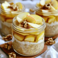 - 1 cup rolled oats - 1 ½ cups almond milk (or milk of your choice) - 1 medium apple, diced - 1 teaspoon ground cinnamon - 2 tablespoons maple syrup (or honey) - 1 tablespoon chia seeds (optional) - ¼ cup walnuts or pecans, chopped - A pinch of salt The ingredients for Apple Cinnamon Overnight Oats are simple yet full of flavor. The oats are the base. They soak up all the tasty goodness overnight. Almond milk adds creaminess without the dairy. You can choose any milk you like. Apples bring natural sweetness and crunch. I prefer to keep the skin on for added texture. Cinnamon adds warmth and spice, making each bite feel cozy. Maple syrup or honey sweetens the dish. You can adjust the amount based on your taste. Chia seeds are optional but great. They add fiber and help thicken the oats. Walnuts or pecans give a nice crunch. A pinch of salt balances the flavors perfectly. In one serving, you get about 300 calories. This includes 10 grams of protein, 10 grams of fat, and 45 grams of carbohydrates. Oats are high in fiber, which is good for digestion. Apples are rich in vitamins, boosting your immune system. Together, they make a healthy breakfast choice. Eating oats can help lower cholesterol. Apples provide antioxidants, improving heart health. This meal keeps you full, making it perfect for busy mornings. Enjoy your tasty morning boost with Apple Cinnamon Overnight Oats! For the full recipe, check the details above. 1. Mixing the base ingredients In a medium mixing bowl, add 1 cup of rolled oats, 1 ½ cups of almond milk, 1 teaspoon of ground cinnamon, 2 tablespoons of maple syrup, and a pinch of salt. Stir well until the mixture combines. This step is crucial as it makes the oats creamy and flavorful. 2. Adding apple and chia seeds Gently fold in 1 medium diced apple and 1 tablespoon of chia seeds, if you choose to use them. Chia seeds add a nice texture and boost nutrition. Make sure the apple pieces spread evenly throughout the mixture for a burst of flavor in every bite. 3. Covering and refrigerating Cover the bowl with plastic wrap or divide the mixture into jars. Place them in the fridge overnight, or for at least 4 hours. This chilling time allows the oats to soak up the liquid and the flavors to meld together beautifully. - Tips for garnishing and presentation When ready to serve, stir the oats well. If they seem thick, add a splash of milk. Serve in clear jars to show off the layers. A sprinkle of cinnamon and a slice of fresh apple on top makes it look appetizing. - Recommended toppings for added flavor Top your oats with chopped walnuts or pecans for a satisfying crunch. You can also add a drizzle of honey or a dollop of yogurt for extra creaminess. These toppings enhance the taste and make your dish even more delightful. For the complete recipe, refer to the [Full Recipe]. To make the best apple cinnamon overnight oats, focus on two important areas: consistency and flavor. - Achieving the right consistency: Start with rolled oats. They absorb liquid well and give a creamy texture. If your mixture is too thick, add a splash of milk before serving. This simple step makes a big difference. - Adjusting sweetness and flavor: Taste your mixture before refrigerating. If you want it sweeter, add more maple syrup or honey. You can also adjust the cinnamon. A little more can give you that cozy, warm flavor that pairs perfectly with apples. Even small mistakes can change your oats from good to great. Here are two mistakes to watch out for: - Over-soaking oats: Don’t let your oats soak for more than 12 hours. If you do, they may become mushy. Stick to a minimum of 4 hours and a maximum of 12 hours for the perfect texture. - Choosing the wrong type of apples: Not all apples are the same. I recommend using sweet-tart apples like Honeycrisp or Fuji. They add a great crunch and flavor. Avoid soft apples like McIntosh, as they break down too much. For a complete guide on how to make this dish, check out the Full Recipe. {{image_4}} You can spice up your Apple Cinnamon Overnight Oats in many fun ways. Here are some ideas: - Fruits: Try adding bananas or berries. They add flavor and color. Bananas give creaminess, while berries add a nice tartness. - Spices: You can use nutmeg or vanilla. Nutmeg adds warmth, and vanilla gives a sweet aroma. Just a pinch of either can change your dish. You can adjust the recipe to fit your dietary needs. Here are some easy swaps: - Gluten-free: Use certified gluten-free oats. This way, anyone can enjoy these oats without worry. - Vegan-friendly: Substitute almond milk with any plant milk. You can also use maple syrup instead of honey to keep it vegan. These variations make the recipe flexible. You can enjoy it your way, whether you like fruits, spices, or need dietary changes. To store your overnight oats, choose airtight containers. Glass jars work great. They keep the oats fresh and let you see the pretty layers. You can also use plastic containers, but make sure they seal well. These oats will last in the fridge for up to five days. This makes them perfect for meal prep. Just grab one each morning for a quick breakfast. If you want to reheat your oats, use the microwave. Pour the oats into a bowl and heat for 30 seconds. Stir and check the temperature. If they are still cool, heat for another 15 seconds. To keep them fresh, add a splash of milk after reheating. This revives the creamy texture. You can also top with more apple or nuts to keep the flavor strong. Enjoy your tasty morning boost! For the full recipe, check out [Full Recipe]. Apple Cinnamon Overnight Oats stay fresh in the fridge for up to five days. They are best enjoyed within three days for optimal taste and texture. Store them in airtight containers to keep them fresh. Yes, you can make these oats in advance. Preparing them the night before is perfect. You can also make a batch for the week. Just follow the Full Recipe and store them in the fridge. Rolled oats work best for overnight oats. They soak up the liquid well and create a creamy texture. Avoid instant oats, as they become too mushy. To make this recipe nut-free, use oat milk or soy milk instead of almond milk. Skip the walnuts or pecans. You can add seeds like sunflower or pumpkin seeds for crunch. In this blog post, we explored how to make delicious Apple Cinnamon Overnight Oats. We covered key ingredients, preparation steps, and tasty variations. You learned how to achieve the perfect texture and avoid common mistakes. Storing and reheating tips help keep your oats fresh. Overall, this recipe is healthy and easy, making it a great choice for busy mornings. I hope you enjoy making and eating your overnight oats!