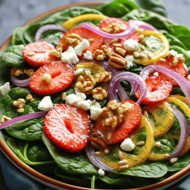 - Baby spinach - Ripe strawberries - Creamy feta cheese - Walnuts - Red onion - Sunflower seeds - Olive oil - Apple cider vinegar - Honey or maple syrup - Poppy seeds - Salt and black pepper To make this Strawberry Spinach Salad, start with fresh ingredients. Baby spinach is your base. It offers a soft and mild taste. Next, add ripe strawberries. Their sweetness brightens the salad. Creamy feta cheese gives a rich, salty flavor and a nice contrast. Walnuts add crunch. Toast them for even more flavor. Thinly sliced red onion brings sharpness and a pop of color. Sunflower seeds provide a delightful nutty taste. They also add more crunch to the mix. For the poppyseed dressing, start with high-quality olive oil. It adds richness and depth. Apple cider vinegar brings a tangy kick that balances the sweetness. You can use honey or maple syrup for sweetness. Poppy seeds add texture and a charming touch. Lastly, a pinch of salt and freshly ground black pepper tie all the flavors together. For the full recipe, check out the details above. - Making the poppyseed dressing - Assembling the salad 1. Whisking the dressing Start by grabbing a small mixing bowl. Add ¼ cup of olive oil, 3 tablespoons of apple cider vinegar, and 2 tablespoons of honey or maple syrup. Toss in 1 tablespoon of poppy seeds along with a pinch of salt and black pepper. Whisk this mix until it becomes smooth. Set it aside to let the flavors come together. 2. Layering the salad ingredients Take a large salad bowl and add 4 cups of fresh baby spinach as the base. Next, layer 1 cup of sliced strawberries on top. Then, sprinkle ½ cup of crumbled feta cheese over the strawberries. For extra crunch, add ¼ cup of toasted walnuts. Follow it up with ¼ cup of thinly sliced red onion for a sharp taste. Finally, toss in ½ cup of sunflower seeds for that nutty flavor. 3. Drizzling and tossing Now, it’s time to drizzle your poppyseed dressing generously over the salad. Make sure every ingredient gets a taste. Using your hands or a large spoon, toss the salad gently. This helps coat everything with the dressing without wilting the spinach. Serve it right away for the best flavor and texture. For a full recipe, check out the [Full Recipe]. - Best time to serve: This salad shines in spring and summer. It makes a great light lunch or side dish for barbecues. The bright colors and fresh flavors will impress your guests. Serve it at picnics, parties, or family dinners. - Pairing recommendations: Pair this salad with grilled chicken or fish for a complete meal. It also goes well with a crusty loaf of bread. For a vegetarian option, try it with roasted chickpeas for added protein. - Colorful plating: To make your salad pop, use a wide, shallow bowl. Start with the fresh spinach as the base. Layer the strawberries, feta, and nuts on top. This gives a beautiful, colorful look that invites everyone to dig in. - Garnishing options: Add a few extra strawberries or a sprinkle of poppy seeds on top for flair. Fresh herbs like mint or basil can also enhance the salad's flavor and beauty. These small touches create an eye-catching dish. - Overdressing the salad: Too much dressing can make the spinach soggy. Start with a small amount and add more if needed. Toss gently to coat the ingredients without drowning them. - Choosing the right spinach: Use fresh baby spinach for the best taste. Avoid spinach that is wilted or yellowed. Fresh greens provide crunch and flavor, making your salad enjoyable. {{image_4}} You can switch up the greens in this salad. Try arugula for a peppery taste. Mixed greens also work well for a different flavor. For nuts, feel free to use pecans or almonds. They add a nice crunch. If you want cheese, goat cheese is a great choice. It has a creamy texture and tangy taste. If you need a dairy-free dressing, use maple syrup instead of honey. It gives a nice sweetness. You can also swap out olive oil for avocado oil for a different flavor. For sweeteners, try agave syrup or stevia. They work well in the dressing. Adjust the amount to fit your taste. In winter, add sliced oranges or pomegranate seeds. They bring a burst of color and flavor. You can also use roasted beets for a heartier salad. In summer, add cucumbers or fresh herbs like mint. They keep the salad light and refreshing. You may even want to try grilled chicken on top for extra protein. For the full recipe, check the earlier sections. If you have leftover salad, store it in an airtight container. This keeps it fresh and crisp. Place the spinach and toppings separately if you can. This prevents the spinach from wilting. If you mixed everything, eat it within a day for the best taste. Can you freeze this salad? No, I do not recommend freezing it. Freezing changes the texture of spinach and strawberries. They become mushy once thawed. The dressing also does not freeze well. Enjoy the salad fresh to taste its best flavors. How long will it last? If stored properly, the salad lasts about one day. The spinach wilts quickly, and the strawberries spoil fast. Keep an eye on it and eat it soon. For more details on how to make this salad, check the Full Recipe. Yes, you can prepare parts of this salad ahead. To make it easier, wash and dry the spinach and slice the strawberries a few hours before serving. Keep them in separate containers. This way, they stay fresh until you are ready to eat. Mix the salad just before serving to keep the spinach crisp. If you need an alternative, try these options: - Balsamic vinaigrette: This adds a rich flavor. - Honey mustard dressing: Sweet with a little tang. - Greek yogurt dressing: Creamy and healthy. These dressings can change the flavor but will still taste great with the salad. Yes! This salad is great for meal prep. You can store the salad in jars. Layer the ingredients to keep them fresh. Put the dressing in a small container. This way, it won't make the greens soggy. When you're ready to eat, just shake and enjoy! This blog post shared a simple guide to making a fresh and tasty Strawberry Spinach Salad. You learned about the key ingredients, like baby spinach and ripe strawberries, and how to make a delicious poppyseed dressing. I also provided tips on presentation and common mistakes to avoid. Think about your own twists to this salad for fun variations. Enjoy this dish as a side or meal prep option! Fresh salads can brighten any day and keep meals exciting.
