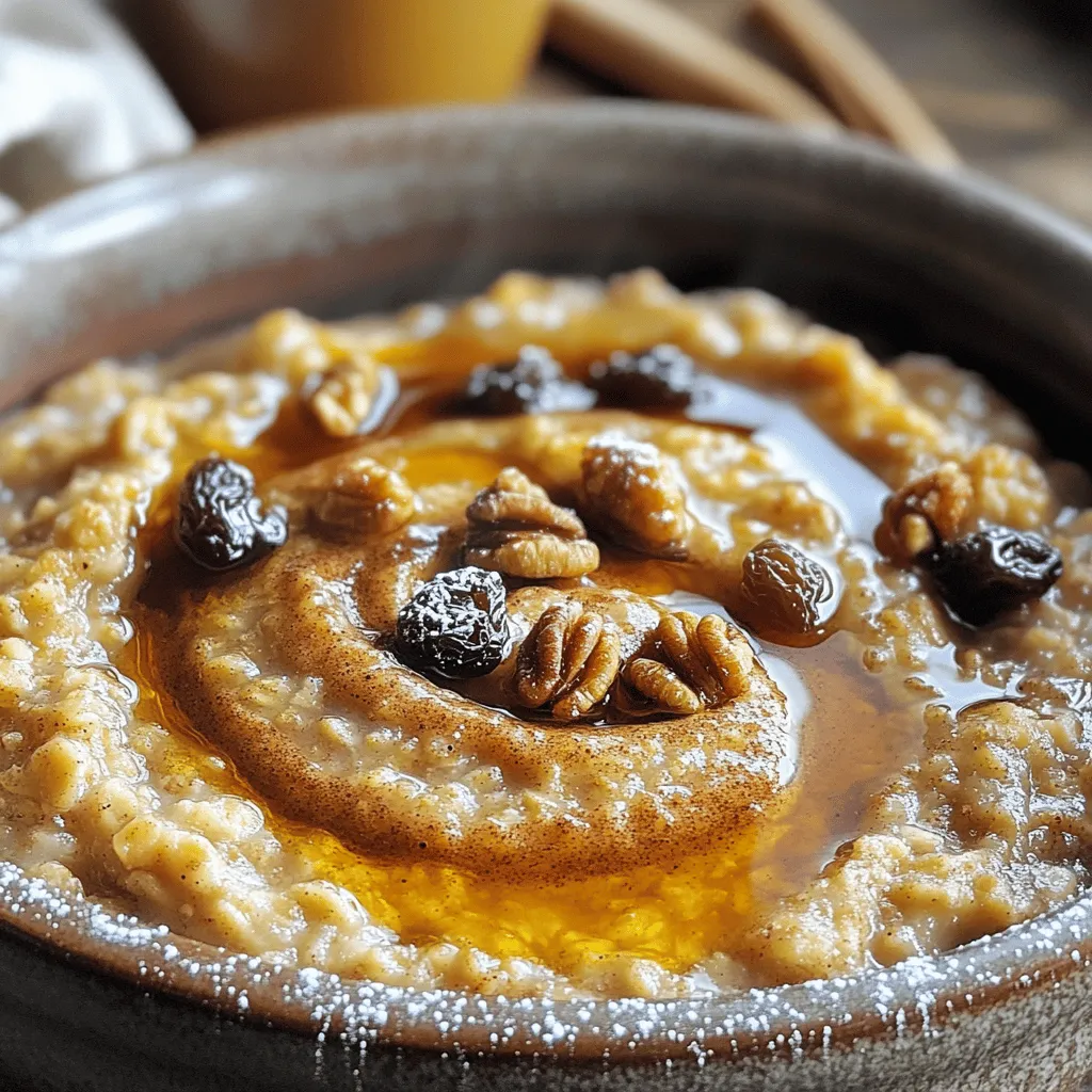 - 2 cups rolled oats - 2 cups unsweetened almond milk - 1/3 cup pure maple syrup - 1 ripe banana - 2 teaspoons baking powder - 1 teaspoon ground cinnamon - 1/4 teaspoon salt - 1/2 cup chopped walnuts or pecans - 1/4 cup raisins (optional) - 2 tablespoons brown sugar - 1 teaspoon ground cinnamon - 1 tablespoon melted coconut oil or butter To make cinnamon roll baked oatmeal, you need some simple ingredients. Start with rolled oats and almond milk. Rolled oats are great for texture. Almond milk adds creaminess and flavor. Next, maple syrup brings natural sweetness. A ripe banana gives a lovely, moist texture. You can use baking powder for fluffiness. Ground cinnamon gives that warm, cozy flavor. Salt enhances all the tastes in your dish. Chopped walnuts or pecans add a nice crunch. Raisins are optional but add a sweet burst. For the cinnamon swirl, mix brown sugar with ground cinnamon. This adds a sweet, spiced layer. Melted coconut oil or butter helps the swirl spread easily. Gather these ingredients to create a tasty breakfast treat! 1. Preheat your oven to 350°F (175°C). This helps bake the oatmeal evenly. 2. Lightly grease a 9x9-inch baking dish. Use cooking spray or coconut oil. This prevents sticking. 3. In a large mixing bowl, combine the rolled oats and almond milk. 4. Add the maple syrup, mashed banana, vanilla extract, baking powder, ground cinnamon, and salt. 5. Whisk these ingredients together until smooth. 1. Gently fold in the chopped walnuts and raisins. Make sure they mix well. 2. Pour the oatmeal mixture into the prepared baking dish. Spread it evenly. 1. In a small bowl, whisk together the brown sugar, ground cinnamon, and melted coconut oil. 2. Drizzle this cinnamon mixture evenly over the oatmeal. 3. Use a butter knife to swirl it gently. This gives a nice marbled effect. 1. Bake the dish for about 30 to 35 minutes. The top should be golden. 2. Insert a toothpick into the center. It should come out clean. 3. Let the baked oatmeal cool for a few minutes. 4. Use a sharp knife to cut it into squares for serving. You can easily swap almond milk for other types of milk. Use oat milk, soy milk, or regular milk, depending on your taste. If you want a richer flavor, try using whole milk or coconut milk. For sweeteners, maple syrup is great, but you can use honey or agave syrup too. You can also use brown sugar if you prefer. Each option brings a unique taste to your dish. To get the best swirl, drizzle the cinnamon mixture slowly. Use a knife to swirl it in gently. This keeps the mix from blending too much. Aim for a nice marbled look. Adding toppings can make your baked oatmeal even better. Try adding fresh fruit like sliced bananas or berries on top. You can also sprinkle more nuts or a dollop of yogurt before serving for extra flavor and texture. Serve your baked oatmeal warm. Drizzle some extra maple syrup on top for sweetness. A dollop of yogurt adds creaminess and balances the flavors well. For a pretty touch, dust the squares with powdered sugar right before you serve them. This makes them look fancy and inviting, perfect for any breakfast or brunch. {{image_4}} You can make this baked oatmeal even more fun. Try chocolate chip cinnamon roll baked oatmeal. Just add 1/2 cup of chocolate chips to the mix. The chocolate melts and makes it extra gooey. Another tasty option is apple cinnamon roll baked oatmeal. Dice 1 cup of apples and fold them into the mix. The apples add moisture and a sweet crunch. For those with gluten issues, a gluten-free version is easy. Just use gluten-free oats instead of regular oats. This keeps the texture while making it safe for gluten-free eaters. If you want to go vegan, swap almond milk for another plant-based milk. You can replace maple syrup with agave syrup or coconut sugar. These changes make the recipe suitable for all plant lovers. When fall arrives, try pumpkin spice baked oatmeal. Add 1 cup of pumpkin puree and 2 teaspoons of pumpkin spice to the mix. This gives a warm, cozy flavor that pairs well with chilly days. In summer, berry-infused cinnamon roll baked oatmeal is a hit. Mix in 1 cup of fresh or frozen berries. Blueberries or strawberries work great. They add a bright flavor that makes this dish refreshing. To keep your cinnamon roll baked oatmeal fresh, store it in an airtight container. This helps prevent drying out. You can also cover it tightly with plastic wrap. Keep it in the fridge, where it will last up to five days. Recommended containers include glass or plastic food storage containers. Make sure they seal well. This will help preserve both flavor and moisture. When you’re ready to enjoy your leftovers, reheat them in the oven or microwave. For the oven, preheat to 350°F (175°C). Place the oatmeal in an oven-safe dish and cover it with foil. Heat for about 10-15 minutes or until warm. If using a microwave, put the oatmeal in a microwave-safe bowl. Heat it in 30-second intervals. This will ensure even warming. To add moisture back, consider drizzling a little almond milk over the top before reheating. This keeps it from getting dry. You can freeze cinnamon roll baked oatmeal for later. First, let it cool completely. Then, cut it into squares. Wrap each piece in plastic wrap. Place them in a freezer-safe bag or container. This helps avoid freezer burn. To thaw, move a piece to the fridge overnight. You can also reheat it straight from frozen. Just add a few extra minutes to your reheating time. Enjoy a warm, delicious treat whenever you want! Can I make this recipe ahead of time? Yes, you can prepare this oatmeal the night before. Just mix all the ingredients and store them in the fridge. When you are ready, bake it in the morning. This makes breakfast easy and quick. How long does cinnamon roll baked oatmeal last? Cinnamon roll baked oatmeal lasts about 4 to 5 days in the fridge. Just keep it in an airtight container. You can also freeze it for up to 3 months for a longer shelf life. What can I add to enhance the nutritional value? You can add chia seeds or flaxseeds for extra fiber. You might also try adding some fresh berries. They add vitamins and a burst of flavor. Nuts are great too, for healthy fats and crunch. Can this recipe be doubled for larger gatherings? Absolutely! Just double all the ingredients. Use a larger baking dish to fit everything. Bake it a bit longer, checking for doneness with a toothpick. What to do if the oatmeal is too dry or too moist? If it’s too dry, add a splash more milk before baking. If it’s too moist, bake it a bit longer. Keep an eye on it to avoid burning. How can I adjust the sweetness to my liking? You can reduce the maple syrup for less sweetness. You could also add a bit more if you prefer it sweeter. Taste the batter before baking to find your perfect balance. Cinnamon roll baked oatmeal is easy to make and delicious. You need simple ingredients, like oats, almond milk, and a ripe banana. I showed you how to mix, bake, and swirl in cinnamon for flavor. Remember, you can add twists like chocolate chips or pumpkin spice. Store leftovers well to enjoy later. This dish is flexible for diets and tastes. With these tips, you can create your perfect breakfast treat. Give it a try, and enjoy every bite!