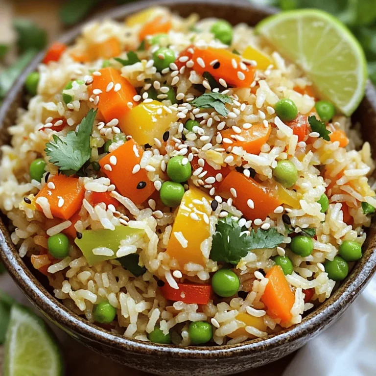 To make a tasty veggie fried rice, you need these key ingredients: - 2 cups cooked jasmine rice (preferably day-old for better texture) - 1 tablespoon sesame oil - 1 cup mixed vegetables (carrots, peas, bell peppers, corn) - 1/2 cup green onions, finely sliced - 2 cloves garlic, minced - 1 teaspoon fresh ginger, grated - 2 tablespoons soy sauce - 1 tablespoon vegetarian oyster sauce (or mushroom sauce) - 1 teaspoon chili paste (optional) - 2 eggs, beaten (or silken tofu for vegan) - Salt and pepper to taste - Sesame seeds for garnish - Fresh cilantro for garnish If you don't have all the ingredients, don't worry! Here are some substitutes: - Rice: You can use brown rice or any leftover rice. - Vegetarian oyster sauce: Use soy sauce if you need it to be vegan. - Eggs: Silken tofu can replace eggs for a vegan option. - Mixed vegetables: Use any fresh or frozen veggies you like, like broccoli or zucchini. - Sesame oil: Olive oil or sunflower oil can work in a pinch. Choosing fresh veggies makes a big difference. Here are some tips: - Color: Look for bright, vibrant colors. This means they're fresh and full of flavor. - Texture: Choose vegetables that are firm, not soft or mushy. - Smell: Fresh veggies have a nice, clean scent. If they smell bad, skip them. - Seasonality: Buy what’s in season. These are usually fresher and taste better. With these ingredients and tips, you're ready to make a delicious veggie fried rice that shines on any weeknight! Start with a large skillet or wok. Heat it over medium-high heat. Once hot, add one tablespoon of sesame oil. Let the oil warm up fully. This helps to infuse the oil with flavor. Next, gather your ingredients. You will need cooked jasmine rice, mixed vegetables, green onions, garlic, ginger, soy sauce, and more. Make sure your rice is day-old for the best texture. Fresh rice can become mushy. When the oil is hot, toss in two cloves of minced garlic and one teaspoon of grated ginger. Stir them quickly for about 30 seconds. You want them aromatic and golden. Next, add one cup of mixed vegetables. Stir-fry these for 3 to 4 minutes. The vegetables should be tender but still crisp. Push the veggies to one side of the skillet. Create an empty space for the eggs. Pour in two beaten eggs (or silken tofu). Scramble them for about 2 minutes until fully cooked. Now, add the cooked jasmine rice to the pan. Break up any clumps with your spatula. Mix everything together well. Drizzle two tablespoons of soy sauce and one tablespoon of vegetarian oyster sauce over the rice. If you like spice, add one teaspoon of chili paste. Stir thoroughly until the rice is coated in sauce. Season with salt and pepper to taste. Continue to stir-fry for an extra 2 to 3 minutes. This helps the flavors meld together. Before finishing, fold in the sliced green onions. Their fresh taste brightens the dish. Using leftover rice is smart. Day-old jasmine rice works best. It dries out a bit, which helps keep the rice from getting mushy. If you have fresh rice, spread it on a tray and let it cool. This helps reduce moisture before you fry it. You can tweak the flavors to fit your taste. Want it sweeter? Add more carrots or a splash of soy sauce. If you like it spicy, use more chili paste. Taste as you cook. This way, you can get your perfect balance of flavors. Making veggie fried rice vegan is easy. Just swap the eggs with silken tofu. To ensure it is gluten-free, use gluten-free soy sauce. Always check labels for hidden gluten in sauces. Use fresh veggies to keep it healthy and colorful. {{image_4}} You can easily boost your veggie fried rice with protein. Tofu is a great choice. It absorbs flavors well. Just cube it and cook it before adding the rice. If you prefer chicken, use cooked, diced chicken. It adds nice texture and taste. For a fun twist, try shrimp or even tempeh. Each option brings a unique flavor to your dish. Mixing different vegetables can change the taste of your fried rice. Try using broccoli, zucchini, or snap peas. You can also add mushrooms for an earthy taste. Sweet corn and bell peppers add color and sweetness. Be creative! Choose your favorite veggies and explore flavors. The goal is to keep the dish bright and fresh. If you love heat, spice up your fried rice! Add chili paste for a kick. You can control the spice level based on your taste. Sliced jalapeños or crushed red pepper are other great options. For a smoky flavor, try adding a dash of smoked paprika. Enjoy the heat and balance it with fresh lime juice. To keep your veggie fried rice fresh, store it in an airtight container. Let the rice cool to room temperature first. Once cool, seal the container tightly. This helps prevent moisture loss and keeps the flavors intact. You can store it in the fridge for up to four days. When reheating, use a skillet or wok rather than a microwave. Heat a small amount of oil in the pan. Add the rice and stir-fry on medium heat. This method helps restore the rice's texture. If it feels dry, add a splash of water or soy sauce. Stir until heated through, about 5 minutes. If you want to save some for later, freezing is a great option. Scoop individual servings into freezer-safe bags or containers. Remove as much air as possible to avoid freezer burn. You can freeze the fried rice for up to three months. When ready to eat, thaw it overnight in the fridge before reheating. Yes, you can use other types of rice. Brown rice adds a nutty flavor. Basmati rice gives a fragrant touch. Just remember, day-old rice works best. It has less moisture, which helps keep the dish fluffy. You can use many vegetables. Mixed vegetables like carrots, peas, bell peppers, and corn are great choices. They add color and taste. You can also try broccoli, zucchini, or green beans. Use what you have on hand for a fresh twist. To keep your fried rice from being mushy, use day-old rice. Freshly cooked rice has too much water. Make sure to dry it out before cooking. Stir-fry on high heat and avoid overcrowding the pan. This helps each grain stay separate and firm. In this post, I covered the essential ingredients for tasty fried rice, including substitutes and how to pick fresh veggies. I shared step-by-step frying techniques to achieve the right texture. You can elevate your dish with tips for leftovers, flavor adjustments, and dietary needs. Finally, I discussed variations, storage, and answered common questions. Fried rice is versatile and fun to make. Remember, with the right ingredients and methods, you can create a delicious meal tailored to your taste. Enjoy your cooking!