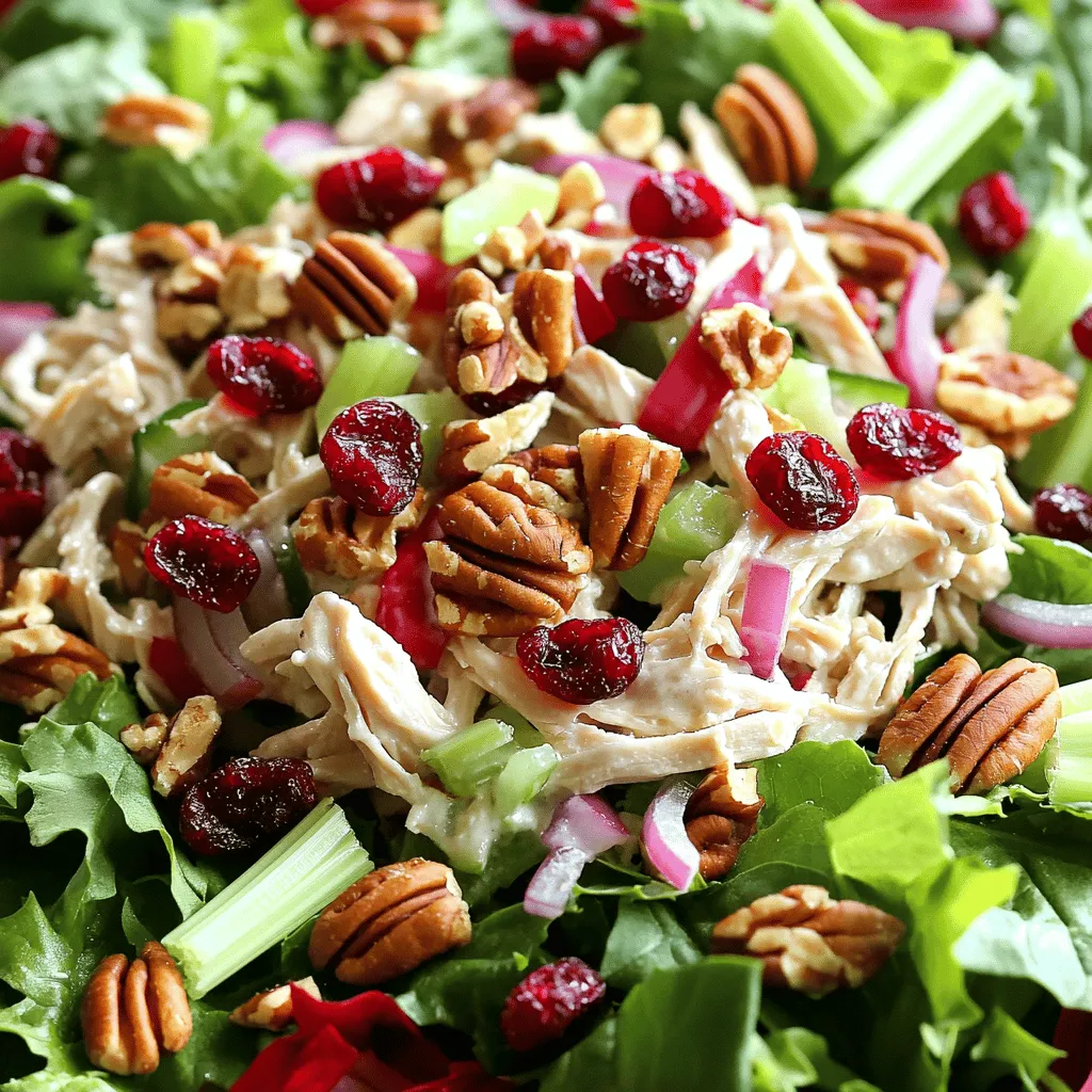 To make a tasty cranberry pecan chicken salad, you need the following key items: - 2 cups cooked chicken breast, shredded - 1/2 cup dried cranberries - 1/2 cup pecans, roughly chopped - 1/4 cup red onion, finely diced - 1/2 cup celery, finely chopped - 1/2 cup plain Greek yogurt - 1 tablespoon honey - 1 tablespoon Dijon mustard - Salt and pepper to taste - 1 tablespoon fresh lemon juice - Mixed salad greens for serving These ingredients create a great balance of flavors and textures. The chicken provides protein, while the cranberries and pecans add sweetness and crunch. You can enhance your salad with some optional ingredients: - 1/4 cup chopped apples for extra sweetness - 1/4 cup feta cheese for creaminess and a salty kick - Fresh herbs like parsley or dill for added freshness Adding these extras can give your salad a unique twist. Feel free to play around with different options! This cranberry pecan chicken salad is not just delicious; it also packs a punch in nutrition. Each serving is a good source of protein, healthy fats, and fiber. Here’s a quick look at the nutrition: - Calories: Approximately 350 - Protein: 30g - Fat: 20g - Carbohydrates: 15g - Fiber: 3g This salad makes a great meal that is both filling and healthy. It fits well into various diets while being a delightful choice for any lunch or dinner. Enjoy every bite! To start, gather your ingredients. You need 2 cups of cooked chicken breast, shredded. Place this in a large mixing bowl. Next, add 1/2 cup of dried cranberries. These will add a sweet touch. Then, toss in 1/2 cup of roughly chopped pecans for crunch. Now, add 1/4 cup of finely diced red onion. This gives a nice bite. Finally, include 1/2 cup of finely chopped celery for freshness. Use a spatula or wooden spoon to gently stir. Mix until everything is well combined and evenly spread. In another small bowl, prepare the dressing. Combine 1/2 cup of plain Greek yogurt with 1 tablespoon of honey. Honey adds a hint of sweetness. Next, mix in 1 tablespoon of Dijon mustard for a little zing. Add 1 tablespoon of fresh lemon juice to brighten the flavors. Season with salt and pepper to taste. Whisk all these ingredients together until the mixture is smooth and creamy. This dressing will tie your salad together perfectly. Once the dressing is ready, it's time to mix everything. Pour the creamy dressing over the chicken mixture. Use your spatula to carefully fold the dressing into the salad. Make sure every ingredient gets coated, but don’t break up the chicken too much. Taste the salad and adjust the seasoning if needed. If you want more sweetness, add a little more honey. Now, you are ready to serve! To make your cranberry pecan chicken salad just right, taste as you go. Start with a pinch of salt and pepper. If it lacks sweetness, add more honey. If you want a tangy kick, increase the Dijon mustard. Remember, small changes can make a big difference in flavor. Texture is key for a great salad. Use freshly cooked chicken for the best taste. Shred it into bite-sized pieces, so every bite is tender. The cranberries add a chewy quality, while the pecans give a nice crunch. Mix gently to keep the chicken pieces intact. Serve the salad over a bed of mixed greens for a colorful look. You can also use lettuce wraps for a fun twist. Garnish with extra pecans and cranberries for added flair. Pairing it with crusty bread or crackers can enhance the meal. {{image_4}} If you want to switch up the protein in your cranberry pecan chicken salad, you have options. You can use turkey instead of chicken for a twist. Tuna or canned salmon also works well. For a vegetarian option, try chickpeas or tofu. These alternatives add new flavors while keeping the salad healthy. While pecans are great, feel free to mix it up. Walnuts provide a similar crunch and rich flavor. Almonds add a nice bite too. For a sweeter touch, try cashews. Each nut brings its own taste, so choose what you love best. You can make this salad shine in every season. In spring, add fresh peas or radishes for a crisp taste. Summer calls for diced cucumbers or juicy tomatoes. In fall, consider adding apples or pears for a sweet crunch. Winter might inspire you to throw in roasted root veggies. These fresh ingredients keep the salad exciting year-round. To keep your cranberry pecan chicken salad fresh, store it in the fridge. Place any leftovers in an airtight container. Make sure to seal it well to avoid air exposure. This helps keep the flavors intact and the ingredients crisp. Always store the salad within two hours of serving to ensure safety. Use glass or plastic containers that seal tightly. Glass containers are great because they do not stain and are easy to clean. Look for containers that are BPA-free to keep your food safe. Make sure they are the right size for your salad to minimize air space. This keeps the salad fresh longer. It’s best to enjoy this salad cold, but if you want to heat it, do so carefully. Place the salad in a microwave-safe bowl. Heat it in short bursts of 15 seconds to avoid cooking the chicken. Stir gently after each burst. If you prefer it warm, consider adding some of the dressing after reheating. This keeps the salad creamy and delicious. You can store Cranberry Pecan Chicken Salad in the fridge for up to three days. Make sure to keep it in an airtight container. This helps keep the salad fresh and tasty. After three days, the flavors may fade, and the texture can change. Yes, you can make this salad ahead of time! It tastes great when chilled. Prepare it a day in advance for a quick meal. Just remember to store it in the fridge until you are ready to serve. This makes meal prep easy and saves time. Cranberry Pecan Chicken Salad pairs well with many sides. Here are some ideas: - Crusty bread for a hearty touch - Fresh fruit for a sweet contrast - Veggie sticks for a crunchy bite - Soup for a warm side These options will complement the flavors of the salad and create a balanced meal. Cranberry pecan chicken salad offers tasty flavors and easy prep. You can mix various ingredients for a unique twist. Remember to follow the steps for the best texture and taste. Storing leftovers keeps it fresh for later meals. Make it your own with different proteins or nuts. This salad is a great choice for many occasions. Enjoying it is simple and fun!