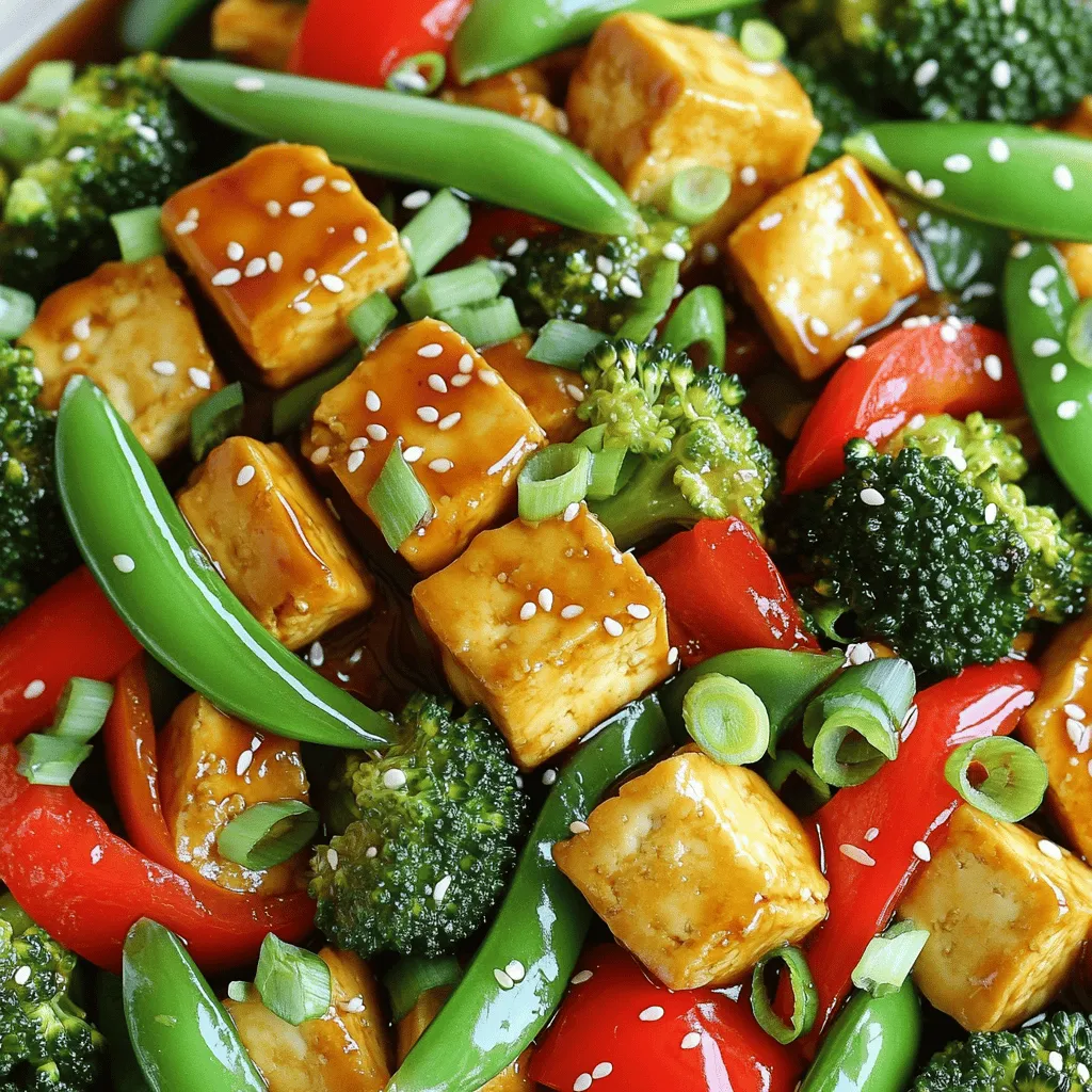 - 14 oz (400g) firm tofu, thoroughly drained and pressed - 2 tablespoons cornstarch, for coating - 2 tablespoons vegetable oil, divided (for frying) - 1 bell pepper (choose either red or yellow), sliced into thin strips - 1 cup broccoli florets, fresh or frozen - 1 cup snap peas, trimmed and cleaned - 2 green onions, finely sliced (reserve some for garnish) - 3 cloves garlic, minced - 1 tablespoon fresh ginger, finely grated - 1/4 cup low-sodium soy sauce - 2 tablespoons maple syrup, for sweetness - 1 tablespoon rice vinegar, for tang - 1 teaspoon sesame oil, for depth of flavor - Sesame seeds, for garnish You can add more veggies like carrots or mushrooms. Feel free to switch the bell pepper for zucchini or asparagus. Want some heat? Toss in red pepper flakes or chili paste. You can also add a splash of lime juice for a zesty twist. This dish offers a great balance of protein, carbs, and healthy fats. Each serving has about: - Calories: 250 - Protein: 15g - Carbohydrates: 30g - Fat: 10g - Fiber: 5g These numbers may vary based on the exact ingredients you use. This Teriyaki Tofu Stir Fry is healthy and packed with flavor! Cut the pressed tofu into bite-sized cubes. Make sure they are all similar in size. This helps them cook evenly. Toss the tofu cubes in cornstarch. Make sure each piece is well coated. This coating will help the tofu get crispy when fried. Heat 1 tablespoon of vegetable oil in a large skillet over medium-high heat. When the oil is hot, add the cornstarch-coated tofu cubes. Fry them for about 5-7 minutes. Gently turn the tofu to brown all sides. Once they are golden and crispy, remove them from the skillet and set them aside on a plate. In the same skillet, add the other tablespoon of vegetable oil. Next, add the sliced bell pepper, broccoli florets, and snap peas. Stir-fry these vegetables for about 3-4 minutes. You want them to be bright and tender-crisp. Then, add the minced garlic and grated ginger. Cook this mixture for another minute. You want the garlic to be fragrant but not burned. In a bowl, whisk together the soy sauce, maple syrup, rice vinegar, and sesame oil. Pour this mixture over the stir-fried vegetables and let it simmer. This allows the flavors to mix well. Finally, add the crispy tofu back to the skillet. Toss everything together so the tofu is coated. Cook for another 2 minutes to heat through. Remove the skillet from heat and fold in sliced green onions for freshness. Tofu needs a few key steps to get that perfect crispness. Start with firm tofu. Drain and press it well. This removes extra moisture. Moist tofu will not crisp up nicely. Cut the tofu into uniform cubes. Toss them in cornstarch. This coating helps create a crunchy exterior. Fry the tofu in hot oil. Cook until golden brown, about 5-7 minutes. Flip it gently while cooking to ensure even browning. Stir-frying vegetables is quick and easy. Use fresh or frozen veggies for the best results. Start with the harder vegetables first, like bell pepper and broccoli. Cook them for about 3-4 minutes. This keeps them tender-crisp. Add garlic and ginger last to avoid burning them. Stir frequently to mix flavors. This method keeps the colors bright and the veggies crunchy. The sauce is where you can get creative. Start with soy sauce for saltiness. Add maple syrup for sweetness. Rice vinegar gives a nice tang. For a richer taste, include sesame oil. Adjust these amounts to fit your taste. Want it spicier? Add some chili flakes or sriracha. Mix well before pouring it over the veggies and tofu. This allows all the flavors to blend perfectly. {{image_4}} You can easily swap tofu for other proteins. Tempeh offers a nutty flavor and firmer texture. Seitan is a great choice for a chewy bite. For a lighter option, try chickpeas or lentils. Each protein brings its own taste and texture. Boost your dish by adding more vegetables. Carrots add sweetness and crunch. Zucchini brings moisture and softness. Mushrooms add an earthy flavor. Spinach or kale packs in vitamins and minerals. You can mix and match based on what you have. While rice or quinoa is classic, think outside the box. Serve the stir fry over cauliflower rice for a low-carb twist. Use whole grain noodles for a filling meal. Consider lettuce wraps for a fun, fresh option. Each choice adds a unique touch to your meal. To store your leftover stir fry, place it in an airtight container. Make sure it cools down first. It can stay fresh in the fridge for up to four days. Label the container with the date for easy tracking. When reheating, I recommend using a skillet. Heat it over medium for even warmth. Add a splash of water or broth to keep it moist. Stir the mix gently until hot. This method helps keep the tofu crispy and the veggies bright. You can freeze teriyaki tofu stir fry, but the texture may change. To freeze, let it cool completely, then pack it in a freezer-safe bag. Remove as much air as possible. It can last in the freezer for up to three months. When ready to eat, thaw it overnight in the fridge before reheating. This keeps your dish tasty and safe! Yes, you can use different types of tofu. Firm or extra-firm tofu works best. Silken tofu may not hold up well in stir-frying. It can break apart easily. To make this dish gluten-free, use tamari instead of soy sauce. Tamari has a similar taste but is gluten-free. Check that your cornstarch is also gluten-free. You can substitute honey or agave syrup for maple syrup. These will give a similar sweetness. Use the same amount to keep the balance in the dish. This recipe takes about 15 minutes to prepare. Cooking it adds another 15 minutes. So, the total time is around 30 minutes. It's quick and easy! Yes, you can add more spices! Try adding red pepper flakes for heat. You could also use five-spice powder for a fragrant touch. Adjust to your taste for more flavor. This blog post covered the key ingredients, simple steps, and helpful tips for Teriyaki Tofu Stir Fry. You learned how to customize flavor and boost nutrition with various ingredients. Remember, achieving crispy tofu and flavorful veggies makes a great dish. Store leftovers correctly to enjoy later. Whether you follow the recipe or make it your own, cooking should be fun and tasty. Enjoy your cooking adventure!