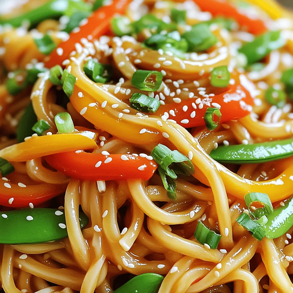 - 200g udon noodles - 2 tablespoons vegetable oil - 4 cloves garlic, minced - 1-2 red chilies, thinly sliced (adjust to your spice preference) - 1 bell pepper, thinly sliced - 1 cup snap peas - 3 tablespoons soy sauce - 1 tablespoon sesame oil - 1 tablespoon rice vinegar - 1 teaspoon sugar - Chopped green onions, for garnish - Sesame seeds, for garnish Gather these ingredients before you start cooking. It makes the process smooth and fun. Udon noodles are the star of this dish. They provide a chewy texture that complements the spicy sauce. Use fresh garlic to bring out a strong flavor. Red chilies add heat, so adjust them to match your taste. Bell peppers give the dish a sweet crunch. Snap peas add a fresh, crisp bite. The sauce is simple yet powerful, with soy sauce, sesame oil, and rice vinegar creating a balanced flavor. Sugar adds a hint of sweetness that rounds out the dish nicely. Don't forget the garnishes! Chopped green onions and sesame seeds make the dish pop. They add color and texture. Now that you have your ingredients ready, let’s dive into cooking! To cook udon noodles, start by boiling water in a large pot. Once it boils, add 200g of udon noodles. Let them cook according to the package instructions, usually around 5-7 minutes. You want them tender but not mushy. After cooking, drain the noodles in a colander. Rinse them with cold water to stop the cooking process. Set them aside for later use in your stir-fry. In a large skillet or wok, heat 2 tablespoons of vegetable oil over medium-high heat. When the oil shimmers, add 4 cloves of minced garlic and 1-2 thinly sliced red chilies. Stir-fry this mix for about 30 seconds until you smell the rich aroma. Be careful not to burn the garlic. Next, toss in 1 thinly sliced bell pepper and 1 cup of snap peas. Stir-fry these for 2-3 minutes. The veggies should be bright and tender-crisp. In a small bowl, whisk together the sauce. Combine 3 tablespoons of soy sauce, 1 tablespoon of sesame oil, 1 tablespoon of rice vinegar, and 1 teaspoon of sugar. Pour this sauce over the sautéed veggies in the skillet. Stir everything to coat the vegetables well. Now, gently add the cooked udon noodles to the skillet. Toss them with the sauce and veggies for another 2 minutes. This helps the noodles absorb all those tasty flavors. Once heated through, turn off the heat. Transfer the chili garlic udon noodles to a serving platter. For garnish, sprinkle chopped green onions and sesame seeds on top. Enjoy your colorful and flavorful dish! Using fresh ingredients is key. Fresh garlic brings a strong aroma. Fresh chilies add real heat. I always choose bright, crisp veggies for the best taste. Adjusting spice levels is easy. Start with one chili if you prefer mild. Taste and add more if you want it spicier. Cook the udon noodles just right. Overcooked noodles become mushy. Aim for a tender yet firm bite. When stir-frying vegetables, keep them crisp. Cook them for only a few minutes. You want them to be vibrant and tender but not soggy. Serving your noodles in a wide bowl looks great. It shows off the colorful veggies well. Consider adding a sprinkle of sesame seeds on top. Chopped green onions also add a pop of color. Presenting your dish nicely makes it more inviting. {{image_4}} You can add protein to your chili garlic udon noodles for a heartier dish. Here are some tasty options: - Tofu: Use firm tofu. Cut it into cubes and pan-fry until golden. - Chicken: Thinly slice chicken breast. Stir-fry it before adding vegetables. - Shrimp: Use peeled shrimp. They cook quickly and add great flavor. When adding protein, adjust cooking times. For chicken and shrimp, cook until they are no longer pink. For tofu, ensure it’s crispy on the outside for the best texture. To make this dish plant-based, swap out a few ingredients. Here are some ideas: - Soy sauce: Use tamari for a gluten-free option. - Sugar: Replace with maple syrup for a vegan sweetener. - Vegetables: Add more veggies like mushrooms or broccoli to boost nutrition. These swaps keep the dish flavorful while catering to your dietary needs. Seasonal vegetables can bring new life to your udon noodles. Here are some great choices: - Carrots: Julienne them for a sweet crunch. - Zucchini: Slice thinly and add for a fresh taste. - Spinach: Toss it in near the end for a vibrant color. Feel free to substitute any vegetables based on what you have. Using what’s fresh can elevate your dish and keep it exciting! To store your chili garlic udon noodles, place them in an airtight container. This helps keep them fresh. Make sure they cool down before sealing. In the fridge, they can last about 3 days. If you want to keep them longer, you can freeze them. Just remember to use them within a month for the best taste. When reheating udon noodles, use a skillet or pan. Heat it on medium-low to avoid burning. Add a splash of water or broth to keep them moist. Stir gently until heated through. You can also use the microwave. Just cover the bowl with a damp paper towel. This keeps the noodles from drying out. Enjoy your flavorful dish without losing its charm! If you can't find udon noodles, you have options. You can use: - Soba noodles - Rice noodles - Spaghetti - Fettuccine These noodles will work well in this dish. Just adjust the cooking time as needed. Each type gives a unique taste and texture. Yes, you can make chili garlic udon noodles ahead of time. Here are some tips: - Cook the noodles and veggies, then cool them. - Store in an airtight container for up to three days. - When ready to eat, reheat in a skillet over medium heat. This makes meal prep easy and quick. You can easily change the spice level to fit your taste. Here’s how: - Use fewer red chilies for less heat. - Add sliced jalapeños for a fresh kick. - Include a dash of chili oil for extra spice. Taste as you go to find your perfect balance. This blog post detailed how to make delicious chili garlic udon noodles. We covered the right ingredients, cooking techniques, and tips for flavor and texture. You can add protein or veggies to suit your taste. Store any leftovers properly to enjoy later. Remember, fresh ingredients and simple adjustments enhance your dish. Try these steps, and you will create a tasty meal that impresses friends and family. Cook with joy, and enjoy your flavorful journey!