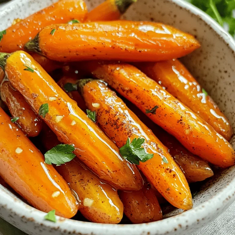 - 1 pound baby carrots or regular carrots - 3 tablespoons honey - 2 tablespoons olive oil - 1 teaspoon garlic powder - 1 teaspoon salt - ½ teaspoon black pepper - ½ teaspoon ground cinnamon - Fresh parsley for garnish (optional) - Air fryer - Mixing bowl - Spatula or tongs When making air fryer honey glazed carrots, I always start with fresh, quality ingredients. The baby carrots are my go-to because they are sweet and tender. If I use regular carrots, I peel and cut them into sticks about 2 to 3 inches long. This keeps them uniform for even cooking. The honey is the star of this dish. It adds a rich sweetness that pairs well with the natural flavor of the carrots. I mix the honey with olive oil to help the glaze stick. The garlic powder, salt, black pepper, and ground cinnamon add depth and a touch of spice. For equipment, I use an air fryer, which cooks the carrots quickly and gives them a lovely caramelized finish. A mixing bowl is essential for combining the glaze. I like using a spatula or tongs to coat the carrots well. This makes sure each piece gets that delicious honey glaze. Gathering these ingredients and tools makes the process easy and fun. You’ll enjoy every step of making this simple yet flavorful side dish! To start, you will need to prep your carrots. If you choose regular carrots, peel them first. Then, cut them into sticks that are about 2 to 3 inches long. This size helps them cook evenly. If you have baby carrots, you can skip this step. They are ready to use right out of the bag. Next, make the honey glaze. In a large mixing bowl, pour in 3 tablespoons of honey. Add 2 tablespoons of olive oil to the bowl. Then, sprinkle in 1 teaspoon of garlic powder, 1 teaspoon of salt, ½ teaspoon of black pepper, and ½ teaspoon of ground cinnamon. Stir everything well until it combines nicely. The glaze should be smooth and sticky. Now, it's time to coat the carrots. Place the prepared carrots into the bowl with the honey glaze. Use your hands or a spatula to toss the carrots. Make sure each piece gets a nice coating of the glaze. This is key for great flavor. After that, preheat your air fryer to 375°F (190°C). Preheating helps the carrots caramelize perfectly. Once the air fryer is preheated, arrange the glazed carrots in a single layer in the basket. If your air fryer is small, you may need to cook them in two batches. This prevents overcrowding and helps them cook evenly. Air fry the carrots for about 12 to 15 minutes. Shake the basket halfway through to ensure even cooking. After cooking, check your carrots for doneness. They should be tender and have a lightly caramelized surface. If you want them crispier, feel free to air fry for an extra 2 to 3 minutes. Keeping an eye on them is important to avoid burning. Carefully take the carrots out of the air fryer and place them on a serving dish. Drizzle any leftover honey glaze on top for an extra touch of sweetness. To finish, sprinkle chopped parsley over the carrots. This adds a nice color and flavor contrast. Enjoy your delicious air fryer honey glazed carrots! To get a perfect glaze, mix the honey and olive oil well. I like to use a bowl. This helps the honey coat each carrot evenly. Toss the carrots in the glaze until they shine. For a different taste, try maple syrup instead of honey. You can also use agave nectar for a vegan option. The size of your carrots matters. If you use baby carrots, they cook faster. Regular carrots cut into 2 to 3-inch pieces take longer. Keep an eye on them to avoid burning. Shake the basket halfway through cooking. This helps them cook evenly. If they look too dark, lower the time by a few minutes. Spice up your carrots by adding herbs. Fresh thyme or rosemary gives a nice touch. You can also sprinkle some chili flakes for heat. If you want to change the glaze, try balsamic vinegar. It adds a tangy flavor that balances the sweetness. Don't be afraid to play with flavors! {{image_4}} You can add a kick to your carrots by mixing in cayenne or chili powder. Start with a small pinch. You want just enough heat to balance the sweet honey glaze. The warmth will enhance the flavor without overpowering it. This twist is perfect for those who enjoy a little spice in their meals. Fresh herbs like thyme or rosemary can elevate your carrots. Simply chop a handful and toss them in with the glaze. Fresh herbs add a bright flavor, unlike dried herbs. If you only have dried herbs, use less. They are more potent. Try different herbs to create your signature taste. Want to add more colors and flavors? Combine carrots with other veggies. Bell peppers, zucchini, or even broccoli work well. The air fryer cooks them evenly and quickly. This way, you can enjoy a healthy mix of flavors and textures in one dish. Plus, it’s a great way to get more veggies on your plate! To store leftover honey glazed carrots, let them cool first. Place them in an airtight container. This keeps them fresh and tasty. You can store them in the fridge for up to 4 days. Make sure to label your container with the date. The best way to reheat these carrots is in the air fryer. Set it to 350°F (175°C) and heat for about 5 minutes. This keeps the carrots crisp. You can also use the microwave if you're in a hurry. Just heat them for 1 to 2 minutes. However, the texture may not be as good. You can freeze honey glazed carrots for long-term storage. First, let them cool completely. Then, place the carrots in a freezer-safe bag or container. Remove as much air as possible to avoid freezer burn. They can last up to 3 months in the freezer. When ready to eat, thaw them in the fridge overnight. Reheat in the air fryer for best results. To lower the sugar in air fryer honey glazed carrots, use less honey. You can replace some honey with unsweetened applesauce. This keeps the flavor but cuts the sugar. Another option is to use a sugar substitute like stevia. Always taste as you go for the best flavor. Yes, you can use other veggies! Bell peppers, zucchini, or sweet potatoes work well. Just cut them into similar sizes for even cooking. Adjust the cooking time if the vegetables are thicker or denser. For most veggies, set your air fryer to 375°F (190°C). This temperature works well for quick cooking and browning. For softer veggies like zucchini, you can try 350°F (175°C) to avoid overcooking. You can store cooked honey glazed carrots in the fridge for 3 to 5 days. Place them in an airtight container. This keeps them fresh and ready to enjoy later. Air fryer honey glazed carrots pair nicely with roasted chicken or grilled fish. They also complement rice dishes or quinoa bowls. For a full meal, serve them with a salad or some crusty bread. This blog post covered everything about making air fryer honey glazed carrots. You learned about the needed ingredients, equipment, and specific steps for cooking. We also shared tips for the best glaze and variations to suit your taste. In the end, these carrots are easy to prepare and fun to eat. Whether you enjoy them sweeter or spicier, they add flavor to any meal. Don't be afraid to experiment with your favorites. Enjoy cooking!