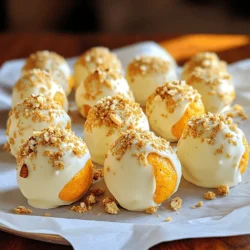 To make delicious pumpkin spice cheesecake truffles, gather these simple ingredients: - 8 oz cream cheese, softened to room temperature - 1 cup pumpkin puree (canned or fresh) - 1 cup powdered sugar, sifted - 1 teaspoon vanilla extract - 1 teaspoon pumpkin spice blend (a mix of cinnamon, nutmeg, and ginger) - 1 cup graham cracker crumbs, plus extra for coating - 1 cup white chocolate chips, melted - Optional: crushed walnuts or pecans for rolling These ingredients work together to create a sweet, creamy treat. The cream cheese gives the truffles their rich texture. Pumpkin puree adds warmth and flavor. Powdered sugar sweetens the mix, while vanilla extract enhances the taste. The pumpkin spice blend brings in that classic fall flavor. Graham cracker crumbs add crunch and help shape the truffles. White chocolate chips create a smooth and sweet coating. If you like, crushed nuts can add extra flavor and texture. Now, you are ready to start making these delightful truffles! 1. Start with a large mixing bowl. Beat the cream cheese until it is creamy and smooth. Use an electric mixer on medium speed. This step makes the base rich. 2. Next, add the pumpkin puree, powdered sugar, vanilla extract, and pumpkin spice blend. Mix on low speed until fluffy. Scrape the sides of the bowl as needed to combine well. 3. Now, gently fold in half of the graham cracker crumbs. This adds a nice crunch and a bit of texture to the truffles. 1. Cover the bowl tightly with plastic wrap. Refrigerate the mixture for about 1 hour. It should be firm enough to handle but not too hard. 2. Once chilled, use a tablespoon or cookie scoop to portion out the mixture. Roll it into small balls, about 1 inch in diameter. Your hands will help shape them perfectly. 3. Place the truffle balls on a parchment-lined baking sheet. Make sure to space them apart. Return them to the fridge for another 30 minutes to set firmly. 1. While they chill, melt the white chocolate chips in a microwave-safe bowl. Heat in 30-second intervals at low power. Stir in between until the chocolate is smooth. 2. After the truffles are set, dip each one into the melted white chocolate. Make sure they are thoroughly coated. Use a fork to lift them out, letting excess chocolate drip off. 3. Before the coating hardens, roll the truffles in the remaining graham cracker crumbs. You can also sprinkle them with crushed walnuts or pecans for added flavor. 4. Allow the truffles to cool completely at room temperature. Store them in an airtight container in the fridge until ready to serve. Using room temperature cream cheese is vital. Cold cream cheese will not blend well. It can lead to lumps in your truffles. Let your cream cheese sit out for about 30 minutes before mixing. This step is key for a smooth texture. Refrigeration times matter too. After mixing your truffle base, chill it for one hour. This helps the mixture firm up for easier rolling. After you shape the truffles, chill them again for 30 minutes. This final chill makes coating easier and keeps the truffles from losing shape. For melting white chocolate, use a microwave-safe bowl. Heat the chocolate in 30-second bursts. This method prevents burning. Stir after each interval until the chocolate is smooth. If you prefer, you can use a double boiler. Place the chocolate in a bowl over simmering water. Stir until melted for a gentle heat. Serve your truffles on a festive platter for a fun touch. You can add a sprinkle of pumpkin spice on top. This adds color and flavor. Whole nuts like pecans also make a great garnish. They add a nice crunch and look beautiful. For an extra pop, use colorful cupcake liners. {{image_4}} You can use dark chocolate instead of white chocolate for a richer taste. Dark chocolate adds a bold flavor that pairs well with pumpkin spice. Just melt it the same way you melt white chocolate. You can also try different nut toppings. Instead of walnuts or pecans, use almonds or hazelnuts. Chopped nuts add crunch and flavor. They also make your truffles look more appealing. For a fun twist, add a caramel or butterscotch drizzle on top. This adds sweetness and a lovely contrast to the pumpkin spice. Drizzle it on right before serving for the best look. You can also incorporate other spices. Try adding a bit of cardamom or cloves for a different flavor profile. These spices complement pumpkin well and add warmth to each bite. If you need gluten-free options, use gluten-free graham crackers. Many brands offer great alternatives that work just as well. This way, everyone can enjoy the truffles. For vegan options, substitute cream cheese with a dairy-free version. You can also use coconut cream instead of cream cheese. Make sure the chocolate chips are dairy-free too. This allows vegans to indulge without missing out on flavor. To keep your Pumpkin Spice Cheesecake Truffles fresh, use an airtight container. This helps prevent moisture and keeps them from drying out. I recommend a glass or plastic container with a tight lid. Always layer parchment paper between truffles to avoid sticking. Store the truffles in the refrigerator. A temperature of 35°F to 40°F works best for these treats. This keeps them firm and tasty. Avoid leaving them out at room temperature for long. These truffles stay fresh for about one week in the fridge. After that, they may lose their flavor or texture. You can also freeze them. Just place the truffles in a single layer on a baking sheet. Once frozen, transfer them to an airtight container. They will last up to three months in the freezer. When ready to eat, simply thaw them in the fridge overnight. Enjoy every bite! Can I use fresh pumpkin instead of canned? Yes, you can use fresh pumpkin. Just cook it, mash it well, and drain any excess water. This ensures a thick, creamy truffle mixture. Fresh pumpkin may have a lighter taste, but it can work wonderfully. How do I know when the truffles are fully set? The truffles are ready when they feel firm to the touch. After chilling, they should hold their shape well. You can also test one by gently pressing it; it should feel solid but not hard. What goes well with Pumpkin Spice Cheesecake Truffles? These truffles pair great with coffee or tea. You can also serve them with whipped cream or a drizzle of chocolate sauce. A sprinkle of cinnamon on top adds a nice touch, too. How to serve truffles at parties? Arrange the truffles on a festive platter. You can place them on colorful cupcake liners for a fun look. Add some fresh fall leaves or small pumpkins around them for a seasonal vibe. What to do if the chocolate doesn't coat well? If the chocolate is thick, add a little vegetable oil to thin it out. Make sure you melt it fully until smooth. If the truffles are too warm, let them chill longer before coating. How to fix a too-soft mixture? If your mixture is too soft, add more graham cracker crumbs. Start with a tablespoon at a time until it firms up. Chill the mixture longer to help it hold shape when rolling. You now have all the steps to create delicious Pumpkin Spice Cheesecake Truffles. We covered ingredients, mixing methods, and important tips for the best results. Remember to chill your mixture thoroughly for perfect truffles. Experiment with different coatings and flavors to find what you love most. These treats can impress at any gathering and are easy to store. Enjoy making these tasty bites and share them with friends. You’ll find joy in the process and delight in the smiles they bring!