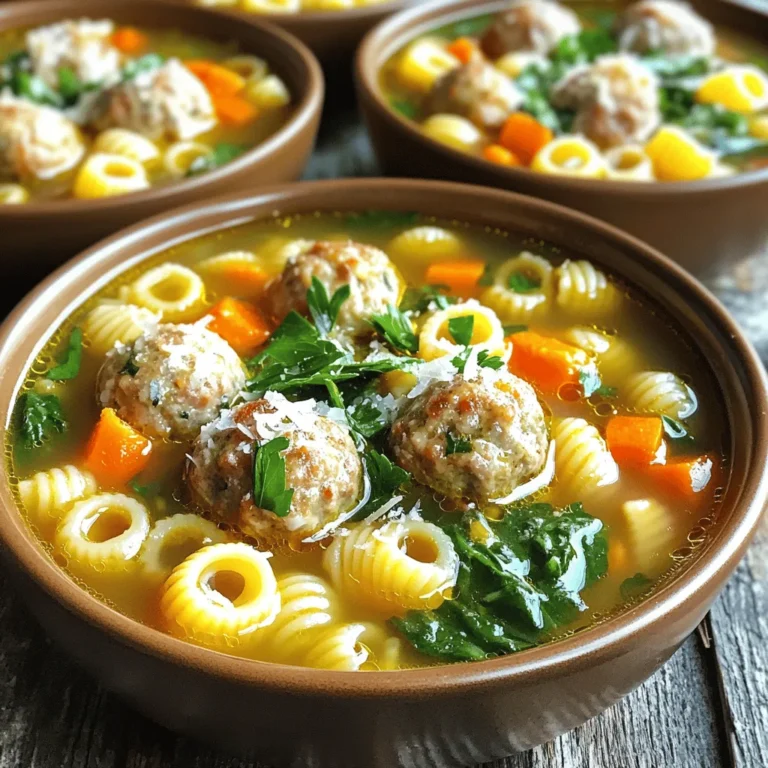 - Ground turkey or chicken - Small pasta (acini di pepe or orzo) - Fresh spinach Italian wedding soup is all about its simple yet tasty ingredients. I love using ground turkey or chicken for the meatballs. They give the soup a light touch while keeping it hearty. The small pasta, like acini di pepe or orzo, adds a fun texture. It soaks up the broth well and makes every bite delightful. Fresh spinach is a must! It adds color and nutrition to the dish. - Low-sodium chicken broth - Dried oregano and thyme - Salt and pepper The broth is the heart of this soup. I choose low-sodium chicken broth to control the salt level. Dried oregano and thyme bring warmth and depth to the flavor. A pinch of salt and freshly cracked black pepper rounds out the taste, making each spoonful comforting. - Extra virgin olive oil - Onion, garlic, carrot, and celery - Parmesan cheese and breadcrumbs Extra virgin olive oil is my go-to for sautéing. It gives a rich flavor to the veggies. I finely chop onion, garlic, carrot, and celery for a tasty base. These vegetables add sweetness and aroma. The Parmesan cheese adds a creamy finish, while breadcrumbs help bind the meatballs. Together, these elements create a bowl of pure joy that warms the soul. To start, I combine ground turkey, breadcrumbs, egg, and seasoning in a large bowl. I use my hands to mix the ingredients until just combined. Then, I shape the mixture into small meatballs, about one inch in diameter. I place them on a plate and set them aside. This step is key for a juicy meatball. Next, I heat olive oil in a large pot over medium heat. Once hot, I add the finely chopped onion, minced garlic, diced carrot, and diced celery. I sauté the mixture for about five minutes. I stir occasionally until the vegetables soften and become fragrant. This adds a wonderful flavor base to my soup. Now, I carefully pour in six cups of low-sodium chicken broth into the pot. I bring it to a gentle boil. Once boiling, I stir in dried oregano and thyme. These herbs infuse the broth with rich flavor, enhancing the overall taste. I gently drop the prepared meatballs into the simmering broth. Then, I reduce the heat to a low simmer. I cook them for about ten minutes until they are fully cooked and no longer pink inside. The meatballs absorb delicious flavors from the broth. Next, I stir in the small pasta. I let the soup simmer according to the pasta package's cooking instructions, usually about seven to ten minutes. I want the pasta to be tender but not mushy, as this adds heartiness to the soup. In the last minute of cooking, I add the chopped spinach to the pot. I stir gently until the spinach wilts and brightens in color. This adds a pop of green and boosts nutrition in my comforting bowl of soup. - Use chilled ingredients for better texture. Cold meat and eggs help the meatballs hold shape. - Avoid overmixing the meatball mixture. Mix just until combined to keep them tender. - Garnish with fresh parsley and extra Parmesan. This adds color and a burst of flavor. - Pair with crusty bread for a complete meal. The bread soaks up the tasty broth. - Taste and adjust seasoning as needed. Add more salt or pepper for your taste. - Add lemon zest for brightness. It lifts the flavors and adds a nice zing. {{image_4}} You can switch up the meat in this soup. Ground beef or pork works well. They add a richer flavor to the meatballs. If you prefer, try vegetarian options. Use lentils or plant-based crumbles for a tasty twist. This makes it a great option for everyone. If you want a gluten-free meal, swap the small pasta for quinoa or rice. This keeps the dish hearty while catering to gluten-free diets. You can also try larger pasta shapes. Shells or ditalini add fun texture and make it more filling. You can change the broth to fit your taste. Substitute chicken broth with vegetable broth for a lighter flavor. This works perfectly for veggie lovers. Want more flavor? Add fresh herbs like basil or rosemary. It makes the soup smell amazing and taste even better. You can keep any leftover soup in an airtight container. It stays fresh in the fridge for about 3 to 4 days. This soup is best enjoyed when it is fresh, but it still tastes good after a few days. Just remember to check for any changes in smell or color before eating. If you want to save some soup for later, freezing is a great choice. Pour the soup into meal-sized portions in freezer-safe containers. This makes it easy to grab a single serving when you're hungry. To enjoy, simply thaw the soup in the refrigerator overnight. When you’re ready to eat, gently reheat the soup on the stove. It’s best to do this slowly to keep the flavors intact. If it thickens too much while sitting, just add a splash of broth or water. This will bring it back to the right consistency. Enjoy your warm, comforting bowl of Italian wedding soup! Italian Wedding Soup is a comforting dish with roots in Italian-American culture. It is not actually served at weddings. The name comes from the Italian phrase "minestra maritata," meaning "married soup." This refers to the perfect blend of flavors from meat and greens. The soup features small meatballs, fresh vegetables, and pasta in a savory chicken broth. It's warm, filling, and great for gatherings. Yes, you can prepare Italian Wedding Soup in advance. Make the meatballs and soup base, then store them separately. Keep the pasta and spinach out until you’re ready to serve. This way, the pasta won’t get mushy. When you want to enjoy your soup, just heat the broth and meatballs, then add the pasta and spinach. You can easily adjust Italian Wedding Soup for dietary needs. For a gluten-free version, use gluten-free pasta and breadcrumbs. To make it low-fat, choose lean ground turkey or chicken. For a vegetarian option, replace meat with plant-based protein. You can also use vegetable broth instead of chicken broth for extra flavor. Italian Wedding Soup stays fresh in the fridge for 3 to 4 days. Store it in an airtight container. The flavors will deepen as it sits. If you want to keep it longer, consider freezing it. Yes, frozen meatballs work well in Italian Wedding Soup. Just drop them in the simmering broth. Cook them according to the package directions. This saves time and still gives you a tasty soup. For Italian Wedding Soup, small pasta shapes work best. Acini di pepe or orzo are great choices. These shapes hold the broth well and fit perfectly in a spoon. You can also use ditalini or tiny shells for a fun twist. Italian Wedding Soup is a warm hug in a bowl. We started with key ingredients like ground turkey, small pasta, and fresh spinach. The broth, seasoned with herbs and spices, brings everything to life. We covered steps from making meatballs to cooking pasta, helping you create a delicious dish. Experiment with variations and adjust flavors to suit your taste. Store leftovers easily for future meals. This soup is not just comforting; it’s customizable. Enjoy making your own version today!