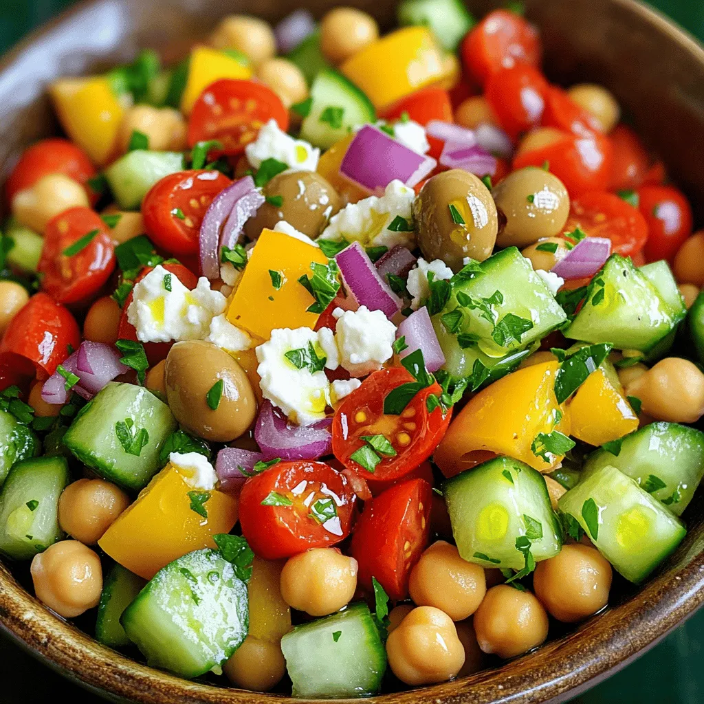 To make the Mediterranean Chickpea Salad, gather these fresh ingredients: - 1 can chickpeas (approximately 15 ounces), drained and rinsed - 1 medium cucumber, diced into bite-sized pieces - 1 cup cherry tomatoes, halved for vibrant color - 1/2 medium red onion, finely chopped for a mild flavor - 1 bell pepper (choose either red or yellow), diced for a sweet crunch - 1/4 cup Kalamata olives, pitted and sliced for a briny kick - 1/4 cup feta cheese, crumbled (optional, for a creamy finish) - 2 tablespoons fresh parsley, chopped for freshness - 3 tablespoons extra virgin olive oil for richness - 2 tablespoons red wine vinegar (or substitute with fresh lemon juice for a zesty twist) - 1 teaspoon dried oregano for an aromatic touch - Salt and pepper to taste You can adjust this salad to fit your taste. Here are some optional ingredients you might enjoy: - Avocado, diced for creaminess - Arugula or spinach for added greens - Sun-dried tomatoes for a tangy flavor - Canned tuna or grilled chicken for extra protein - Nuts or seeds for crunch This salad is not just tasty; it offers great nutrition too! Each serving provides: - Calories: Approximately 220 - Protein: 7 grams - Carbohydrates: 22 grams - Fiber: 6 grams - Fats: 12 grams - Vitamins: A, C, and K from the veggies - Minerals: Iron and calcium from chickpeas and feta This salad is balanced and full of flavors! Enjoy making it your own! Start by rinsing and draining the can of chickpeas. This step helps remove excess salt. Next, use a knife to dice one medium cucumber into small pieces. Cut one cup of cherry tomatoes in half for color and taste. Finely chop half of a medium red onion. Dice one bell pepper, choosing either red or yellow for sweetness. Lastly, slice a quarter cup of Kalamata olives and set them aside. In a large mixing bowl, combine all the prepared ingredients. Add the drained chickpeas, diced cucumber, halved cherry tomatoes, chopped red onion, diced bell pepper, and sliced olives. Mix everything well to ensure even distribution. If you want a creamy touch, gently fold in the crumbled feta cheese. Toss in two tablespoons of freshly chopped parsley to brighten the salad. In a small bowl, whisk together three tablespoons of extra virgin olive oil and two tablespoons of red wine vinegar. If you prefer, you can use fresh lemon juice instead. Add one teaspoon of dried oregano, along with salt and pepper to taste. Blend until the dressing is smooth and well combined. Drizzle this dressing over your salad mixture and toss gently. This helps coat each ingredient, allowing the flavors to meld beautifully. Cover the bowl and refrigerate for at least 30 minutes. This wait enhances the salad's flavor before serving. - Use fresh ingredients for the best taste. Fresh veggies make the salad bright. - Rinse the chickpeas well. This removes excess sodium and improves flavor. - Let the salad chill for at least 30 minutes. This helps flavors mix well. - Taste and adjust seasoning before serving. You want every bite to pop! - Don’t skip the marinating step. It truly enhances the salad’s taste. - Avoid over-mixing the salad. You want the veggies to stay crisp. - Don’t use too much dressing. Start with less and add more if needed. - Forgetting to taste can lead to bland flavors. Always sample before serving. - Add a pinch of red pepper flakes for heat. It adds a nice kick to the mix. - Squeeze fresh lemon juice just before serving. This brightens the flavors. - Try adding diced avocado for creaminess. It pairs well with chickpeas. - Use herbs like mint or dill for an extra layer of flavor. They add freshness and complexity. {{image_4}} You can easily make this salad vegetarian or vegan. The main ingredient, chickpeas, is already plant-based. To keep it vegan, skip the feta cheese. The salad still tastes great without it. You can add more veggies like shredded carrots or avocado for extra flavor and texture. Need to adjust for dietary needs? No problem! If you're allergic to olives, leave them out or use capers for a similar taste. For a nut-free option, avoid using nuts as toppings. If you prefer a different cheese, try goat cheese. You can also switch red wine vinegar for apple cider vinegar if you like a milder taste. Using fresh, seasonal ingredients makes the salad even better. In summer, add ripe peaches or watermelon for sweetness. In fall, use roasted pumpkin or butternut squash for a cozy twist. Seasonal ingredients not only enhance flavor but also add color to your dish. Always look for what’s fresh at your local market! After making the Mediterranean chickpea salad, you might have some leftovers. To keep it fresh, store the salad in an airtight container. Place it in the fridge right away. This helps maintain the flavors and crunch of the veggies. Your salad can last up to three days in the fridge. Keep in mind that the longer it sits, the softer it gets. Freezing this salad is not the best idea. The veggies will lose their texture. However, if you want to freeze it, only freeze the chickpeas and the dressing. Do not freeze the fresh veggies or feta cheese. When you are ready to eat, thaw the chickpeas and dressing in the fridge before mixing them with fresh ingredients. You don't usually need to reheat a salad. However, if you prefer it warm, heat the chickpeas gently in a skillet. Add a splash of olive oil to keep them moist. Avoid cooking the fresh veggies, as they are best enjoyed raw. After warming the chickpeas, mix them back into the salad right before serving. This way, you keep the crunch and freshness intact. You can serve this salad with many dishes. Grilled chicken pairs well. Fish adds a nice touch too. For a vegetarian option, try serving it with pita bread or hummus. It also goes great with rice or quinoa. You can even enjoy it as a light meal on its own. You can keep the salad in the fridge for about 3 days. The flavors get better as it sits. However, the veggies may lose some crunch after this time. Store it in an airtight container to keep it fresh. Yes, you can make this salad ahead of time. In fact, I recommend it! Preparing it a few hours early allows the flavors to blend. Just let it chill in the fridge before serving. Yes, this Mediterranean Chickpea Salad is gluten-free. Chickpeas, veggies, and olive oil are all gluten-free. If you skip the feta cheese, it stays gluten-free too. Always check labels if you're unsure about ingredients. To add protein, try mixing in grilled chicken or shrimp. You can also use chickpeas, which are already in the salad. For a vegetarian option, add tofu or tempeh. Nuts like almonds or walnuts also boost protein while adding crunch. You learned how to make a tasty Mediterranean Chickpea Salad. We covered the key ingredients, step-by-step prep, and ways to customize it. Remember to avoid common mistakes for the best flavor. You can even alter the recipe for dietary needs! Store leftovers safely, and feel free to make it ahead. This salad is healthy, easy, and fun to make. It’s a great dish for any meal. Enjoy your new favorite recipe, and don’t forget to share it with friends!