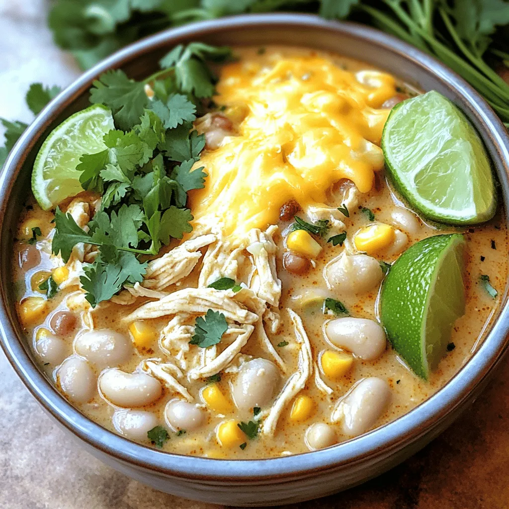 Gather these key items for your Slow Cooker Creamy White Chicken Chili: - 2 lbs boneless, skinless chicken breasts - 1 can (15 oz) white kidney beans, drained and rinsed - 1 can (15 oz) sweet corn, drained - 1 can (4 oz) diced green chilies - 1 medium onion, finely diced - 3 cloves garlic, minced - 4 cups chicken broth - 1 teaspoon ground cumin - 1 teaspoon dried oregano - 1 teaspoon smoked paprika - ½ teaspoon salt - ¼ teaspoon freshly ground black pepper - 1 cup heavy cream (or coconut cream for a dairy-free option) - 1 cup shredded Monterey Jack cheese - Fresh cilantro, chopped for garnish - Lime wedges, for serving Each ingredient plays a part in creating layers of flavor. The chicken serves as the base. White kidney beans add heartiness. Sweet corn brings a touch of sweetness. Diced green chilies give a mild spice. Onion and garlic boost the aroma of the dish. The spices, like cumin and paprika, warm the chili. Heavy cream or coconut cream adds a smooth finish. Finally, cheese and garnishes give a delightful touch. Start by placing the chicken breasts at the bottom of the slow cooker. This gives the meat a chance to soak in all the flavors. Next, layer the white kidney beans, sweet corn, diced green chilies, diced onion, and minced garlic over the chicken. This mix adds nice texture and taste. Carefully pour in the chicken broth. Make sure it covers all the layers. Now, sprinkle in the ground cumin, dried oregano, smoked paprika, salt, and black pepper. Gently stir the mixture. Be careful not to disturb the chicken too much. This way, it stays tender while cooking. Now, secure the lid on the slow cooker. Set it to cook on low for 6-7 hours or on high for 3-4 hours. This will make your chicken tender and easy to shred. When the time is up, remove the chicken from the slow cooker. Place it on a cutting board and shred it into bite-sized pieces with two forks. Return the shredded chicken to the pot. Next, pour in the heavy cream or coconut cream. Add the shredded Monterey Jack cheese, too. Stir gently until the cheese melts and blends in. Let it heat through for about 10-15 minutes. Before serving, taste your chili. Adjust the seasoning if needed. Add more salt or spices to enhance the flavor. Now, it’s time to serve. Ladle the creamy white chicken chili into bowls. Top each bowl with fresh cilantro for color. Don’t forget lime wedges on the side for a bright burst of flavor! - Recommended cooking times for optimal flavor: Cook your chili on low for 6-7 hours. This slow cooking brings out deep flavors. If you’re short on time, the high setting works too. Cook for 3-4 hours. - Best practices for shredding chicken: Once your chicken is cooked, remove it from the slow cooker. Use two forks to shred the chicken into bite-sized pieces. This makes it easy to mix back into the chili. - Tips for achieving the right creaminess: To make your chili creamy, add heavy cream or coconut cream last. Stir it in gently. This will keep your chili smooth and rich. Make sure to let it heat for 10-15 minutes so the flavors meld. - Dairy-free options: If you need a dairy-free option, substitute heavy cream with coconut cream. It adds a nice richness without the dairy. - Alternative protein sources: You can swap the chicken for turkey or even a plant-based protein. Chickpeas or tofu work well for a vegetarian version. - Customizing spice levels: Adjust the spice level by adding more or less smoked paprika. If you like it hotter, include sliced jalapeños or a pinch of cayenne pepper. This lets you control the heat to your taste. {{image_4}} You can switch up the beans or vegetables in this chili. If you want a different taste, try black beans or pinto beans. You can also add more veggies, like diced bell peppers, zucchini, or even carrots. Each choice adds a new layer of flavor. If you're looking for proteins beyond chicken, consider turkey or even shredded pork. Both options bring a unique twist to the dish. You can also try using tofu for a vegetarian take. It absorbs flavors well and keeps the chili hearty. To enhance flavors, think about adding herbs or spices. Fresh basil or parsley can brighten the dish. If you like a little kick, try adding cayenne pepper or red pepper flakes. This will give your chili a nice heat without overpowering it. Toppings can also make a big difference. Add crushed tortilla chips for crunch or avocado slices for creaminess. A dollop of sour cream can cool down the spice too. Don't forget fresh cilantro or lime juice for that zesty finish. These little extras make each bowl feel special! To keep your creamy white chicken chili fresh, place it in an airtight container. This helps seal in flavor and moisture. Let the chili cool first before sealing. It stays fresh in the fridge for about 3 to 4 days. If you notice any off smell or strange color, it’s best to toss it. Always reheat only what you plan to eat to keep the rest safe. If you want to save some for later, freezing is a great option. Use freezer-safe containers or bags. Make sure to leave space at the top of the containers, as the chili will expand when frozen. It can last for up to 3 months in the freezer. When you're ready to eat, thaw it overnight in the fridge. To reheat, simply warm it on the stove or in the microwave until hot. Stir it well to ensure even heating. Enjoy your tasty chili anytime! Can I make this recipe in a pressure cooker? Yes, you can! Use the same steps. Set the pressure cooker to high for 10-12 minutes. Let the pressure release naturally. Shred the chicken and add cream and cheese as directed. What can I serve with creamy white chicken chili? This chili pairs well with cornbread or tortilla chips. You can also serve it with a side salad or some fresh avocado slices for a tasty balance. How can I reduce the fat content in this recipe? To lower fat, swap heavy cream for low-fat milk or use coconut milk. You can also choose reduced-fat cheese. Trim any visible fat from the chicken before cooking. What to do if the chili is too thick? If your chili is thick, add a bit more chicken broth. Stir well and let it heat on low for a few minutes. How to fix a bland flavor? If the flavor is bland, add more salt or spices. A squeeze of lime juice can also brighten the taste. Taste as you go to find the right balance. Can I add more heat if desired? Absolutely! You can add more diced green chilies or a pinch of cayenne pepper. For extra spice, try adding sliced jalapeños or hot sauce. In this post, I shared an easy recipe for creamy white chicken chili. The main ingredients include chicken, beans, corn, and spices. I outlined steps for preparation, cooking, and finishing touches. You learned tips for perfecting your dish and variations for customization. I also covered storage options and answered common questions. Enjoy making this chili your own! Your cooking will impress family and friends. It’s a dish that warms the heart and belly.