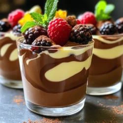 - 1 cup dark chocolate chips (75-80% cocoa) - 2 cups plain, full-fat Greek yogurt - 1/4 cup honey or maple syrup The main ingredients in this mousse are simple yet rich. First, dark chocolate chips give the dessert its deep flavor. I recommend using chips with 75-80% cocoa for the best taste. Next is full-fat Greek yogurt. This adds creaminess and tang. Finally, you can sweeten the mousse with honey or maple syrup. - Fresh berries (raspberries or blueberries) - Fresh mint leaves For garnishes, fresh berries like raspberries or blueberries add color and a burst of flavor. They make your mousse look inviting. A sprig of fresh mint brings a nice touch too. It adds a hint of freshness that balances the chocolate. - 1 teaspoon pure vanilla extract - A pinch of fine sea salt You also need a teaspoon of pure vanilla extract. It enhances the chocolate flavor. A tiny pinch of fine sea salt is key too. It brightens all the flavors and makes the mousse taste even better. To start, you need to melt the dark chocolate chips. You can do this in two ways: - Microwave Method: Place the chocolate chips in a microwave-safe bowl. Heat them in 30-second bursts. After each burst, stir the chocolate. Keep doing this until it is smooth. - Double Boiler Method: Fill a pot with water and bring it to a simmer. Place a heat-safe bowl on top of the pot, making sure it does not touch the water. Add the chocolate chips to the bowl. Stir until melted. After melting, let the chocolate cool for a bit before using it. Next, you will mix the yogurt. In a large bowl, add: - 2 cups plain, full-fat Greek yogurt - 1/4 cup honey or maple syrup (adjust to your taste) - 1 teaspoon pure vanilla extract - A pinch of fine sea salt Use a whisk or spatula to mix these ingredients. Keep mixing until it is smooth and creamy. Now, carefully fold in the melted chocolate into the yogurt mixture. Use a spatula to combine gently. - Be careful not to overmix; you want to keep some air in the mousse for a light texture. - After mixing, taste the mousse. If you want it sweeter, add a bit more honey or maple syrup. Fold it in gently to mix. Once mixed, divide the mousse into serving containers. You can use: - Glass cups - Bowls - Ramekins If you are not serving right away, cover the containers with plastic wrap. Place them in the fridge for at least 2 hours. This helps the mousse set and the flavors mix well. Before serving, it is time to add some garnishes. Here are some tips: - Use fresh berries like raspberries or blueberries for a pop of color. - Add a sprig of mint for freshness. These garnishes make your mousse look even more special. Enjoy your dessert! To get that light and fluffy mousse, folding is key. You want to be gentle when you mix the melted chocolate with the yogurt. Start at the center and work your way out. This method keeps air in the mix, making your mousse airy and delightful. If you stir too hard, you'll lose that fluffiness. You have choices for sweeteners. Honey and maple syrup are great options. If you want to try something different, you can use agave syrup or stevia. Taste your mousse after mixing. If it’s not sweet enough, add more sweetener slowly. Keep folding gently until everything blends well. For a stunning presentation, use clear glass cups. This way, you can show off the mousse's creamy layers. Before serving, add fresh berries on top. Raspberries or blueberries work well. A sprig of mint adds a nice touch too. Pair your mousse with a hot cup of coffee or a cold glass of milk. These drinks balance the rich chocolate flavor perfectly. {{image_4}} You can easily change the taste of your Greek yogurt chocolate mousse. One fun idea is to add espresso or coffee. This gives a rich mocha flavor that many love. Simply mix in a shot of espresso when you blend the yogurt. Another option is to use flavored Greek yogurt. There are many choices like vanilla, honey, or berry. This adds an interesting twist to the mousse. You can mix and match flavors to find your favorite. If you want to use different sweeteners, I have some great ideas. Agave syrup is a good choice. It has a mild flavor and blends well. You can also try stevia, which is a no-calorie sweetener. When using these sweeteners, you may need to adjust the amount. Start with a small amount, then taste the mousse. Add more if you want it sweeter. This helps you match your dietary needs. If you are not a chocolate fan, don’t worry! You can make a vanilla-based mousse instead. Just leave out the chocolate and use more vanilla extract for flavor. For a fruity twist, try fruit-flavored mousse. You can add pureed berries like strawberries or mangoes. This will give your mousse a fresh taste. Experiment with different fruits to find the best pairings! The Greek yogurt chocolate mousse lasts for about 3 to 4 days in the fridge. To keep it fresh, cover your containers tightly. This will help prevent the mousse from absorbing any odors from other foods. You can use plastic wrap or lids for this. Storing it well ensures that each bite remains tasty and creamy. You can freeze the mousse for longer storage. It holds up well in the freezer for up to 2 months. When you are ready to enjoy it, move it to the fridge to thaw overnight. This slow thaw helps maintain its creamy texture. Avoid using a microwave for thawing, as it can change the mousse's consistency. Enjoy your delicious dessert at your own pace! Yes, you can use low-fat Greek yogurt. However, it may change the texture and taste. Full-fat yogurt gives a creamier and richer mousse. Low-fat yogurt might make the mousse less fluffy. If you choose low-fat, be ready for a slight change in taste. To make this mousse dairy-free, use coconut yogurt instead of Greek yogurt. For the chocolate, pick dairy-free chocolate chips. Make sure to check labels for hidden dairy. This way, you still get a tasty and creamy mousse without dairy. If the mousse is too sweet, add a pinch of salt. Salt helps balance the sweetness. You can also fold in more Greek yogurt to tone it down. Taste as you go to find the right balance. Yes, you can make this mousse in advance. Prepare it up to two days before you plan to serve. Just store it in the fridge. Cover the containers well to keep it fresh and tasty. This post explored a simple recipe for a rich, creamy chocolate mousse. You learned about key ingredients, like dark chocolate and Greek yogurt, alongside various garnishes. I shared step-by-step instructions for making this treat, along with tips for perfecting texture and sweetness. Remember, you can customize flavors or make it dairy-free. This mousse is not just a dessert; it's a delightful experience. Try it out and impress your friends! Enjoy every creamy bite.