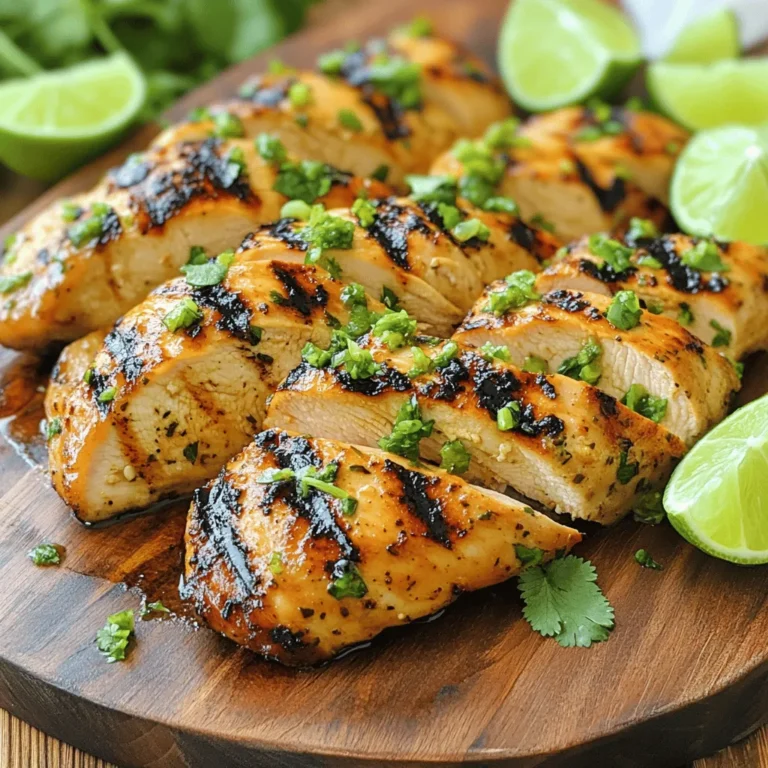 - 4 boneless, skinless chicken breasts - 2 tablespoons olive oil - 2 jalapeños, finely chopped - Zest of 1 lime - 1/4 cup fresh lime juice - 3 cloves garlic, minced - 1 teaspoon ground cumin - 1 teaspoon honey (optional) - Salt and pepper to taste - Fresh cilantro for garnish The main ingredients create a tasty base for the chicken. Each part adds its own flair. The chicken breasts are lean and juicy. Olive oil gives richness and helps the flavors blend. Jalapeños add heat, with the option to remove seeds for less spice. Lime zest and juice bring a bright, fresh taste. In addition, garlic adds depth and aroma. Ground cumin brings a warm and earthy note. Honey is optional but adds a nice touch of sweetness. Salt and pepper enhance all these flavors. Lastly, fresh cilantro adds a pop of color and freshness when you serve the dish. Gather these ingredients, and you set the stage for a bold and flavorful meal. To start, grab a large mixing bowl. In this bowl, you will combine your olive oil, finely chopped jalapeños, lime zest, fresh lime juice, minced garlic, ground cumin, and honey. Don’t forget to add a good pinch of salt and pepper to taste. Mix everything well until it forms a smooth marinade. This marinade is the key to unlocking bold flavors in your chicken. Now, take your chicken breasts and place them in the marinade. Make sure each piece is well coated. Cover the bowl tightly with plastic wrap. Let the chicken marinate in the fridge for at least 30 minutes and up to 2 hours. The longer you marinate, the more flavor the chicken will absorb. This step is crucial for that zesty kick you want in every bite. Once your chicken is marinated, preheat your grill to medium-high heat. Make sure to oil the grill grates to prevent sticking. Remove the chicken from the marinade, letting the excess drip off. Discard the leftover marinade; it’s important not to reuse it. Place the chicken on the grill and cook for 6-7 minutes on one side. Flip the chicken carefully and grill for another 6-7 minutes. You want the internal temperature to reach 165°F (75°C) for safe eating. After cooking, let the chicken rest for about 5 minutes before slicing. This helps keep the juices inside for a moist and flavorful meal. Grilling chicken can be simple and fun. Start by preheating your grill to medium-high heat. This helps create nice grill marks and keeps the chicken juicy. Oil the grates to prevent sticking. When you put the chicken on the grill, don’t move it too much. Let it cook for 6-7 minutes on one side before flipping. This allows for good searing and flavor. Always check the internal temperature. It should reach 165°F (75°C) for safe eating. After grilling, let the chicken rest for about 5 minutes. This step keeps the juices inside, making it moist and tasty. Marinating chicken is key to bold flavor. The mix of jalapeños, lime, and garlic adds a zing. When you marinate, the flavors soak deep into the meat. This makes every bite burst with taste. I suggest marinating for at least 30 minutes, but 2 hours is even better. Longer marinating time means a stronger flavor. Just don’t go overboard, as too much time can make the chicken mushy. Cilantro is your best friend for garnishing. It adds color and freshness. Chop it finely and sprinkle it over the chicken just before serving. You can also add lime wedges to brighten up the dish. For a fun twist, try adding diced avocado or sliced radishes. These not only look great but also add texture and flavor. Present the chicken on a large platter with the garnishes, and watch your guests smile! {{image_4}} You can easily change the spice level of your Jalapeño Lime Grilled Chicken. If you want less heat, use fewer jalapeños. Just one jalapeño will still give you great flavor. You can also remove the seeds for a milder taste. If you want a different taste, try using a green bell pepper or poblano pepper. These peppers give a nice flavor without the heat. Adding herbs can take your chicken to the next level. Try mixing in some oregano or thyme for a fresh taste. You can also add lime zest for more brightness. Other citrus fruits like orange or lemon can work great too. Just a little zest can make all the difference in flavor. This dish pairs well with many sides. Grilled vegetables add color and taste. A fresh salad will balance the spice nicely. You can also think about sauces or dips. A cool yogurt sauce or avocado dip can help tone down the heat. These additions will make your meal even more enjoyable! To keep your Jalapeño Lime Grilled Chicken fresh, store it in the fridge. Place the chicken in an airtight container. This helps keep out moisture and air, which can spoil the food. You can safely store leftovers for up to four days. If you want to keep it longer, consider freezing it. Just make sure to wrap it tightly in plastic wrap or foil, then place it in a freezer bag. Frozen chicken can last up to three months. When reheating your grilled chicken, I suggest using a microwave or grill. If you use a microwave, place the chicken on a microwave-safe plate. Heat it in short bursts, about 30 seconds at a time. Check often to avoid drying it out. If you prefer the grill, preheat it to medium heat. Grill the chicken for a few minutes on each side. This helps to maintain its juicy flavor while warming it up. Whether you choose the microwave or the grill, enjoy that bold, spicy taste! To check if the chicken is done, use a meat thermometer. The safe internal temperature is 165°F (75°C). You can also look for clear juices when you cut into the meat. If the juices run clear, the chicken is ready. The meat should not be pink inside. Yes, you can use other cuts. Thighs or drumsticks work well, too. Just adjust the cooking time. Thighs may take a bit longer to cook. Always check the temperature to ensure it reaches 165°F (75°C). This chicken pairs nicely with many sides. Consider grilled vegetables for a fresh touch. A zesty salad or rice also works well. You could add corn on the cob for sweetness. Squeeze fresh lime over your sides for extra flavor! This blog post covered how to make Jalapeño Lime Grilled Chicken. We explored ingredients, marinade steps, and grilling tips. You learned how to enhance flavors and presented ideas for serving. In cooking, marination brightens tastes and makes dishes fun. Use the tips to mix things up and make your meals exciting. Happy grilling!