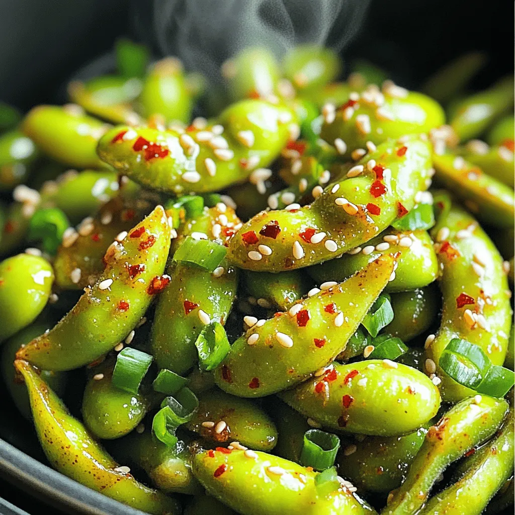 Here is what you need for this Air Fryer Spicy Garlic Edamame recipe: - 2 cups frozen edamame (in pod) - 2 tablespoons extra virgin olive oil - 3 large garlic cloves, finely minced - 1 teaspoon red chili flakes - 1 tablespoon soy sauce or tamari - 1 teaspoon toasted sesame oil - Sea salt, to taste - Optional: Finely chopped green onions and toasted sesame seeds for garnish Each ingredient brings its own flavor to the dish. The frozen edamame gives a fresh taste and a nice crunch. Extra virgin olive oil makes the pods rich and smooth. Garlic adds a strong, bold flavor, while red chili flakes give it that spicy kick. Soy sauce or tamari adds depth and umami. Toasted sesame oil brings warmth, and sea salt enhances all the flavors. You can also garnish with green onions and sesame seeds to make it look fancy. First, set your air fryer to 380°F (193°C). Preheat it for about 5 minutes. This helps the edamame cook evenly and become crispy. In a large bowl, add 2 cups of frozen edamame pods. Pour in 2 tablespoons of extra virgin olive oil. Then, add 3 finely minced garlic cloves, 1 teaspoon of red chili flakes, 1 tablespoon of soy sauce, and 1 teaspoon of toasted sesame oil. Mix well to coat each pod evenly. Carefully place the coated edamame in the air fryer basket. Spread them out in a single layer. This helps them cook evenly. Cook for 10 to 12 minutes. Halfway through, pause and shake the basket. This ensures every pod gets that perfect crisp. Once done, the edamame should look tender and crispy. Be careful when taking them out; they are hot! Sprinkle with sea salt to taste. For extra flair, you can garnish with finely chopped green onions and toasted sesame seeds. Enjoy your tasty snack! To make this dish suit your taste, you can change the spice level. If you want it milder, use less red chili flakes. Start with half a teaspoon. If you love heat, add more! You can also use fresh chili instead of flakes for a different kick. Adjusting spice lets you enjoy the snack just how you like it. Even cooking is key for crispy edamame. Be sure to spread the pods in a single layer in the air fryer. This helps hot air reach all sides. Shake the basket halfway through cooking. This step mixes the pods and avoids uneven spots. The result? A perfect crunch all around. For the best taste, serve your spicy garlic edamame hot. This dish shines when it's fresh from the air fryer. If you let it cool too long, it may lose its crispiness. You can keep them warm in a bowl covered with a kitchen towel. This keeps them cozy until you’re ready to dig in. {{image_4}} You can change the flavor of your edamame easily. Try using lemon zest for a fresh taste. Lime juice adds a nice tang too. If you like heat, add more chili flakes or a dash of hot sauce. For a hint of sweetness, mix in honey or maple syrup. You can also use different oils, like chili oil for a spicy kick or peanut oil for a nutty flavor. If you don’t have an air fryer, you can still make this snack. Use your oven instead. Preheat it to 400°F (200°C). Spread the edamame on a baking sheet lined with parchment paper. Bake for 20 to 25 minutes, shaking the pan halfway through. You can also cook them on the stovetop. Simply boil the edamame in salted water for 5 to 7 minutes. Then, toss them in your garlic sauce in a pan until they're hot and coated. Feel free to get creative with seasonal swaps. In spring, add fresh herbs like basil or cilantro. In summer, toss in cherry tomatoes for a pop of color and taste. In fall, try adding pumpkin spice for a unique twist. In winter, consider using roasted garlic instead of fresh for a deeper flavor. These swaps keep your snack fresh and exciting all year round! After you enjoy your spicy garlic edamame, let any leftovers cool down. Place them in an airtight container. Store the container in the fridge. You can keep it fresh for about three days. Make sure to seal it well to prevent moisture. To reheat your edamame, use the air fryer again. Set it to 350°F (177°C). Place the edamame in the basket. Heat them for about 5 minutes. This will help them regain their crispness. You can also use a microwave if you are short on time. Just heat for 1 to 2 minutes. Stir halfway for even warmth. If you want to save some edamame for later, freezing is a great idea. First, let the cooked edamame cool completely. Then, spread them on a baking sheet in one layer. Freeze them for a few hours. Once they are solid, transfer them to a freezer bag. Remove as much air as possible before sealing. You can keep frozen edamame for up to six months. When you're ready to use them, just cook from frozen without thawing. Yes, fresh edamame works well in this recipe. You may need to adjust the cooking time. Fresh pods usually require less time to cook. Start with 8 to 10 minutes and check for doneness. This dish is already vegan since it uses plant-based ingredients. Just ensure the soy sauce or tamari is gluten-free if needed. Avoid any non-vegan garnishes, like honey. Spicy garlic edamame pairs nicely with rice or quinoa. You can also serve it as a side with Asian-inspired dishes. Try it with sushi or a fresh salad for a complete meal. Store leftovers in an airtight container. They can last in the fridge for 3 to 5 days. If you want to keep them longer, consider freezing them for up to 3 months. Yes, cooking times can vary by air fryer model. If you have a smaller or larger air fryer, monitor your edamame closely. Adjust the time by a couple of minutes until they are tender and crispy. This blog post guides you through making delicious spicy garlic edamame. You learned about key ingredients, step-by-step instructions, and useful tips for great results. I shared fun variations and storage tips too. Always feel free to make this dish your own. Experiment with different spices or serving styles. Enjoy your tasty snack, whether fresh, frozen, or leftovers. Simple ingredients and steps make cooking easy. Happy eating!