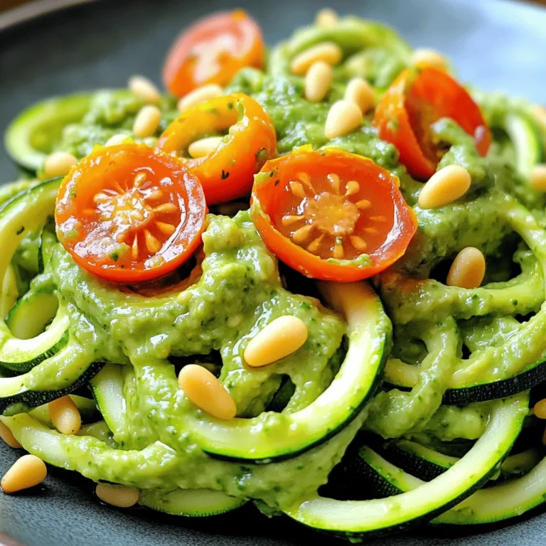 To make this dish, you need: - 2 large zucchinis - 1 perfectly ripe avocado - 1 cup fresh basil leaves, packed - 1 garlic clove, finely minced - 2 tablespoons freshly squeezed lemon juice - 1/4 cup extra-virgin olive oil - Sea salt and freshly cracked black pepper, to taste These main ingredients create a fresh and creamy sauce that clings to the zucchini noodles. The avocado gives a rich texture, while the basil adds bright flavor. Garlic and lemon juice enhance the taste, making each bite exciting. You can add these optional ingredients for more depth: - 2 tablespoons nutritional yeast (for added cheesy flavor) - Handful of cherry tomatoes, halved (for garnish) - Toasted pine nuts (for garnish) Nutritional yeast gives a cheesy taste without dairy. Cherry tomatoes add a sweet burst, and pine nuts provide a crunchy finish. These additions make your dish even more delicious. This dish is not only tasty but also healthy. It is low in carbs and high in nutrients. Zucchini noodles offer fiber, while avocado provides healthy fats. Basil is rich in vitamins and antioxidants. Overall, this meal supports a balanced diet with essential nutrients. Eating fresh and wholesome foods like this dish can help you feel great! To start, you need 2 large zucchinis. I like to use a spiralizer for this task. It turns the zucchinis into fun, noodle-like strands. If you don't have a spiralizer, don't worry! A mandoline slicer or vegetable peeler will work too. Just make long, thin strips. Once you have your noodles, place them in a large bowl. Add a light pinch of sea salt. Let them sit for 10 to 15 minutes. This helps draw out extra moisture. It keeps the final dish from being too watery. While the zucchini noodles rest, you can make the creamy avocado pesto. Grab 1 ripe avocado, 1 cup of fresh basil leaves, and 1 minced garlic clove. In a food processor, add these ingredients. Also, squeeze in 2 tablespoons of fresh lemon juice. If you want a cheesy flavor, add 2 tablespoons of nutritional yeast. Sprinkle in a pinch of sea salt and black pepper. With the food processor running, slowly drizzle in 1/4 cup of extra-virgin olive oil. Blend until the mixture is smooth and creamy. Taste it! Adjust the seasoning to your liking. You want the flavors to pop. Once the zucchini has softened, use your hands to squeeze out any extra moisture. Transfer the noodles to a clean bowl. Pour that vibrant avocado pesto over the zucchini noodles. Toss them lightly but thoroughly. Make sure every strand is coated with that creamy goodness. Serve this dish right away! Garnish each bowl with halved cherry tomatoes and a sprinkle of toasted pine nuts. This adds a nice crunch and makes the dish look beautiful. Enjoy your fresh and flavorful meal! To make the best zucchini noodles, start with firm zucchinis. A spiralizer works wonders here. If you do not have one, a mandoline slicer or a vegetable peeler can help too. After you spiralize, sprinkle a little salt on the noodles. This step is key! Let them sit for about 10 to 15 minutes. This helps take out extra water. Squeezing the noodles after resting keeps your dish from getting soggy. You can change the avocado pesto to suit your taste. Want more garlic? Add an extra clove. Need a cheesy flavor? Use nutritional yeast! Fresh herbs like cilantro or parsley can add a twist. If you like it spicy, toss in some red pepper flakes. Always taste as you blend. Adjust the seasoning until you find your perfect balance. Serve your avocado pesto zucchini noodles right away for the best taste. Garnish with halved cherry tomatoes for color. Toasted pine nuts add a nice crunch. For a heartier meal, pair it with grilled chicken or shrimp. You can also serve it with a side salad. This dish is light yet filling, perfect for any occasion! {{image_4}} This dish is naturally gluten-free since it uses zucchini noodles. Zucchini is a great substitute for wheat pasta. If you want more options, you can try sweet potato noodles or carrot ribbons. Both add color and taste while keeping it gluten-free. You can easily add protein to your avocado pesto zucchini noodles. Chicken, shrimp, or tofu work great. Cook your choice of protein separately and mix it in before serving. This makes the meal more filling and balanced. To make your dish pop, consider adding a few extras. Try crushed red pepper for heat or lemon zest for brightness. You can also mix in sun-dried tomatoes for a sweet, tangy flavor. Each addition brings something special to the plate, making it even more enjoyable. Store leftover zucchini noodles in an airtight container. Place a paper towel inside to absorb moisture. This helps keep the noodles fresh. They can last up to two days in the fridge. Avoid freezing them, as they become mushy when thawed. To keep avocado pesto fresh, transfer it to a small container. Press plastic wrap directly onto the surface to limit air exposure. This helps prevent browning. The pesto stays good for about two days in the fridge. You can add a bit more lemon juice for extra freshness. Zucchini noodles should not be reheated in the microwave. They can become soggy. Instead, warm them gently in a pan over low heat. Stir briefly until they are just heated through. Serve with fresh avocado pesto on top for the best taste. Yes, you can use regular pasta. It will change the dish. Zucchini noodles add a fresh crunch. They are lower in carbs, too. If you prefer pasta, cook it al dente. Mix it with the avocado pesto just like zucchini noodles. This dish is already vegan if you skip the nutritional yeast. The pesto uses avocado and basil, which are plant-based. Always check your ingredients. Make sure the olive oil is pure. This recipe fits a vegan diet well. You can add bell peppers, carrots, or spinach. These add color and nutrients. You can also toss in some peas for sweetness. Just remember to chop them small. This keeps the dish balanced and tasty. You can store the avocado pesto for about 2 to 3 days. Keep it in an airtight container. To prevent browning, cover it tightly with plastic wrap. A sprinkle of lemon juice on top helps too. Just give it a stir before using. This blog post covered how to make avocado pesto zucchini noodles. We discussed key ingredients, simple steps, and tips for best results. I shared fun ways to customize your dish and how to store leftovers. Remember, this meal is fresh, tasty, and easy to make. So, try it out and explore various flavors. I believe you'll enjoy every bite!