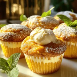 - 1 cup all-purpose flour - 1/2 cup granulated sugar - 1 teaspoon baking powder - 1/2 teaspoon baking soda - 1 teaspoon ground cinnamon - 1/2 teaspoon ground nutmeg - 1/2 teaspoon ground ginger - 1/2 teaspoon salt - 1/2 cup canned pumpkin puree - 1/4 cup vegetable oil - 1 large egg - 1 teaspoon vanilla extract - 1/2 cup cream cheese, softened to room temperature - 1/4 cup powdered sugar - 1 tablespoon milk To create delicious pumpkin cheesecake muffins, you will need both dry and wet ingredients. The dry mix includes flour, sugar, baking powder, baking soda, spices, and salt. These build the muffin's texture and flavor. For the wet mix, you'll use canned pumpkin puree, oil, egg, and vanilla. The pumpkin gives moisture and a rich taste. The egg helps bind everything together. Next, we prepare the cream cheese filling. This sweet and creamy layer adds a delightful surprise inside each muffin. You just mix cream cheese, powdered sugar, and milk until smooth. Gather all these ingredients, and you'll be ready to make some tasty muffins! First, preheat your oven to 350°F (175°C). This step is key for even baking. Next, prepare your muffin tin. You can use paper liners or grease each cup lightly. This makes it easy to remove the muffins later. In a large bowl, combine the dry ingredients. Use the following: - 1 cup all-purpose flour - 1/2 cup granulated sugar - 1 teaspoon baking powder - 1/2 teaspoon baking soda - 1 teaspoon ground cinnamon - 1/2 teaspoon ground nutmeg - 1/2 teaspoon ground ginger - 1/2 teaspoon salt Whisk these until well mixed. In another bowl, mix the wet ingredients. You’ll need: - 1/2 cup canned pumpkin puree - 1/4 cup vegetable oil - 1 large egg - 1 teaspoon vanilla extract Stir until the mixture is smooth. Now, combine the wet and dry ingredients. Pour the wet mix into the dry bowl. Gently stir until just combined. It’s okay if some lumps remain. Avoid overmixing to keep the muffins soft. Now, let’s prepare the cream cheese filling. In a small bowl, beat together: - 1/2 cup cream cheese, softened - 1/4 cup powdered sugar - 1 tablespoon milk Mix until creamy and smooth. Grab a spoon or cookie scoop. Fill each muffin liner halfway with pumpkin batter. Then, add a dollop of cream cheese filling right in the center of each cup. Cover the cream cheese with more pumpkin batter. Fill each liner about three-quarters full. Place your muffin tin in the preheated oven. Bake for 18-20 minutes. To check for doneness, insert a toothpick into the center of a muffin. It should come out clean or with a few moist crumbs. Once baked, take the muffins out and let them cool for about 5 minutes. After that, transfer them to a wire rack to cool completely. To ensure your muffins turn out great, avoid overmixing. When combining wet and dry ingredients, stir gently. Stop as soon as you see no dry flour. A few lumps are fine. Overmixing can make your muffins tough. For an even bake, use a muffin tin that heats well. Rotate the tin halfway through baking. This helps the muffins rise evenly. Also, check for doneness with a toothpick. It should come out clean or with a few crumbs. Make your muffins pop with a light dusting of powdered sugar. You can also drizzle cream cheese icing on top for extra flavor. Serve them on a pretty platter. Adding fresh mint leaves will make it look fancy and fresh. For a fun touch, try placing them in cupcake liners with fun designs. This can make them more inviting for guests or kids. You can prepare the batter in advance. Mix the dry ingredients in one bowl and the wet in another. Keep them separate until you are ready to bake. This can save time, especially for busy mornings. If you want to make the cream cheese filling ahead, store it in the fridge. Just remember to stir it before using. This makes it easy to whip up fresh muffins anytime you like. {{image_4}} To make these muffins even more fun, you can add chocolate chips. Just mix in about half a cup of mini chocolate chips with the pumpkin batter. This addition gives a rich, sweet surprise in each bite. You can also try incorporating nuts or seeds. Chopped walnuts or pecans add a nice crunch. Pumpkin seeds sprinkle a bit of extra flavor and texture. If you want a gluten-free version, swap the all-purpose flour for a gluten-free blend. Many blends work well in baking, so choose your favorite. For those who follow a vegan diet, you can replace the egg with a flax egg. Just mix one tablespoon of ground flaxseed with three tablespoons of water. Let it sit until it thickens. Use a plant-based cream cheese to keep the cream cheese filling vegan-friendly. You can spice things up with different spices. Try adding cardamom or allspice to the mix. These spices bring a warm flavor that fits right in with fall. You can also incorporate additional fall flavors, like maple syrup or apple. A touch of maple in the batter can bring out the sweetness. Chopped apples mixed into the pumpkin batter can create a delicious apple-pumpkin combo. To keep your pumpkin cheesecake muffins fresh, store them in the fridge. Place them in an airtight container. This helps prevent them from drying out. They can last up to five days this way. For long-term storage, freezing is a great option. Allow the muffins to cool completely first. Wrap each muffin tightly in plastic wrap, then place them in a freezer bag. They can stay good in the freezer for up to three months. When you're ready to enjoy them again, just take out the muffins you need. To reheat your muffins, the oven works best. Preheat your oven to 350°F (175°C). Place the muffins on a baking sheet. Heat them for about 10 minutes. This keeps the texture nice and soft. You can also use the microwave. Place a muffin on a microwave-safe plate. Heat it for about 15-20 seconds. This method is quick but may make the muffin a bit chewy. How do I know when the muffins are done baking? You can check if your muffins are done by inserting a toothpick into the center. If it comes out clean or with a few moist crumbs, they are ready. This usually takes 18-20 minutes in the oven at 350°F. Can I double the recipe? Yes, you can double the recipe! Simply double each ingredient and follow the same steps. Just be sure to use two muffin tins or bake in batches. What can I use instead of cream cheese? If you need a substitute for cream cheese, try using Greek yogurt or silken tofu. They both create a creamy texture and add moisture to your muffins. Can I substitute fresh pumpkin for canned? Yes, you can use fresh pumpkin. Just cook and puree the pumpkin first. Measure it to match the amount in the recipe. This can add a lovely flavor! Why are my muffins dense? Dense muffins often result from overmixing the batter. Mix just until combined to keep them light and fluffy. Another reason could be too much flour, so be careful when measuring. How do I fix overmixed muffin batter? If you overmix, there's not much you can do. However, you can add a bit of milk to loosen the batter. This can help, but best to mix gently from the start! You learned how to make delicious pumpkin muffins from scratch using simple ingredients. I shared tips for mixing, baking, and storage to ensure success. Don’t forget variations like adding chocolate chips for extra fun. With these easy steps, you can impress friends and family alike. Enjoy your tasty muffins fresh from the oven or keep some for later. Baking is joyful, and now you have the tools to create amazing flavors. Happy baking!