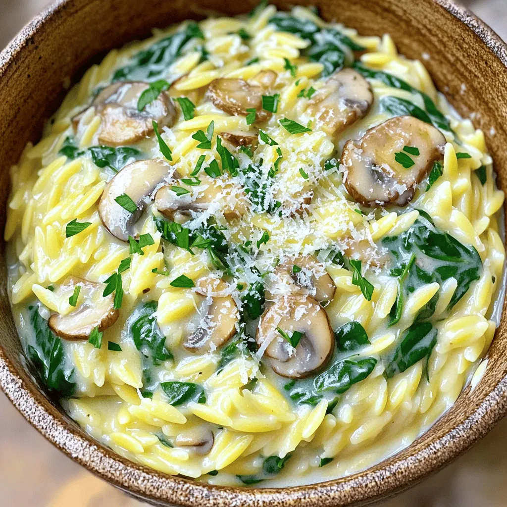 - 1 cup orzo pasta - 2 cups vegetable broth - 1 tablespoon extra-virgin olive oil - 1 medium onion, finely chopped - 2 cloves garlic, minced - 8 oz (about 225g) mushrooms, sliced (cremini or button) - 2 cups fresh spinach, roughly chopped - 1/2 cup heavy cream (or coconut milk as a vegan alternative) - 1/4 cup grated Parmesan cheese (or nutritional yeast for a vegan option) - Salt and freshly ground black pepper to taste - 1 teaspoon dried thyme - Fresh parsley, chopped, for garnish I love using these fresh ingredients for my creamy mushroom spinach orzo. The orzo pasta provides a lovely texture. You can find it in most grocery stores. Vegetable broth adds depth and flavor, making the dish hearty. Olive oil enhances the taste and helps sauté the vegetables. Onions and garlic bring a sweet and savory aroma. I prefer finely chopping the onion to get a nice base. Mushrooms, whether cremini or button, give this dish a rich flavor. Fresh spinach adds color and nutrients, making the dish vibrant. For creaminess, I use heavy cream, but coconut milk works well for a vegan option. Parmesan cheese or nutritional yeast gives it a cheesy flavor. Seasoning with salt, black pepper, and thyme brings everything together. These ingredients create a comforting and satisfying meal. You can easily adjust them based on what you have at home. Enjoy the cooking process and the delicious results! 1. Cooking the orzo: Start by bringing 2 cups of vegetable broth to a simmer in a medium saucepan. Add 1 cup of orzo pasta to the broth. Cook it for 8-10 minutes or until it is al dente. Stir it occasionally to prevent sticking. If it starts to stick, add a splash of broth. 2. Sautéing the vegetables: While the orzo cooks, heat 1 tablespoon of olive oil in a large skillet. Add 1 finely chopped onion and sauté for 3-4 minutes until it turns translucent. Then, add 2 minced garlic cloves and 8 oz of sliced mushrooms. Cook for 5-7 minutes until the mushrooms are golden brown. 3. Combining ingredients: Add 2 cups of roughly chopped spinach to the skillet. Sauté until the spinach wilts, about 2-3 minutes. Season the mix with salt, pepper, and 1 teaspoon of dried thyme for extra flavor. - Instructions for each cooking phase: Once the orzo is cooked, drain any excess broth. Transfer the orzo to the skillet with the vegetables. Lower the heat and pour in 1/2 cup of heavy cream. Stir until everything is mixed well. Gradually add 1/4 cup of grated Parmesan cheese, mixing until it melts and the dish becomes creamy. Taste it and adjust seasonings as needed. - Tips for avoiding common mistakes: Avoid overcooking the orzo; it should remain firm. Stir the mushrooms enough to ensure they brown properly and release moisture. If your spinach is not wilting quickly, raise the heat slightly but keep an eye on it. - Plating techniques: Serve the orzo in shallow bowls. This lets the creamy sauce stand out. - Garnishes to elevate presentation: Add a sprinkle of fresh parsley on top for a pop of color. You can also use extra Parmesan or nutritional yeast for added flavor. Place a few whole spinach leaves or a slice of lemon on the side for a fresh touch. To make your orzo perfect, watch the timing. Cook it until it's al dente. This means it should have a slight bite. Stir often to stop it from sticking. If it seems dry, add a splash of broth. For flavor, use fresh herbs like thyme. They add a nice touch. You can also sprinkle a bit of lemon juice at the end. This adds brightness to the dish. One mistake is overcooking mushrooms. Cook them until they are golden, not mushy. Mushrooms should be soft but still hold their shape. Balancing flavors is key. Taste as you cook. If it’s too salty, add more spinach or cream. This helps mellow the saltiness. Want a quicker meal? Use pre-cooked orzo. You can also use frozen spinach. Just thaw and add it in. If you want to make it ahead, cook the orzo and veggies separately. Combine them just before serving. This keeps everything fresh and tasty. {{image_4}} - Gluten-free options: You can swap orzo with gluten-free pasta. Look for rice or quinoa pasta. These work well and keep the dish tasty and creamy. - Dairy-free alternatives: For a dairy-free version, use coconut milk instead of heavy cream. Nutritional yeast makes a great substitute for Parmesan cheese. This keeps the flavor while making it vegan. - Protein enhancements: Add cooked chicken or tofu for extra protein. Grilled chicken strips give a nice bite. Tofu can soak up all the great flavors of this dish. - Spice and herb variations: Feel free to play with spices! Add red pepper flakes for heat. Fresh basil or oregano can also bring a bright flavor twist. - Using seasonal vegetables: In spring, add asparagus or peas. In fall, try roasted squash or kale. This keeps your dish fresh and exciting with the seasons. - Adjusting for holidays or gatherings: For special occasions, you can top the orzo with crispy bacon bits or serve it as a side to roasted meats. This makes it festive and fun for gatherings. To keep your creamy mushroom spinach orzo fresh, follow these tips: - Refrigeration: Place the orzo in an airtight container. It stays fresh for 3 to 4 days in the fridge. Make sure it cools down before sealing. This prevents condensation, which can make it soggy. - Freezing: You can freeze the orzo for up to 3 months. Store it in freezer-safe containers or bags. When freezing, leave some space in the container. This allows the orzo to expand as it freezes. Reheating the orzo without drying it out is key. Here are some methods: - Stovetop: Heat a skillet over low heat. Add a splash of vegetable broth or water to the orzo. Stir gently until warmed through. This keeps it creamy and moist. - Microwave: Place the orzo in a microwave-safe dish. Add a tablespoon of broth or water. Cover with a lid or microwave-safe wrap. Heat in 30-second intervals, stirring in between to ensure even heating. How long will your creamy mushroom spinach orzo last? - In the fridge, it lasts about 3 to 4 days. After that, it may lose taste and texture. - In the freezer, it can last up to 3 months. Just remember to label your containers with the date. Signs of spoilage include: - Off smell or unusual color - Unpleasant texture - Mold growth If you notice any of these, it's best to toss the dish. Enjoy your creamy mushroom spinach orzo while it’s fresh! What can I use instead of orzo? You can use other pasta shapes like rice, quinoa, or even couscous. Each option gives a different texture. Just remember to adjust the cooking time based on what you choose. Can I make this dish vegan? Yes! Use coconut milk instead of heavy cream. For cheese, swap Parmesan with nutritional yeast. This keeps the creamy flavor while staying plant-based. How can I make it spicier? Add red pepper flakes or some chopped chili peppers. You can also stir in a bit of hot sauce for a kick. Adjust the amount based on your heat preference. - Calories: One serving has about 400 calories. - Fats: Contains around 15 grams of fat from cream and cheese. - Proteins: Offers 10 grams of protein per serving. Health benefits of the ingredients: Mushrooms are high in vitamins and minerals. Spinach is packed with iron and antioxidants. Using vegetable broth keeps it low in calories while adding flavor. What to pair with this dish? Serve it with a light salad or some crusty bread. A side of roasted vegetables complements the flavors well. Best wines or beverages to complement flavors: A crisp white wine, like Sauvignon Blanc, pairs nicely. If you prefer non-alcoholic options, try sparkling water with a slice of lemon. Both enhance the meal's fresh taste. This blog post covered a tasty creamy mushroom spinach orzo recipe. We explored the key ingredients, step-by-step instructions, and helpful tips to ensure success. I shared variations you can try and how to store your dish safely. Remember, cooking can be fun and rewarding. With these tips, you can make a delicious meal that suits your taste. Enjoy experimenting and sharing this dish with others! Your kitchen adventures can lead to great meals and lasting memories.